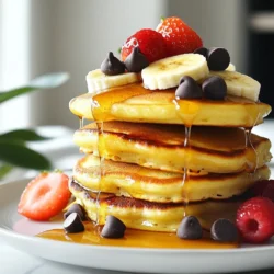 - 1 cup all-purpose flour - 2 tablespoons sugar - 2 teaspoons baking powder - 1/2 teaspoon baking soda - 1/4 teaspoon salt - 1 cup buttermilk (or regular milk with 1 tablespoon lemon juice) - 1 large egg - 2 ripe bananas, mashed - 1/3 cup semi-sweet chocolate chips - Butter or oil for cooking - Fresh berries (for garnish) - Maple syrup (for serving) These ingredients create a fun twist on classic pancakes. The combination of bananas and chocolate chips brings sweet flavor and moist texture. Buttermilk helps make the pancakes fluffy and light. You can swap buttermilk with regular milk if needed. Just add a bit of lemon juice to mimic the tangy taste. Using ripe bananas is key. They add natural sweetness and moisture to the batter. The chocolate chips melt into gooey pockets of joy. You can even experiment with different types of chocolate, like dark or white. Gather fresh berries to add color and a fruity touch. Maple syrup is a must for drizzling on top. It enhances the pancake skewers and ties all the flavors together. With these ingredients, you are set to create an amazing breakfast or snack. Enjoy the process and the delicious result! {{ingredient_image_1}} Start by gathering your dry ingredients. In a large bowl, mix together: - 1 cup all-purpose flour - 2 tablespoons sugar - 2 teaspoons baking powder - 1/2 teaspoon baking soda - 1/4 teaspoon salt Whisk these ingredients well until they blend smoothly. This will form the base of your pancake batter. Next, grab another bowl for your wet ingredients. Combine: - 1 cup buttermilk (or regular milk with 1 tablespoon lemon juice) - 1 large egg - 2 ripe bananas, mashed Mix these together until you achieve a smooth consistency. Now, slowly add the wet mix to the dry mix. Stir gently until just combined. Do not overmix! Finally, fold in 1/3 cup of semi-sweet chocolate chips. Heat a non-stick skillet over medium heat. Add a little butter or oil. Once hot, pour about 1/4 cup of pancake batter into the skillet for each pancake. Make sure to leave space between them. Cook the pancakes until bubbles form on the surface and the edges look set. This will take about 2-3 minutes. When ready, flip the pancakes and cook for another 1-2 minutes until they are golden brown. Remove them from the skillet and let them cool slightly. Now comes the fun part! Take a skewer and stack two pancakes. Place a slice of banana in between each pancake. You can also add mini chocolate chips between pancakes if you like. Once stacked, drizzle some maple syrup over the skewers. For a pop of color, garnish with fresh berries. Now you have a delightful treat to enjoy! To make the best pancakes, avoid overmixing the batter. When you mix the wet and dry ingredients, stir gently. Lumps are okay. Overmixing makes the pancakes tough. For golden pancakes, heat your skillet well before pouring in the batter. Use medium heat and add a small amount of butter or oil. Watch for bubbles on the surface. This shows they are ready to flip. Cook for 2-3 minutes on the first side. Flip and cook for another 1-2 minutes until golden brown. Assembling skewers can be fun and creative. Stack two pancakes on each skewer, with a slice of banana between them. You can also add mini chocolate chips for extra flavor. For garnishes, serve with fresh berries on the side. Drizzle with maple syrup for sweetness. A colorful plate makes the skewers look even more tasty. To boost flavor, try adding spices like cinnamon or vanilla extract to the batter. These little changes can make a big difference. Using different types of chocolate chips can also add variety. Try dark chocolate or white chocolate chips. Each type gives a new twist to your pancake skewers, making them even more delightful. Pro Tips Use Ripe Bananas: The riper the bananas, the sweeter and more flavorful your pancakes will be. Look for bananas with plenty of brown spots for the best results. Don&rsquo;t Overmix: When combining the wet and dry ingredients, mix just until combined. Overmixing can lead to tough pancakes, so a few lumps are okay! Keep Pancakes Warm: If you&rsquo;re making a large batch, keep the pancakes warm in a low oven (around 200&deg;F or 95&deg;C) until you&rsquo;re ready to serve. Experiment with Toppings: Feel free to get creative with toppings! Try adding nuts, whipped cream, or different fruits alongside the maple syrup for a fun twist. {{image_2}} You can easily swap ingredients to fit your needs. For gluten-free pancakes, use a gluten-free flour blend. This will keep your pancakes fluffy and delicious. For buttermilk, you can mix regular milk with lemon juice. This makes a great dairy-free option. You can also use almond milk or oat milk if you prefer. Both options work well. Want to change things up? Try adding nuts or seeds to your batter. Chopped walnuts or sunflower seeds add a nice crunch. You can also use different fruits. Instead of just bananas, mix in some diced strawberries or blueberries. These flavors will make your skewers even better. You can have fun with seasonal themes too. For holidays, use spices like cinnamon or nutmeg. These add warmth and a festive touch. In summer, try using fresh peaches or raspberries. These seasonal fruits make your pancakes bright and tasty. You can create a new theme for each season! To keep your pancake skewers fresh, put them in an airtight container. Place a piece of parchment paper between layers to prevent sticking. Store them in the fridge for up to three days. When you want to enjoy them again, reheat in a skillet over low heat. This warms them nicely without drying them out. You can also use a microwave, but heat them in short bursts to avoid rubbery pancakes. If you want to save some skewers for later, freezing is a great option. Wrap each skewer in plastic wrap and place them in a freezer bag. This keeps them safe from freezer burn. You can freeze them for up to three months. To reheat, take them out and let them thaw in the fridge overnight. For a quick option, microwave them for about one minute. Just make sure they heat all the way through. These pancakes can last in the fridge for about three days when stored correctly. If you notice any mold or an off smell, it&rsquo;s best to toss them. Always trust your senses. Fresh pancakes should smell sweet and inviting, not sour or strange. Keeping an eye on your leftovers helps you enjoy them at their best. Yes, you can use frozen bananas. To use them, first, thaw the bananas completely. You can place them in the fridge overnight or use a microwave for a quick thaw. Once thawed, mash them well before adding to your pancake batter. This method keeps the banana flavor strong, making your pancakes delicious. If you don't have buttermilk, you can make a simple substitute. Mix one cup of regular milk with one tablespoon of lemon juice or vinegar. Let it sit for about five minutes to curdle. This mix works great in the batter and gives a nice tangy taste. To make mini pancake skewers, adjust the pancake size. Use about two tablespoons of batter for each mini pancake. Cook them as you would regular pancakes, but flip them sooner to avoid burning. Stack two mini pancakes with banana slices between them on each skewer. Yes, you can add many ingredients to make your skewers even better. Consider adding nuts for crunch, or swapping in different fruits like strawberries or blueberries. You can also mix in flavored chocolate chips, like dark or white chocolate, for a fun twist. In this post, we explored how to make delicious pancake skewers. We covered necessary ingredients, detailed step-by-step instructions, tips for perfection, fun variations, and storage info. Remember, you can mix and match flavors to suit your taste. Don&rsquo;t hesitate to get creative with your garnishes and add-ins. Making pancake skewers is not just about food; it&rsquo;s about having fun in the kitchen. Enjoy the cooking process and savor every bite. Dive in, and let your pancake creations shine!