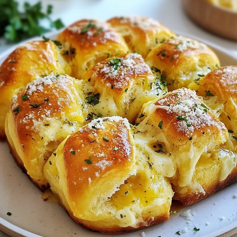 To make Garlic Herb Pull-Apart Bread, you need these main ingredients: - 4 cups all-purpose flour - 1 packet (2 ¼ teaspoons) active dry yeast - 1 teaspoon sugar - 1 ½ teaspoons salt - 1 ½ cups warm water (110°F) - 6 tablespoons unsalted butter, melted - 4 cloves garlic, minced - 2 tablespoons fresh parsley, finely chopped - 1 tablespoon fresh rosemary, finely chopped - 1 tablespoon fresh thyme leaves - 1 teaspoon garlic powder - ½ teaspoon onion powder These ingredients create a soft and flavorful bread. The herbs bring freshness, while the garlic adds depth. You can enhance your pull-apart bread with these optional ingredients: - Grated Parmesan cheese for topping - Fresh herbs like oregano or basil - A sprinkle of crushed red pepper for heat These additions can elevate the flavor and make the bread even more special. If you need substitutes, here are some helpful ideas: - Use bread flour instead of all-purpose flour for a chewier texture. - Instant yeast can replace active dry yeast; just mix it with the dry ingredients. - Olive oil can stand in for melted butter for a different flavor. - Dried herbs can replace fresh ones; use about one-third the amount. These substitutes can help you adapt the recipe based on what you have at home. {{ingredient_image_1}} Start by mixing warm water, yeast, and sugar in a small bowl. The water should be about 110°F. Let it sit for 5 to 10 minutes. You will see bubbles form on top. This shows the yeast is active and ready to use. In a big mixing bowl, add the flour and salt. Make a well in the center. Pour in the yeast mixture and 3 tablespoons of melted butter. Mix until a dough forms. Knead it on a floured surface for 5 to 7 minutes. The dough should feel smooth and elastic. Place it in a greased bowl, cover it, and let it rise in a warm spot for about 1 hour. It should double in size. After the dough rises, punch it down to release air. Turn it out onto a floured surface. Divide the dough into 12 equal pieces and roll each into a ball. In a small bowl, mix the rest of the melted butter with garlic and herbs. Dip each dough ball into this mix, coating it well. Then, place the balls in a greased bundt pan or baking dish. Once arranged, pour any extra herb butter on top. Cover the pan and let it rise again for 30 to 40 minutes. Preheat your oven to 375°F. Bake for 25 to 30 minutes until golden brown. Optionally, sprinkle Parmesan cheese on top while warm. To get the best dough, use warm water. It should be about 110°F. This helps the yeast grow. If the water is too hot, it can kill the yeast. Knead the dough for 5-7 minutes until it feels smooth. This makes the dough elastic and easy to pull apart. Let it rise in a warm spot. The dough should double in size. This step is key for a fluffy bread. Use fresh herbs for the best taste. I love using parsley, rosemary, and thyme. These herbs add a nice touch of flavor. Mince the garlic finely to release its aroma. The garlic powder and onion powder boost the taste, too. Mix all herbs in melted butter before dipping the dough. This ensures each piece is full of flavor. Bake at 375°F for 25-30 minutes. Check the bread when it smells amazing. It should be golden brown on top. If it looks pale, it may need more time. Once baked, let it cool slightly. This helps the bread set. For a special touch, add grated Parmesan cheese on top while it’s warm. This melts beautifully and adds a savory flavor. Pro Tips Proof Your Yeast: Always ensure your yeast is fresh. If your yeast mixture doesn’t become frothy after 10 minutes, it may be expired, and you should start over for the best results. Customize Your Herbs: Feel free to mix and match herbs according to your preference. Basil, oregano, or even a bit of sage can add a delightful twist to the flavor profile. Don’t Rush the Rising: Allowing the dough to rise properly is crucial for achieving a fluffy texture. If your kitchen is cold, consider placing it in a warm spot, like near an oven that's turned off. Serve with Style: Enhance the presentation by serving the bread in a rustic way. Pair it with a small bowl of olive oil infused with herbs or a sprinkle of sea salt for an inviting touch. {{image_2}} You can add cheese for a tasty twist. Use mozzarella or cheddar cheese. Just take some cheese cubes and place them inside each dough ball before coating them in the herb butter. When you bake the bread, the cheese will melt, creating a gooey center. This version is a crowd-pleaser! If you love heat, try adding red pepper flakes. Mix a teaspoon of red pepper flakes into the herb butter. This gives a nice kick to the bread. You can also add some diced jalapeños for extra spice. Adjust the amount to your taste, and enjoy the bold flavors. To make this bread gluten-free, use a gluten-free flour blend. Ensure the blend has xanthan gum for better texture. Follow the same steps in the recipe, but be sure to check the baking time. The bread may need more time to bake. Always check for a golden-brown color to know it’s ready! To keep your Garlic Herb Pull-Apart Bread fresh, store it properly. Let the bread cool completely before wrapping it. Use plastic wrap or foil to cover it tightly. This helps keep the bread soft and moist. Keep it at room temperature for up to 2 days. If you need to store it longer, refrigeration is not the best choice. It can dry out quickly in the fridge. When you're ready to enjoy your bread again, reheating is simple. Preheat your oven to 350°F (175°C). Remove the bread from any wrapping and place it on a baking sheet. Cover it with foil to prevent it from browning too much. Heat for about 10-15 minutes, or until warm. You can also microwave a piece for about 15-20 seconds, but the oven gives better results. Freezing is a great option if you want to save some bread for later. Once the bread is completely cool, slice it into portions. Wrap each piece tightly in plastic wrap and then in foil. This double wrapping helps prevent freezer burn. Place the wrapped pieces in an airtight freezer bag. They can last for up to 3 months in the freezer. When you're ready to eat, thaw the bread in the fridge overnight and then reheat in the oven. You can make this bread ahead of time by preparing the dough and letting it rise. After the first rise, shape the dough into balls and place them in the pan. Cover the pan and store it in the fridge for up to 24 hours. When you're ready, let it sit at room temperature for 30-60 minutes before baking. This way, the bread will still be fresh and fluffy. Yes, you can use a bread machine for this recipe. Add the warm water, yeast, sugar, and melted butter first. Then, add the flour and salt according to your machine's instructions. Set the machine to the dough cycle. Once the dough is ready, follow the steps to shape and bake the bread as usual. It makes the process easier and saves time. Garlic Herb Pull-Apart Bread pairs well with many dishes. You can serve it with soups, salads, or stews. It's also great with dips like marinara or garlic butter. If you want a fun twist, serve it with cheese spreads or herbed olive oil. This bread is perfect for sharing and complements a variety of flavors. In this blog post, we covered how to make Garlic Herb Pull-Apart Bread. We explored key ingredients, step-by-step instructions, and tips for the best results. You learned about fun variations and storage methods, so your bread stays fresh. Remember, with a few tweaks, you can make it your own. I hope you feel inspired to try this recipe. Enjoy the process and share the bread with friends. Happy baking!