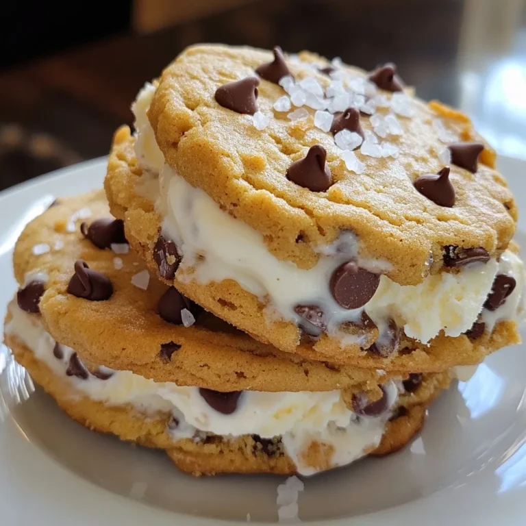 - 1 cup unsalted butter, softened - 3/4 cup brown sugar, packed - 3/4 cup granulated sugar - 1 teaspoon vanilla extract - 2 large eggs - 2 cups all-purpose flour - 1/2 teaspoon baking soda - 1/2 teaspoon salt - 1 cup mini chocolate chips - 2 cups vanilla ice cream (or favorite flavor) - Sea salt flakes for sprinkling (optional) When making cookie dough ice cream sandwiches, you need simple yet essential items. First, you start with butter. I recommend unsalted butter since it gives you more control over the salt in your treats. Both brown sugar and granulated sugar add sweetness and a great texture. Next, you will need eggs. They bind the dough and keep it moist. The vanilla extract adds a warm flavor, making your cookies smell delightful while baking. Then, the dry ingredients come in. All-purpose flour forms the base of your cookie dough. Baking soda helps the cookies rise, creating a soft and chewy texture. You must not forget the salt! It enhances all the sweet flavors. For that extra touch, mini chocolate chips bring a lovely texture and taste. Finally, you can pick your favorite ice cream flavor. I often choose vanilla to keep it classic, but feel free to mix it up! If you want a little crunch, sprinkle some sea salt on top before assembly. It adds a fun twist and balances the sweetness. Enjoy gathering these ingredients; they will create a treat that everyone loves! {{ingredient_image_1}} First, set your oven to 350°F (175°C). This temperature helps the cookies bake evenly. - Cream butter and sugars: In a large bowl, beat 1 cup of softened unsalted butter, 3/4 cup of brown sugar, and 3/4 cup of granulated sugar. Mix until creamy and light, about 2-3 minutes. - Adding eggs and vanilla: Next, add 2 large eggs one at a time. Mix well after each. Stir in 1 teaspoon of vanilla extract until it’s fully combined. - Combining dry ingredients: In a separate bowl, whisk together 2 cups of all-purpose flour, 1/2 teaspoon of baking soda, and 1/2 teaspoon of salt. Gradually add this mixture to the butter mix until just combined. - Folding in chocolate chips: Now, gently fold in 1 cup of mini chocolate chips. Make sure they are evenly spread throughout the dough. - Scooping and spacing the dough: Use a cookie scoop or a tablespoon to drop rounded balls of dough onto prepared baking sheets. Leave space between them to allow for spreading. - Baking time and cooling process: Bake the cookies for 8-10 minutes. The edges should be lightly golden, but the centers should stay soft. Once done, let them cool on the baking sheets for a few minutes. Then, transfer them to wire racks to cool completely. - Layering cookies and ice cream: When the cookies are completely cool, take one cookie and place a scoop of vanilla ice cream on the flat side. Top it with another cookie, flat side down, and gently press them together. - Optional sprinkling of sea salt: If you want to enhance the flavor, sprinkle a small pinch of sea salt flakes on the ice cream before adding the top cookie. - How to properly freeze the assembled sandwiches: Place the assembled sandwiches on a tray and freeze them for at least 30 minutes. This helps them firm up and makes them easier to handle. To achieve the perfect cookie texture, start with soft butter. Cream the butter well with both sugars until light and fluffy. This helps create a soft center with a slight crunch around the edges. To prevent overspreading, ensure you chill the dough for at least 30 minutes before baking. This simple step keeps the cookies thicker and more enjoyable. For a neat assembly, use cookies of similar size. This keeps your sandwich looking great and makes it easier to handle. To keep the ice cream from melting during assembly, work quickly. If needed, place the ice cream back in the freezer while you prepare the cookies. Want to take your cookies to the next level? Try adding nuts or dried fruit to the dough. You can also swap in different flavored chips, like peanut butter or white chocolate. For toppings, consider crushed cookies or sprinkles for added texture and fun. A drizzle of chocolate syrup can also make your sandwich extra special. Pro Tips Chill Your Dough: Refrigerate the cookie dough for at least 30 minutes before baking. This helps the cookies maintain their shape and prevents them from spreading too much while baking. Use Quality Ingredients: Opt for high-quality vanilla extract and chocolate chips. The flavor of your cookies will greatly benefit from it and enhance the overall taste of the sandwich. Don’t Overbake: Pull the cookies out of the oven when the edges are golden but the centers look slightly underbaked. They will continue to firm up as they cool, resulting in a chewy texture. Customize Your Ice Cream: Feel free to experiment with different ice cream flavors or mix-ins like crushed cookies, nuts, or fruit to create unique and delicious ice cream sandwiches. {{image_2}} If you or someone you know has dietary needs, you can still enjoy these treats. For a gluten-free option, replace all-purpose flour with a gluten-free blend. Make sure it has xanthan gum for the right texture. For a vegan adaptation, swap the butter for vegan butter and use flax eggs instead of regular eggs. Mix 1 tablespoon of ground flaxseed with 2.5 tablespoons of water, then let it sit until it thickens. The flavor of the cookie dough can be a fun twist. Try making chocolate cookie dough by adding 1/2 cup of cocoa powder to the dry mix. This rich flavor pairs well with vanilla or chocolate ice cream. You can also use different ice cream flavors to customize your sandwiches. Mint chocolate chip, cookie dough, or even strawberry can create exciting new tastes. Don't be afraid to get creative with toppings and mix-ins. You can sprinkle mini M&Ms, crushed nuts, or sprinkles on the ice cream before adding the top cookie. For a salty-sweet finish, add a small pinch of sea salt on top. These fun additions will make each bite unique and special. To store your assembled sandwiches, wrap each one in plastic wrap. This helps keep them fresh. Place them in an airtight container to prevent freezer burn. You can also stack them in the container with parchment paper in between. This way, they won’t stick together. If you want to enjoy these later, freeze them for a tasty treat. It’s best to freeze the sandwiches for at least 30 minutes after you make them. This helps the ice cream firm up. After that, they can go straight into the freezer for long-term storage. For best freshness, eat your sandwiches within two weeks. After that, they may lose some flavor and texture. If you see ice crystals forming, it’s time to toss them out. Signs of spoilage include a change in color or smell. If the chocolate chips look dull or the cookies seem hard, they are past their prime. Always check before you dig in! Enjoy your delicious cookie dough ice cream sandwiches while they are at their best! To make these tasty treats, follow these steps: 1. Preheat the Oven: First, set your oven to 350°F (175°C) and prepare two baking sheets with parchment paper. 2. Cream Butter and Sugars: In a bowl, mix 1 cup of softened butter, 3/4 cup of brown sugar, and 3/4 cup of granulated sugar. Beat until creamy. 3. Add Eggs and Vanilla: Mix in 2 large eggs one at a time. Then add 1 teaspoon of vanilla extract. 4. Combine Dry Ingredients: In another bowl, whisk 2 cups of all-purpose flour, 1/2 teaspoon of baking soda, and 1/2 teaspoon of salt. Slowly add this mix to the butter mix. 5. Fold in Chocolate Chips: Gently stir in 1 cup of mini chocolate chips until spread evenly. 6. Scoop the Dough: Use a scoop or tablespoon to place dough balls on the prepared sheets, spacing them apart. 7. Bake the Cookies: Bake for 8-10 minutes until edges are golden and centers are soft. Let them cool. 8. Assemble the Sandwiches: Take a cookie, add a scoop of ice cream on the flat side, and top with another cookie. Press gently. 9. Optional - Add Sea Salt: For extra flavor, sprinkle sea salt flakes on the ice cream before adding the top cookie. 10. Freeze the Sandwiches: Place them on a tray and freeze for at least 30 minutes. Yes, you can use store-bought cookies. Look for soft, thick cookies for the best results. Some great options are chocolate chip or oatmeal cookies. They should be big enough to hold the ice cream well. Eating raw cookie dough carries some risks. Raw flour and eggs can contain harmful bacteria. It’s best to bake the cookies first. If you want to enjoy raw dough, consider using heat-treated flour and egg substitutes. This makes it safer. You can store these sandwiches in the freezer for up to 2 months. Make sure they are wrapped well to avoid freezer burn. For the best taste and texture, enjoy them within a month. Making cookie dough ice cream sandwiches is easy and fun. You start with basic ingredients like butter, sugar, and chocolate chips. I showed you how to mix the dough and bake the cookies. Then, we layered them with your favorite ice cream. Remember, you can get creative with flavors and add-ins. Proper storage keeps them fresh longer. Enjoy these treats at parties or just for yourself. They are sure to impress!