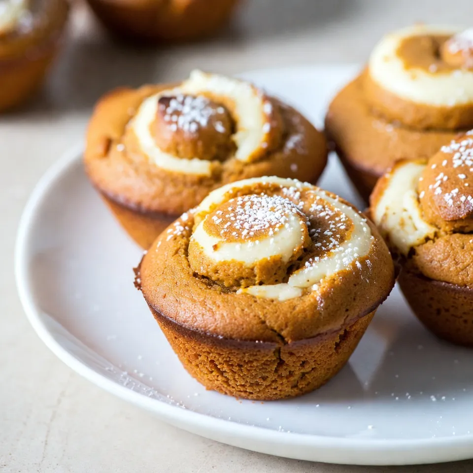 - 1 cup canned pumpkin puree - 1/2 cup vegetable oil - 1 cup brown sugar - 1/2 cup granulated sugar - 2 large eggs - 2 teaspoons vanilla extract - 2 cups all-purpose flour - 1 teaspoon baking powder - 1 teaspoon baking soda - 1 teaspoon ground cinnamon - 1/2 teaspoon ground nutmeg - 1/4 teaspoon ground ginger - 1/2 teaspoon salt - 1/2 cup chopped walnuts (optional) - 8 ounces cream cheese, softened - 1/4 cup granulated sugar - 1 large egg - 1 teaspoon vanilla extract To make these muffins, gather the ingredients first. Using canned pumpkin puree makes it easy. You can find this at any grocery store. The blend of brown sugar and granulated sugar gives the muffins a sweet taste. If you like nuts, add chopped walnuts for crunch. For the cream cheese swirl, you need softened cream cheese. This helps it mix well with the sugar and egg. The vanilla extract adds flavor to both the pumpkin and cream cheese mixtures. These ingredients work together to create a rich, moist muffin. The pumpkin gives it a warm, earthy taste. The cream cheese swirl adds a creamy, tangy layer that pairs perfectly with the spices. Each bite offers a delightful contrast in flavors and textures. {{ingredient_image_1}} - Preheat the oven to 350°F (175°C). - Line a muffin tin with paper liners or grease it lightly. - In a large bowl, combine 1 cup of pumpkin puree, 1/2 cup of vegetable oil, and both sugars. - Add 2 large eggs and 2 teaspoons of vanilla extract. Mix until smooth. - In a separate bowl, whisk together 2 cups of all-purpose flour, baking powder, baking soda, and spices. - Fold the dry mix into the pumpkin mixture until just mixed. Small lumps are okay. - In a bowl, beat 8 ounces of softened cream cheese with 1/4 cup of sugar until smooth. - Add 1 large egg and 1 teaspoon of vanilla extract. Mix until creamy. - Spoon about 1 tablespoon of pumpkin batter into each muffin cup. - Add a dollop of the cream cheese mixture on top. - Use a toothpick to create swirls. - Cover the swirl with more pumpkin batter. - Bake the muffins for 18-22 minutes. A toothpick should come out clean. - Let the muffins cool in the pan for 5 minutes. Then, transfer them to a wire rack to cool completely. - Always use softened cream cheese for easy mixing. Cold cream cheese can clump. - Be careful not to overmix your batter. It helps keep your muffins light and fluffy. - Dust your muffins with powdered sugar before serving. This adds a nice touch of sweetness. - Garnish with a small sprig of mint. It makes your muffins look fresh and vibrant. - If your muffins are dense, check for overmixing. Mix until just combined. - If the cream cheese doesn’t swirl well, make sure it is soft enough. If it’s too stiff, it won’t blend nicely. Pro Tips Use Fresh Pumpkin: For a more intense flavor, consider using fresh pumpkin instead of canned. Roast and puree your pumpkin for a homemade touch. Don't Overmix: Mix the batter just until combined to keep the muffins light and fluffy. A few lumps are perfectly fine! Chill the Cream Cheese: Make sure your cream cheese is soft but not too warm; this helps achieve a smooth swirl without it melting into the batter. Add Extra Spice: Feel free to adjust the spices to your liking. A pinch of cloves or allspice can add a delightful warmth to the muffins. {{image_2}} You can easily make these muffins nut-free. Simply swap out the walnuts for chocolate chips or dried fruit. Chocolate chips add a sweet touch that kids love. Dried fruit brings a chewy texture and natural sweetness. Both options keep your muffins delicious and safe for those with nut allergies. Want to change up the flavor? You can add spices like cloves or allspice. These spices give your muffins a warm and cozy taste. You can also try different extracts, such as almond or maple. If you want a different base, substitute pumpkin puree with applesauce. This change keeps the muffins moist and adds a hint of sweetness. If you need gluten-free muffins, use gluten-free flour instead of all-purpose flour. Many brands work well for baking. For those who follow a vegan diet, there are options too. You can replace eggs with flaxseed meal mixed with water. A vegan cream cheese will work for the swirl. These swaps help everyone enjoy these tasty treats! To keep your pumpkin cream cheese swirl muffins fresh, store them in an airtight container. This helps lock in moisture and flavor. You can use a plastic container or a zip-top bag. Place a piece of parchment paper between layers if stacking. This prevents them from sticking together. - Ideal temperature: Store muffins at room temperature for up to three days. - Refrigeration: If you live in a hot area, keep them in the fridge for up to a week. Freezing muffins is a great way to save them for later. To freeze, first let the muffins cool completely. Then, wrap each muffin in plastic wrap. Place them in a freezer-safe bag or container. This helps prevent freezer burn. - Freezing time: Muffins can last in the freezer for up to three months. - Thawing instructions: To thaw, take a muffin out and let it sit at room temperature for about 30 minutes. You can also warm it in the microwave for about 15 seconds for a fresh taste. To make your muffins sweeter, you can add more sugar. Try increasing the brown sugar or granulated sugar by 1/4 cup. You can also add sweet toppings. A sprinkle of cinnamon sugar on top before baking works well. Another option is to drizzle honey or maple syrup on top after baking. This extra sweetness can enhance the flavor and make them more delightful. Yes, you can use pumpkin pie filling, but it has added spices and sugar. This means you may want to reduce other spices in the recipe. Cut back on cinnamon, nutmeg, and ginger to balance the flavors. You should also reduce the sugar slightly. The muffins will taste sweeter and have a different flavor profile, but they still make a tasty treat. You can tell the muffins are done by checking the tops. They should look puffed and golden. Insert a toothpick into the center of a muffin. If it comes out clean or with just a few crumbs, they are done. If batter sticks to the toothpick, bake for a few more minutes. Keep an eye on them to avoid overbaking, which can dry them out. If you need a dairy-free option, use vegan cream cheese. It gives a similar creaminess and flavor. You could also use Greek yogurt for a tangy taste. Silken tofu blended until smooth is another great choice. These options will change the flavor a bit, but they still provide a nice creamy swirl in your muffins. These pumpkin muffins blend rich flavors and creamy swirls. You learned about key ingredients, and how to make them from start to finish. Tips on serving, troubleshooting, and variations help you get creative. Don’t forget to store the muffins properly for lasting freshness. I hope you feel inspired to bake a batch soon. You'll enjoy the warm aroma and taste from your oven. Happy baking!