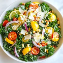 - 1 bunch of fresh kale, stems removed and leaves chopped - 1/2 cup freshly grated Parmesan cheese - 1/4 cup toasted pine nuts - 1/2 cup cherry tomatoes, halved - 1/4 cup red onion, thinly sliced - 1 lemon (zested and juiced) - 3 tablespoons extra virgin olive oil - 1 teaspoon honey - Salt and pepper to taste Kale is a superfood packed with vitamins A, C, and K. It helps your body fight disease and keeps your skin healthy. Parmesan cheese adds a rich, savory taste. It also offers protein and calcium. Pine nuts bring healthy fats and a nice crunch. They help keep your heart healthy. Cherry tomatoes add sweetness and color. They are low in calories and high in vitamins. Red onion adds a mild bite, and it&rsquo;s good for your heart, too. Lemon juice and zest brighten the salad. They add flavor and vitamin C, which boosts your immune system. Using fresh ingredients makes a big difference. Fresh kale tastes better and has more nutrients than pre-packaged greens. Grating Parmesan cheese fresh gives a creamier texture. It melts into the salad nicely. Toasting pine nuts brings out their nutty flavor. Processed ingredients often lack flavor and nutrients. They can also have added sugars or preservatives. Choosing fresh means you get a tastier, healthier salad. Always opt for ripe cherry tomatoes for the best taste. {{ingredient_image_1}} Start with fresh kale. Remove the stems and chop the leaves into bite-sized pieces. Place the kale in a large bowl. Sprinkle a pinch of salt over the chopped kale. Massage the leaves for 3 to 5 minutes. This step softens the kale and brings out its flavor. The leaves will turn bright green and tender. In a small bowl, combine lemon juice and lemon zest. Add extra virgin olive oil, honey, salt, and pepper. Whisk these ingredients together until they blend well. This dressing adds bright flavor to the salad and enhances the kale. The honey balances the acidity of the lemon. Pour the dressing over the massaged kale. Toss the kale well to coat all the leaves evenly. Let the salad sit for about 10 minutes. This allows the kale to soak up the dressing. Next, gently fold in the halved cherry tomatoes, sliced red onion, and grated Parmesan cheese. Each ingredient adds color and flavor. Heat a dry skillet over medium heat. Add the pine nuts to the skillet. Toast them for 3 to 4 minutes. Shake the pan often to prevent burning. The nuts should turn golden brown and fragrant. This step adds a crunchy texture to the salad. Serve the salad in a large, shallow bowl. Top it with the toasted pine nuts just before serving. For a beautiful finish, add extra Parmesan shavings and a sprinkle of lemon zest. This salad is not only tasty but also visually appealing. Enjoy your fresh and flavorful Lemon Parmesan Kale Salad! Massaging kale is key to a tasty salad. First, grab your chopped kale. Add a pinch of salt to the bowl. Use your hands to squeeze and rub the leaves. This helps break down tough fibers. Do this for about 3-5 minutes. The kale will soften and become darker. This step makes the salad more enjoyable to eat. The lemon dressing adds bright flavor to the salad. For a twist, try different citrus. Lime or orange juice works well too. You can also swap honey for maple syrup for a vegan option. Add a dash of mustard for extra zing. Mix and match to find your favorite flavor combo. Serve this salad in a big, shallow bowl. It looks great when you add extra Parmesan shavings on top. A sprinkle of lemon zest adds a pop of color. For a crunch, top it with toasted pine nuts just before serving. Arrange cherry tomatoes and red onion for a beautiful display. This makes the salad not just tasty but pretty too. Pro Tips Massage the Kale: This technique helps to break down the tough fibers in the kale, making it tender and more enjoyable to eat. Use Fresh Ingredients: For the best flavor, opt for fresh lemon juice and high-quality Parmesan cheese; they make a significant difference in taste. Customize Your Nuts: Feel free to substitute pine nuts with walnuts or almonds if you prefer a different flavor or texture in your salad. Let It Marinate: Allowing the salad to sit for 10 minutes after adding the dressing enhances the flavor as the kale absorbs the dressing. {{image_2}} You can easily make this salad heartier by adding proteins. Grilled chicken adds a nice flavor. It is also a great way to make it a full meal. You can use shredded rotisserie chicken for ease. If you prefer plant-based options, try cubed tofu. Make sure to press the tofu first to remove excess water. This helps it absorb the dressing better. While Parmesan shines in this dish, other cheeses work well too. Feta cheese gives a tangy kick. Goat cheese offers a creamy texture that blends nicely. If you want a stronger flavor, try blue cheese. Each choice adds a unique taste to the salad. You can mix and match to find your favorite. Feel free to swap in seasonal ingredients for variety. In spring, add fresh peas or asparagus for extra crunch. Summer calls for fresh cucumbers or bell peppers for a refreshing touch. In fall, roasted sweet potatoes or butternut squash add warmth. Using seasonal produce not only boosts flavor but also keeps the salad exciting. After enjoying your Lemon Parmesan Kale Salad, you can store leftovers in the fridge. Use an airtight container to keep the salad fresh. Make sure to keep the pine nuts separate if you want them crunchy. They can get soft in the dressing. The salad will last about 2 to 3 days in the fridge. To keep your salad fresh, store it in a cool place. Don't add the dressing until you are ready to eat. This keeps the kale crisp. If you notice the kale wilting, you can massage it again with a little salt. This can help revive its texture. Freezing this salad is not the best choice. The kale can become mushy when thawed. You can freeze the dressing, though! Pour the dressing into an ice cube tray. Once frozen, store the cubes in a bag. This way, you can use them later for other salads or dishes. This salad lasts about 2 to 3 days in the fridge. The kale stays fresh due to the dressing. However, the tomatoes may lose some crunch. To keep it fresh, store it in an airtight container. Yes, you can use other nuts like walnuts or almonds. Each nut adds a unique flavor and crunch. If you want a nut-free option, try sunflower seeds or pumpkin seeds instead. Absolutely! This salad is perfect for meal prep. You can make it ahead and store it in portions. Just add the toasted nuts right before eating to keep them crunchy. You can try different dressings based on your taste. A balsamic vinaigrette works great. A creamy Caesar dressing can also be tasty. Feel free to explore and find your favorite! This blog post shared how to make a healthy salad with fresh ingredients, tasty dressings, and fun variations. I explained the benefits of ingredients and how to prepare them step by step. I also offered tips for getting the best taste and ways to store leftovers. In closing, enjoy experimenting with different foods and flavors in your salad. With the right ingredients and a bit of creativity, you can make every meal unique and delicious.