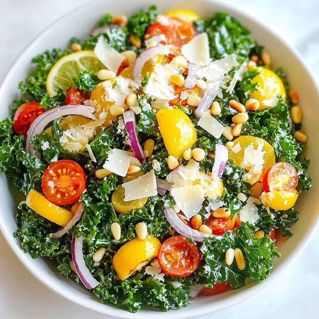 - 1 bunch of fresh kale, stems removed and leaves chopped - 1/2 cup freshly grated Parmesan cheese - 1/4 cup toasted pine nuts - 1/2 cup cherry tomatoes, halved - 1/4 cup red onion, thinly sliced - 1 lemon (zested and juiced) - 3 tablespoons extra virgin olive oil - 1 teaspoon honey - Salt and pepper to taste Kale is a superfood packed with vitamins A, C, and K. It helps your body fight disease and keeps your skin healthy. Parmesan cheese adds a rich, savory taste. It also offers protein and calcium. Pine nuts bring healthy fats and a nice crunch. They help keep your heart healthy. Cherry tomatoes add sweetness and color. They are low in calories and high in vitamins. Red onion adds a mild bite, and it’s good for your heart, too. Lemon juice and zest brighten the salad. They add flavor and vitamin C, which boosts your immune system. Using fresh ingredients makes a big difference. Fresh kale tastes better and has more nutrients than pre-packaged greens. Grating Parmesan cheese fresh gives a creamier texture. It melts into the salad nicely. Toasting pine nuts brings out their nutty flavor. Processed ingredients often lack flavor and nutrients. They can also have added sugars or preservatives. Choosing fresh means you get a tastier, healthier salad. Always opt for ripe cherry tomatoes for the best taste. {{ingredient_image_1}} Start with fresh kale. Remove the stems and chop the leaves into bite-sized pieces. Place the kale in a large bowl. Sprinkle a pinch of salt over the chopped kale. Massage the leaves for 3 to 5 minutes. This step softens the kale and brings out its flavor. The leaves will turn bright green and tender. In a small bowl, combine lemon juice and lemon zest. Add extra virgin olive oil, honey, salt, and pepper. Whisk these ingredients together until they blend well. This dressing adds bright flavor to the salad and enhances the kale. The honey balances the acidity of the lemon. Pour the dressing over the massaged kale. Toss the kale well to coat all the leaves evenly. Let the salad sit for about 10 minutes. This allows the kale to soak up the dressing. Next, gently fold in the halved cherry tomatoes, sliced red onion, and grated Parmesan cheese. Each ingredient adds color and flavor. Heat a dry skillet over medium heat. Add the pine nuts to the skillet. Toast them for 3 to 4 minutes. Shake the pan often to prevent burning. The nuts should turn golden brown and fragrant. This step adds a crunchy texture to the salad. Serve the salad in a large, shallow bowl. Top it with the toasted pine nuts just before serving. For a beautiful finish, add extra Parmesan shavings and a sprinkle of lemon zest. This salad is not only tasty but also visually appealing. Enjoy your fresh and flavorful Lemon Parmesan Kale Salad! Massaging kale is key to a tasty salad. First, grab your chopped kale. Add a pinch of salt to the bowl. Use your hands to squeeze and rub the leaves. This helps break down tough fibers. Do this for about 3-5 minutes. The kale will soften and become darker. This step makes the salad more enjoyable to eat. The lemon dressing adds bright flavor to the salad. For a twist, try different citrus. Lime or orange juice works well too. You can also swap honey for maple syrup for a vegan option. Add a dash of mustard for extra zing. Mix and match to find your favorite flavor combo. Serve this salad in a big, shallow bowl. It looks great when you add extra Parmesan shavings on top. A sprinkle of lemon zest adds a pop of color. For a crunch, top it with toasted pine nuts just before serving. Arrange cherry tomatoes and red onion for a beautiful display. This makes the salad not just tasty but pretty too. Pro Tips Massage the Kale: This technique helps to break down the tough fibers in the kale, making it tender and more enjoyable to eat. Use Fresh Ingredients: For the best flavor, opt for fresh lemon juice and high-quality Parmesan cheese; they make a significant difference in taste. Customize Your Nuts: Feel free to substitute pine nuts with walnuts or almonds if you prefer a different flavor or texture in your salad. Let It Marinate: Allowing the salad to sit for 10 minutes after adding the dressing enhances the flavor as the kale absorbs the dressing. {{image_2}} You can easily make this salad heartier by adding proteins. Grilled chicken adds a nice flavor. It is also a great way to make it a full meal. You can use shredded rotisserie chicken for ease. If you prefer plant-based options, try cubed tofu. Make sure to press the tofu first to remove excess water. This helps it absorb the dressing better. While Parmesan shines in this dish, other cheeses work well too. Feta cheese gives a tangy kick. Goat cheese offers a creamy texture that blends nicely. If you want a stronger flavor, try blue cheese. Each choice adds a unique taste to the salad. You can mix and match to find your favorite. Feel free to swap in seasonal ingredients for variety. In spring, add fresh peas or asparagus for extra crunch. Summer calls for fresh cucumbers or bell peppers for a refreshing touch. In fall, roasted sweet potatoes or butternut squash add warmth. Using seasonal produce not only boosts flavor but also keeps the salad exciting. After enjoying your Lemon Parmesan Kale Salad, you can store leftovers in the fridge. Use an airtight container to keep the salad fresh. Make sure to keep the pine nuts separate if you want them crunchy. They can get soft in the dressing. The salad will last about 2 to 3 days in the fridge. To keep your salad fresh, store it in a cool place. Don't add the dressing until you are ready to eat. This keeps the kale crisp. If you notice the kale wilting, you can massage it again with a little salt. This can help revive its texture. Freezing this salad is not the best choice. The kale can become mushy when thawed. You can freeze the dressing, though! Pour the dressing into an ice cube tray. Once frozen, store the cubes in a bag. This way, you can use them later for other salads or dishes. This salad lasts about 2 to 3 days in the fridge. The kale stays fresh due to the dressing. However, the tomatoes may lose some crunch. To keep it fresh, store it in an airtight container. Yes, you can use other nuts like walnuts or almonds. Each nut adds a unique flavor and crunch. If you want a nut-free option, try sunflower seeds or pumpkin seeds instead. Absolutely! This salad is perfect for meal prep. You can make it ahead and store it in portions. Just add the toasted nuts right before eating to keep them crunchy. You can try different dressings based on your taste. A balsamic vinaigrette works great. A creamy Caesar dressing can also be tasty. Feel free to explore and find your favorite! This blog post shared how to make a healthy salad with fresh ingredients, tasty dressings, and fun variations. I explained the benefits of ingredients and how to prepare them step by step. I also offered tips for getting the best taste and ways to store leftovers. In closing, enjoy experimenting with different foods and flavors in your salad. With the right ingredients and a bit of creativity, you can make every meal unique and delicious.