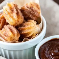 - 1 cup all-purpose flour - 2 tablespoons granulated sugar - 1 teaspoon baking powder - 1/4 teaspoon salt - 1/2 cup water - 2 tablespoons unsalted butter - 1/2 teaspoon vanilla extract - Oil for frying To make churro bites, you need basic ingredients. Combine all-purpose flour, sugar, baking powder, and salt. The water and butter create a smooth dough. Vanilla extract adds a nice touch. Oil is crucial for frying and gives that crispy texture we crave. - 1/4 cup granulated sugar (for coating) - 1 teaspoon ground cinnamon (for coating) After frying, churro bites get a sweet finish with cinnamon sugar. The granulated sugar and ground cinnamon blend together perfectly. This coating adds flavor and a delightful crunch. Toss warm churro bites in this mix for the best results. {{ingredient_image_1}} 1. In a medium pot, combine 1/2 cup water, 2 tablespoons of butter, and 2 tablespoons of granulated sugar. Heat this mix on medium heat. Stir until the butter melts completely. 2. Once melted, take the pot off the heat. Add 1 cup of all-purpose flour, 1 teaspoon of baking powder, and 1/4 teaspoon of salt. Mix until the dough is smooth. Let the dough cool for about 10 minutes. 1. While the dough cools, preheat your oil in a deep pan to 350&deg;F (175&deg;C). This is the right temperature for frying. 2. Get a piping bag or a ziplock bag with a cut corner. Put the dough inside. 3. Pipe small blobs of dough, about 1 inch wide, into the hot oil. Fry them in batches. Don&rsquo;t overcrowd the pan. Fry for 2-3 minutes until they turn golden brown. 1. Use a slotted spoon to remove the churro bites. Place them on a plate lined with paper towels to drain any excess oil. 2. In a bowl, mix 1/4 cup of granulated sugar with 1 teaspoon of ground cinnamon. Toss the warm churro bites in this mix until they are well coated. 3. For a fun look, arrange the churro bites in a small basket lined with parchment paper. Serve with chocolate or caramel sauce for dipping. To make churro bites, the dough must be just right. It should be smooth and not too sticky. This consistency helps create crispy bites. When you mix flour, sugar, and water, stir well to avoid lumps. Let the dough rest for about 10 minutes. This helps it firm up a bit before frying. Frying temperature is crucial. I recommend heating the oil to 350&deg;F (175&deg;C). If the oil is too cool, the churro bites will soak up oil and turn greasy. If it&rsquo;s too hot, they will burn. Use a thermometer for best results. You can mix things up with flavor extracts. Try using almond or orange extract for a twist. Just a few drops add a new layer of taste to your churro bites. For the cinnamon sugar coating, you can change the ratio. If you love sweetness, use more sugar. If you prefer a stronger cinnamon flavor, increase the cinnamon amount. Experiment to find your perfect blend! Pro Tips Use Fresh Oil: Always use fresh oil for frying to ensure your churro bites are crispy and delicious. Old oil can impart an unpleasant flavor and affect the texture. Piping Technique: When piping the dough, keep the tip submerged in the oil to prevent the churro bites from sticking to the surface. This will help them fry evenly. Adjusting Sweetness: Feel free to adjust the amount of sugar in the cinnamon sugar coating based on your personal preference. You can add a pinch of nutmeg for an extra flavor kick! Serving Suggestions: Serve these churro bites warm with a side of chocolate or caramel sauce for dipping. They also pair well with a scoop of vanilla ice cream for a decadent dessert! {{image_2}} You can make churro bites in many fun ways. Here are two favorites: - Chocolate churro bites: Add cocoa powder to the dough for a rich flavor. Mix in about 2 tablespoons of cocoa powder with the flour. After frying, coat them in cinnamon sugar or dip them in melted chocolate for a sweet treat. - Filled churro bites: You can stuff churro bites with creamy fillings. Try using chocolate ganache or dulce de leche. Just pipe the dough into the oil, then use a small syringe to add filling after frying. Serving churro bites is part of the fun. Here are some tasty ideas: - Pairing with dipping sauces: Offer chocolate, caramel, or even a fruit sauce for dipping. Each sauce adds a new flavor to the bites and makes them extra special. - Serving with ice cream: Place warm churro bites next to a scoop of vanilla or chocolate ice cream. The hot and cold mix gives a delightful contrast that everyone loves. You can even drizzle some sauce over the ice cream for added flavor. To keep your churro bites fresh, store them in an airtight container. This helps prevent them from becoming soggy. If you have leftover churros, let them cool to room temperature first. Then, place them in the container. You can store them at room temperature for one day. For longer storage, place them in the fridge for up to three days. Use a glass or plastic container with a tight lid. These containers keep air out and help your churros stay crisp. If you have a lot of churros, stack them in layers. Place parchment paper between layers to avoid sticking. This method keeps them intact and ready to eat. To enjoy your churro bites again, you can reheat them easily. The best method is to use an oven. Preheat the oven to 350&deg;F (175&deg;C). Spread the churros on a baking sheet. Heat them for about 5 to 7 minutes. This method helps restore their crispiness. If you want extra crispiness, try frying them again. Heat oil in a deep frying pan to about 350&deg;F (175&deg;C). Fry the churros for just 30 seconds to 1 minute. This quick fry gives them that fresh, crunchy texture. Enjoy your churros warm, just like when you made them! Churros are tasty fried dough treats. They have a crunchy outside and a soft inside. This snack comes from Spain. It gained popularity in Latin America too. Churros are often served with chocolate sauce. They can be eaten as breakfast or dessert. The first churros appeared in the 19th century. They are now loved worldwide. Yes, you can prepare churro bites in advance. To do this, make the dough early. You can store it in the fridge for a few hours. When ready to fry, let it sit at room temperature for a bit. This helps the dough to warm up. Fry them just before serving for the best taste. If you have leftovers, store them in an airtight container. For frying churro bites, use oils with high smoke points. Canola oil is a great choice. Peanut oil also works well. Both oils make churros crispy without burning. Avoid using olive oil as it has a lower smoke point. Make sure the oil is hot enough, around 350&deg;F (175&deg;C), for perfect frying. Homemade churro bites are simple and fun to make with basic ingredients. You learned how to prepare the dough, fry until golden, and coat in cinnamon sugar. Don&rsquo;t forget the tasty variations and storage tips. These little treats can impress anyone. Whether for a snack or a party, churro bites will please every palate. With these steps, you can enjoy warm, fresh flavors at home. Dive in and savor the goodness you created!