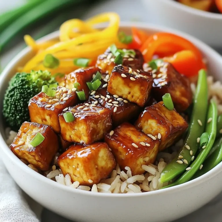 - 14 oz firm tofu, pressed and cubed - 1 cup brown rice or quinoa (gluten-free option) - 2 cups mixed vegetables (bell peppers, broccoli, snap peas) - 3 tablespoons soy sauce - 2 tablespoons freshly grated ginger - 1 tablespoon honey or maple syrup - 1 garlic clove, minced - 1 tablespoon rice vinegar - 1 tablespoon sesame oil - 1 tablespoon olive oil - 1 teaspoon sesame seeds - Chopped green onions for garnish Gathering fresh ingredients makes a big difference. I love using firm tofu for this dish. It holds its shape and absorbs flavors well. Press the tofu first. This step helps remove extra moisture. You want it to be ready to soak up the ginger soy glaze. For the base, I often choose brown rice. It adds a nutty taste and fiber. Quinoa is another great option. It’s gluten-free and adds a nice crunch. You can mix it up based on what you have at home. The mixed vegetables bring color and texture. I like using bell peppers, broccoli, and snap peas. Their bright colors make the bowl more fun. You can pick any of your favorites to switch it up. Now, let’s talk about the sauce. Soy sauce is a must for that umami kick. Freshly grated ginger adds warmth and zest. Honey or maple syrup gives a touch of sweetness. Don’t skip the garlic; it adds depth. Rice vinegar brings a nice tang and balances the flavors. Finally, the cooking oils add richness. Sesame oil gives a unique flavor. Olive oil is great for cooking the tofu. Topping with sesame seeds and green onions makes your dish look pretty and adds a fresh taste. This mix of ingredients makes for a hearty and satisfying meal. You’ll love how everything comes together in these Ginger Soy Glazed Tofu Bowls! {{ingredient_image_1}} - Cook rice or quinoa as per package instructions. Cooking grains is simple. For rice, boil water, add rice, and simmer. For quinoa, rinse it first, then use a 2:1 water ratio. Bring to a boil, then simmer until it’s fluffy. This step ensures a nice base for your bowl. - Whisk together soy sauce, ginger, honey/maple syrup, and garlic. In a bowl, combine three tablespoons of soy sauce, two tablespoons of grated ginger, one tablespoon of honey or maple syrup, and one minced garlic clove. Mix well until smooth. This glaze gives the tofu a rich and sweet flavor. - Heat oils, cook tofu until golden, coat with glaze, and thickening duration. In a non-stick skillet, heat one tablespoon of sesame oil and one tablespoon of olive oil over medium heat. Once hot, add 14 ounces of pressed and cubed tofu. Cook for 5-7 minutes, turning often until golden brown. Pour the ginger soy glaze over the tofu and stir gently. Cook for another 3-4 minutes until the glaze thickens and coats the tofu nicely. - Steam or sauté mixed vegetables until tender-crisp. You can steam your mixed vegetables, like bell peppers, broccoli, and snap peas, for about 3-4 minutes. They should stay bright and crisp. If you prefer a little more flavor, sauté them in a separate pan with a splash of water or oil. - Layer rice/quinoa, top with tofu, vegetables, and garnishes. Take a serving of rice or quinoa and place it in a bowl. Add the ginger soy glazed tofu on top, followed by the steamed vegetables. For extra flavor, drizzle with rice vinegar, sprinkle with sesame seeds, and add chopped green onions. Enjoy your colorful and tasty meal! To get great tofu, start by pressing it. Wrap the tofu in a clean kitchen towel. Place something heavy on top, like a cast iron skillet. Let it sit for at least 15 minutes. This helps remove excess water. Properly pressed tofu absorbs flavors better. For crispy tofu, use high heat. Heat your skillet until it’s hot. Add oil before the tofu. Cook it for about 5-7 minutes. Make sure to turn it to get even browning. You want it golden on all sides. This gives it a nice crunch. Want to kick up the taste? Try adding spices like red pepper flakes or black pepper. For a tangy twist, drizzle some lime juice over the dish. You can also mix in a bit of miso paste into the glaze. Marinated tofu is a game changer. Let the tofu sit in the ginger soy glaze for 30 minutes or even overnight. This gives it a deeper flavor. The longer it marinates, the better it tastes. For sides, serve with a simple salad or steamed greens. Roasted sweet potatoes or bok choy make great additions too. You can also add avocado slices for creaminess. If you’re prepping meals, these bowls are perfect. They store well in the fridge. You can make several at once. For dinner parties, serve the bowls buffet-style. This way, guests can customize their plates. Pro Tips Press Tofu Well: Ensure you press the tofu for at least 30 minutes to remove excess moisture, allowing it to absorb the glaze better. Customize Your Veggies: Feel free to use any seasonal vegetables you like! Just make sure they are cut into similar sizes for even cooking. Glaze Variations: Experiment with different sweeteners like agave syrup or try adding a splash of sriracha for a spicy kick! Make it Ahead: This dish is perfect for meal prep! Cook the tofu and veggies in advance and store them separately for easy assembly during the week. {{image_2}} If you need a gluten-free option, look for gluten-free soy sauce. Brands like tamari work great in this dish. If you want to skip honey, use maple syrup or agave syrup. Both will add a nice sweetness. Tofu is tasty, but you can swap it out for tempeh or seitan. These options have great textures and flavors. If you want even more protein, add some beans. Black beans or chickpeas work well in these bowls. Use seasonal vegetables for freshness. You can try zucchini, carrots, or asparagus. Frozen vegetables are also a smart choice. They are quick and easy to use, saving you time in the kitchen. Just steam or sauté them like you would with fresh veggies. To store leftover ginger soy glazed tofu bowls, let them cool down. Use airtight containers to keep them fresh. Place the tofu, rice or quinoa, and veggies in separate sections if possible. This helps keep the textures nice. Refrigerate them right away. They will stay good for up to 4 days. To reheat tofu without losing its texture, use a skillet. Heat the skillet over medium heat. Add a splash of water or a little oil to help steam the tofu. Place the tofu in the skillet and cook for about 5 minutes. Stir it gently until it warms up. This method keeps your tofu nice and crispy. You can freeze tofu bowls, but it’s best to freeze the tofu and grains separately. This helps maintain their quality. Wrap the tofu tightly in plastic wrap or foil. Use a freezer-safe bag for grains. When ready to eat, thaw them in the fridge overnight. Reheat as usual, and enjoy! To make crispy tofu, you need to press it well. Remove excess water by wrapping the tofu in a towel and placing something heavy on top. After pressing, cut it into cubes. Heat sesame oil and olive oil in a skillet. Cook the tofu for 5-7 minutes until golden brown. Flip the cubes often for even cooking. The right amount of oil and heat helps achieve that perfect crunch. Yes, you can use other grains. Barley, farro, or millet work well too. These grains add different textures and flavors to your bowls. You could even try couscous for a quick option. Just make sure to cook them according to their package instructions. Yes, this recipe is vegan. It uses tofu, which is plant-based. Instead of honey, you can use maple syrup for sweetness. All the ingredients are suitable for a vegan diet, making this dish both healthy and delicious. This dish lasts about 3-4 days in the fridge. Store the tofu and veggies in an airtight container. Keep the rice or quinoa separate if you can. This helps maintain their texture and flavor. This post shared a simple tofu bowl recipe using grains and fresh veggies. You learned how to prepare a tasty ginger soy glaze and cook tofu until crispy. We discussed tips on flavor enhancement and variations like ingredient swaps. Storing leftovers and reheating methods ensure you enjoy this dish later. Now, you can create a delicious, healthy meal that fits your taste. Enjoy making this dish your own!