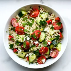 To make this lemon herb couscous salad, you will need: - 1 cup couscous - 1 &frac12; cups vegetable broth - 1 cup cherry tomatoes, halved - 1 cucumber, diced - 1 bell pepper (red or yellow), diced - &frac14; cup red onion, finely chopped - &frac12; cup fresh parsley, chopped - &frac12; cup fresh mint, chopped - Juice of 1 lemon - 3 tablespoons olive oil - Salt and pepper to taste - Feta cheese, crumbled (optional) You can make your salad even better with these add-ins: - Chickpeas for protein - Avocado for creaminess - Olives for a salty kick - Nuts or seeds for crunch These options add flavor and texture. Feel free to mix and match! Fresh herbs bring life to any dish. In this salad, parsley and mint shine. - Parsley adds bright flavor and is rich in vitamins A, C, and K. It also helps digestion. - Mint gives a cool taste and fresh aroma. It can soothe your stomach too. Using fresh herbs boosts both taste and health. They enhance the salad, making it vibrant and full of flavor. {{ingredient_image_1}} Start by boiling 1 &frac12; cups of vegetable broth in a medium saucepan. This broth adds flavor and depth. Once it boils, remove the pan from heat. Stir in 1 cup of couscous. Cover the pan and let it sit for about 5 minutes. The couscous will soak up the broth and become tender. After 5 minutes, fluff the couscous with a fork. Transfer it to a large mixing bowl to cool. While the couscous cools, you can prepare the vegetables. Halve 1 cup of cherry tomatoes and place them in a bowl. Dice 1 cucumber and 1 bell pepper, either red or yellow, and add them to the bowl. Finely chop &frac14; cup of red onion and mix it in as well. These veggies add color and crunch to the salad. Once the couscous is cool, it's time to combine everything. Add the prepared vegetables to the bowl with couscous. In a small bowl, whisk together the juice of 1 lemon, 3 tablespoons of olive oil, salt, and pepper. Pour this dressing over the couscous and veggies. Toss the mixture until all ingredients are coated. Finally, add &frac12; cup of chopped parsley and &frac12; cup of chopped mint. Toss gently to combine. If you like, sprinkle crumbled feta cheese on top for extra flavor. To fluff couscous, let it sit for five minutes after cooking. Use a fork to gently stir. This helps separate the grains. You want light and airy couscous, not clumpy. If it feels sticky, add a splash of olive oil while fluffing. You can serve Lemon Herb Couscous Salad cold or at room temperature. Letting it chill for a bit makes the flavors blend well. If you want a warm salad, serve it right after mixing. Just be sure not to overheat it, as cold ingredients keep it fresh. Seasoning is key for flavor. I use salt and pepper to taste, but you can add more. Fresh herbs like parsley and mint add a burst of flavor. Don&rsquo;t skip the lemon juice; it brings brightness to the dish. For extra zing, try adding a pinch of red pepper flakes or a splash of vinegar. Pro Tips Use Fresh Herbs: Fresh parsley and mint not only enhance the flavor but also add a vibrant color to the dish. Chill Before Serving: Allow the salad to chill in the refrigerator for at least 30 minutes before serving to let the flavors meld together. Customize Your Veggies: Feel free to add or substitute other vegetables like bell peppers or avocado based on your preference. Perfectly Fluffed Couscous: Make sure to fluff the couscous with a fork after it absorbs the broth to avoid clumping. {{image_2}} You can boost the protein in your Lemon Herb Couscous Salad easily. Chicken is a great choice. Grilled chicken adds juicy flavors. You can use rotisserie chicken too. Just shred it and mix it in. If you want a plant-based option, try chickpeas. They add texture and protein. Use canned chickpeas for quick prep. Just rinse and toss them in. If you want to keep it vegetarian, you have many choices. Try adding black beans for a rich taste. Edamame adds a fun crunch and bright color. You can also include roasted vegetables. Roasted zucchini or eggplant work well. They add depth and flavor. These options make the salad filling and tasty. Using seasonal ingredients makes your salad even better. In spring, add fresh peas and asparagus. They bring a sweet taste and lovely color. In summer, use ripe peaches or berries. They add a hint of sweetness. In fall, diced apples or roasted squash can shine. These ingredients keep the salad fresh and exciting all year round. After enjoying your Lemon Herb Couscous Salad, store any leftovers in the fridge. Use an airtight container to keep it fresh. This salad tastes great and stays good for about three days. Just make sure it cools down before sealing it up. I recommend glass or BPA-free plastic containers. These materials keep the salad fresh and let you see what&rsquo;s inside. Choose a container that fits your leftover amount. If you have a lot, use a larger container to avoid squishing the salad. You can freeze couscous salad, but it may change texture. Freezing can make the veggies soggy when thawed. If you want to freeze it, leave out the fresh herbs and dressing. Store it in a freezer-safe container. It can last up to three months. When you&rsquo;re ready to eat, thaw it overnight in the fridge. Then add fresh herbs and dressing before serving. Couscous is a tiny pasta made from durum wheat. It cooks quickly and has a light, fluffy texture. You prepare it by adding hot liquid, like broth, which it absorbs. This makes it a great base for salads. Couscous is popular in North African dishes but is loved worldwide. Yes, you can make this salad ahead of time! Prepare the couscous and let it cool. After it cools, mix in the vegetables and dressing. Store it in the fridge for up to two days. The flavors will blend nicely, making it even tastier. Just give it a quick toss before serving. To make this salad gluten-free, use gluten-free couscous or quinoa instead. Both options work well. Follow the same cooking method as regular couscous. This way, you enjoy the same great taste without gluten. Just remember to check labels for gluten-free verification. Couscous salad offers endless options for flavor and health. You learned about key ingredients, like fresh herbs, and how to prep them. I shared tips for fluffing couscous and serving it just right. You can mix in proteins or seasonal veggies based on your taste. Store leftovers properly to keep them fresh for later. With this guide, you can create a delicious couscous salad that fits your needs. Enjoy making it your own!
