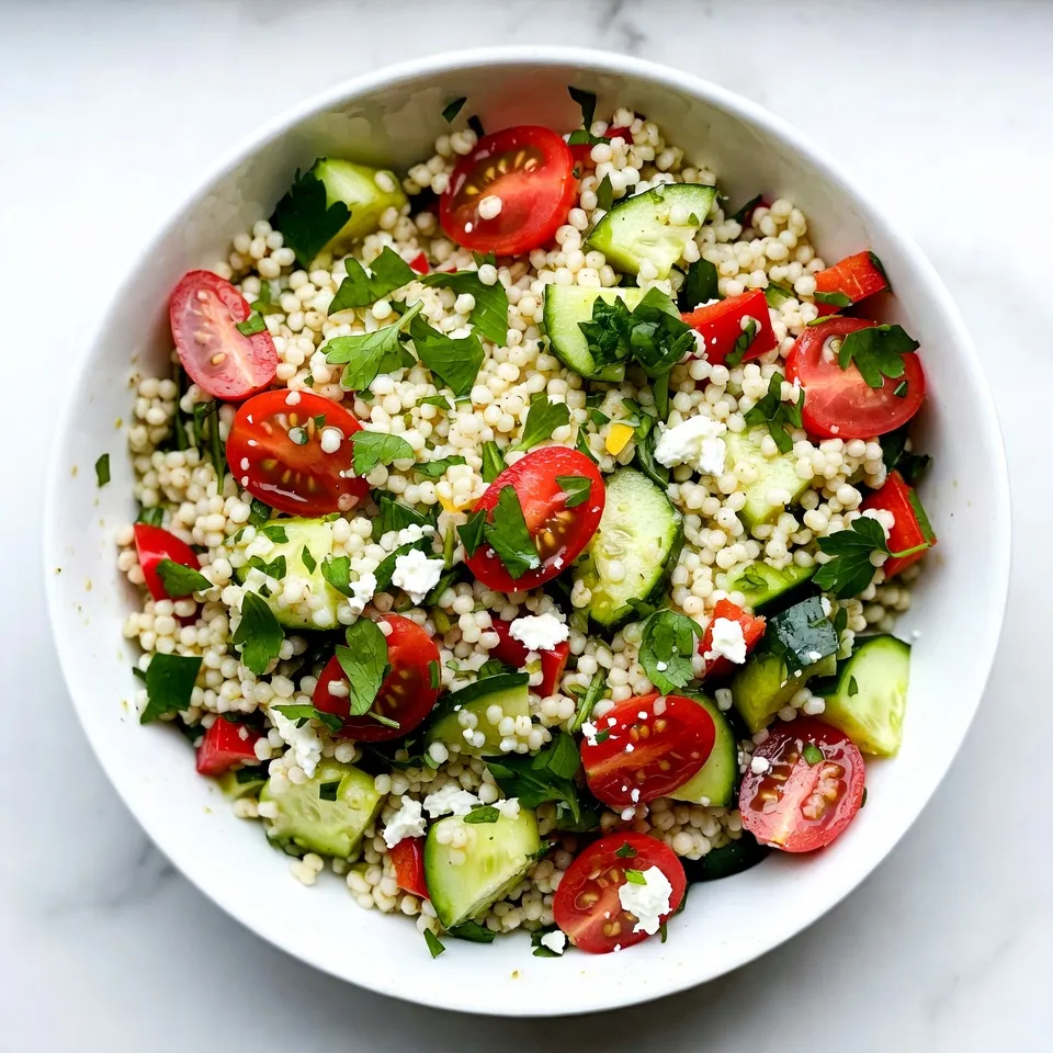 To make this lemon herb couscous salad, you will need: - 1 cup couscous - 1 ½ cups vegetable broth - 1 cup cherry tomatoes, halved - 1 cucumber, diced - 1 bell pepper (red or yellow), diced - ¼ cup red onion, finely chopped - ½ cup fresh parsley, chopped - ½ cup fresh mint, chopped - Juice of 1 lemon - 3 tablespoons olive oil - Salt and pepper to taste - Feta cheese, crumbled (optional) You can make your salad even better with these add-ins: - Chickpeas for protein - Avocado for creaminess - Olives for a salty kick - Nuts or seeds for crunch These options add flavor and texture. Feel free to mix and match! Fresh herbs bring life to any dish. In this salad, parsley and mint shine. - Parsley adds bright flavor and is rich in vitamins A, C, and K. It also helps digestion. - Mint gives a cool taste and fresh aroma. It can soothe your stomach too. Using fresh herbs boosts both taste and health. They enhance the salad, making it vibrant and full of flavor. {{ingredient_image_1}} Start by boiling 1 ½ cups of vegetable broth in a medium saucepan. This broth adds flavor and depth. Once it boils, remove the pan from heat. Stir in 1 cup of couscous. Cover the pan and let it sit for about 5 minutes. The couscous will soak up the broth and become tender. After 5 minutes, fluff the couscous with a fork. Transfer it to a large mixing bowl to cool. While the couscous cools, you can prepare the vegetables. Halve 1 cup of cherry tomatoes and place them in a bowl. Dice 1 cucumber and 1 bell pepper, either red or yellow, and add them to the bowl. Finely chop ¼ cup of red onion and mix it in as well. These veggies add color and crunch to the salad. Once the couscous is cool, it's time to combine everything. Add the prepared vegetables to the bowl with couscous. In a small bowl, whisk together the juice of 1 lemon, 3 tablespoons of olive oil, salt, and pepper. Pour this dressing over the couscous and veggies. Toss the mixture until all ingredients are coated. Finally, add ½ cup of chopped parsley and ½ cup of chopped mint. Toss gently to combine. If you like, sprinkle crumbled feta cheese on top for extra flavor. To fluff couscous, let it sit for five minutes after cooking. Use a fork to gently stir. This helps separate the grains. You want light and airy couscous, not clumpy. If it feels sticky, add a splash of olive oil while fluffing. You can serve Lemon Herb Couscous Salad cold or at room temperature. Letting it chill for a bit makes the flavors blend well. If you want a warm salad, serve it right after mixing. Just be sure not to overheat it, as cold ingredients keep it fresh. Seasoning is key for flavor. I use salt and pepper to taste, but you can add more. Fresh herbs like parsley and mint add a burst of flavor. Don’t skip the lemon juice; it brings brightness to the dish. For extra zing, try adding a pinch of red pepper flakes or a splash of vinegar. Pro Tips Use Fresh Herbs: Fresh parsley and mint not only enhance the flavor but also add a vibrant color to the dish. Chill Before Serving: Allow the salad to chill in the refrigerator for at least 30 minutes before serving to let the flavors meld together. Customize Your Veggies: Feel free to add or substitute other vegetables like bell peppers or avocado based on your preference. Perfectly Fluffed Couscous: Make sure to fluff the couscous with a fork after it absorbs the broth to avoid clumping. {{image_2}} You can boost the protein in your Lemon Herb Couscous Salad easily. Chicken is a great choice. Grilled chicken adds juicy flavors. You can use rotisserie chicken too. Just shred it and mix it in. If you want a plant-based option, try chickpeas. They add texture and protein. Use canned chickpeas for quick prep. Just rinse and toss them in. If you want to keep it vegetarian, you have many choices. Try adding black beans for a rich taste. Edamame adds a fun crunch and bright color. You can also include roasted vegetables. Roasted zucchini or eggplant work well. They add depth and flavor. These options make the salad filling and tasty. Using seasonal ingredients makes your salad even better. In spring, add fresh peas and asparagus. They bring a sweet taste and lovely color. In summer, use ripe peaches or berries. They add a hint of sweetness. In fall, diced apples or roasted squash can shine. These ingredients keep the salad fresh and exciting all year round. After enjoying your Lemon Herb Couscous Salad, store any leftovers in the fridge. Use an airtight container to keep it fresh. This salad tastes great and stays good for about three days. Just make sure it cools down before sealing it up. I recommend glass or BPA-free plastic containers. These materials keep the salad fresh and let you see what’s inside. Choose a container that fits your leftover amount. If you have a lot, use a larger container to avoid squishing the salad. You can freeze couscous salad, but it may change texture. Freezing can make the veggies soggy when thawed. If you want to freeze it, leave out the fresh herbs and dressing. Store it in a freezer-safe container. It can last up to three months. When you’re ready to eat, thaw it overnight in the fridge. Then add fresh herbs and dressing before serving. Couscous is a tiny pasta made from durum wheat. It cooks quickly and has a light, fluffy texture. You prepare it by adding hot liquid, like broth, which it absorbs. This makes it a great base for salads. Couscous is popular in North African dishes but is loved worldwide. Yes, you can make this salad ahead of time! Prepare the couscous and let it cool. After it cools, mix in the vegetables and dressing. Store it in the fridge for up to two days. The flavors will blend nicely, making it even tastier. Just give it a quick toss before serving. To make this salad gluten-free, use gluten-free couscous or quinoa instead. Both options work well. Follow the same cooking method as regular couscous. This way, you enjoy the same great taste without gluten. Just remember to check labels for gluten-free verification. Couscous salad offers endless options for flavor and health. You learned about key ingredients, like fresh herbs, and how to prep them. I shared tips for fluffing couscous and serving it just right. You can mix in proteins or seasonal veggies based on your taste. Store leftovers properly to keep them fresh for later. With this guide, you can create a delicious couscous salad that fits your needs. Enjoy making it your own!