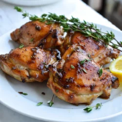 - 4 boneless, skinless chicken thighs - 1/4 cup pure maple syrup - 2 tablespoons Dijon mustard - 1 tablespoon soy sauce (or tamari for gluten-free) - 2 cloves garlic, minced - 1 teaspoon fresh thyme leaves (or 1/3 teaspoon dried thyme) - Salt and pepper to taste - 1 tablespoon olive oil - Slice of lemon for garnish (optional) Gather these ingredients to make Maple Dijon Chicken Thighs. Each item plays a key role in building flavor. The chicken thighs are tender and juicy. Maple syrup adds sweetness, while Dijon mustard gives a nice tang. Soy sauce brings umami, enhancing the dish's depth. Garlic and thyme add aroma and freshness. I always choose fresh thyme when I can. It gives a bright note to the marinade. If you prefer, you can use dried thyme, but fresh thyme shines in this recipe. Salt and pepper are essential for taste. They help balance the sweetness of the maple syrup. Olive oil helps in cooking, adding moisture and richness to the dish. Lastly, a slice of lemon is a nice touch. It brightens the plate and adds a pop of color when serving. With this list, you are ready to create a delightful meal that is both easy and flavorful. Enjoy the cooking process! {{ingredient_image_1}} - First, whisk together the marinade ingredients. Combine maple syrup, Dijon mustard, soy sauce, garlic, thyme, salt, and pepper in a bowl. - Next, coat the chicken thighs well in the marinade. Make sure every part is covered. - For the best flavor, marinate the chicken in the fridge for 30 minutes to 2 hours. This lets the flavors soak in. - Preheat your oven to 400&deg;F (200&deg;C) so it's ready when you need it. - In an oven-safe skillet, heat olive oil over medium-high heat. Wait until it shimmers. - Remove the chicken from the marinade, letting any extra drip off. Place the thighs in the hot skillet. - Sear the chicken for 4-5 minutes on each side. Look for a golden brown color. - Pour the remaining marinade over the chicken. Carefully transfer the skillet to the preheated oven. - Bake for 20-25 minutes. Check if the chicken is done by using a meat thermometer. It should reach 165&deg;F (75&deg;C). - Once finished, take the skillet out of the oven. Cover the chicken with foil for about 5 minutes. This keeps it moist and juicy before you serve. Marinating is key for great flavor. I suggest at least 30 minutes, but 2 hours is better. This gives the chicken time to soak up the sweet and tangy mix. You can adjust the sweetness with more maple syrup. If you want more tang, add extra Dijon mustard. This balance makes each bite tasty. Choose an oven-safe skillet for searing. A good skillet helps the chicken brown nicely. Heat the oil until it shimmers before adding the chicken. This creates a nice crust. When baking, keep an eye on the chicken. Using a meat thermometer helps ensure even cooking. Aim for an internal temperature of 165&deg;F (75&deg;C). This keeps the chicken juicy. Make your dish pop with garnishes. Fresh thyme and lemon slices add color and freshness. Serve the chicken on a platter. Drizzle the pan sauce over the top for a nice look. This simple touch makes your meal even more inviting. Pro Tips Marinate for Maximum Flavor: Allowing the chicken to marinate for at least 2 hours will enhance the flavor significantly. For best results, marinate overnight in the refrigerator. Use an Instant-Read Thermometer: To ensure your chicken is perfectly cooked, use an instant-read thermometer. It should read 165&deg;F (75&deg;C) when done. Pair with Seasonal Vegetables: Serve the chicken with roasted seasonal vegetables to create a well-rounded meal. Carrots, Brussels sprouts, or green beans complement the flavors beautifully. Leftover Storage: Store any leftover chicken in an airtight container in the refrigerator for up to 3 days. Reheat gently to maintain moisture. {{image_2}} You can change up the mustard in this dish. Whole grain mustard gives a nice crunch and texture. It adds a different taste that works well with maple syrup. If you like heat, try spicy mustard. It gives the chicken a kick. Both options can make your dish more fun and unique. To make your chicken even better, add herbs like rosemary or oregano. These herbs bring fresh flavors that match well with maple. You can also add citrus. Squeeze some lemon or orange juice for a zesty tone. Lime adds a nice twist too. These simple changes can elevate your dish to a new level. You can cook these thighs in different ways. Grilling adds a smoky flavor that many love. It gives a nice char on the outside. Baking works too. It&rsquo;s easy and allows the chicken to soak in all the tasty juices. If you want to speed things up, use an Instant Pot. Cook on high for about 10 minutes. Let the pressure release naturally. This method makes the chicken tender and juicy. Each cooking style offers a new taste experience. To store leftovers, let the chicken cool first. Place it in an airtight container. You can keep it in the fridge for up to three days. To keep the chicken moist, add a bit of the pan sauce before sealing the container. This method helps to lock in flavor and moisture. For the best results, reheat in the oven. Preheat your oven to 350&deg;F (175&deg;C). Place the chicken in a baking dish and cover it with foil. Heat for about 15-20 minutes. If you're in a hurry, you can use the microwave. Put the chicken on a microwave-safe plate. Heat it for 1-2 minutes, checking to see if it's warm. You can freeze cooked chicken thighs. Let them cool completely, then wrap each piece in plastic wrap. Place them in a freezer bag for extra protection. They will last for up to three months in the freezer. When you're ready to eat, thaw them in the fridge overnight. For quicker thawing, you can use cold water, changing the water every 30 minutes. The best way to marinate chicken is to mix your ingredients well. Use a bowl to whisk together maple syrup, Dijon mustard, soy sauce, minced garlic, thyme, salt, and pepper. After mixing, coat the chicken thighs in the marinade. Cover and refrigerate for at least 30 minutes. For a deeper flavor, marinate for up to 2 hours. Yes, you can use bone-in chicken thighs. They will take longer to cook. Adjust the cooking time by adding 10-15 minutes to the baking time. Always check the internal temperature to ensure it reaches 165&deg;F. This ensures your chicken is juicy and cooked properly. A meat thermometer helps check if chicken is fully cooked. Insert it into the thickest part of the thigh. The chicken is done when it reaches 165&deg;F. This step is important to keep the chicken safe to eat and ensure it is tender. Yes, you can make this dish ahead of time. Marinate the chicken and store it in the fridge for up to 2 hours. You can also cook the chicken and store it in the fridge for up to 3 days. When ready to eat, just reheat it gently in the oven. This blog covered how to make delicious maple mustard chicken thighs. We discussed the right ingredients, marinating tips, cooking methods, and presentation ideas. You now know how to achieve great flavor and texture. Remember to adjust spices to your taste and explore variations. Proper storage is crucial for keeping your chicken juicy. Enjoy cooking this dish and impress friends or family. With practice, you'll master it quickly!