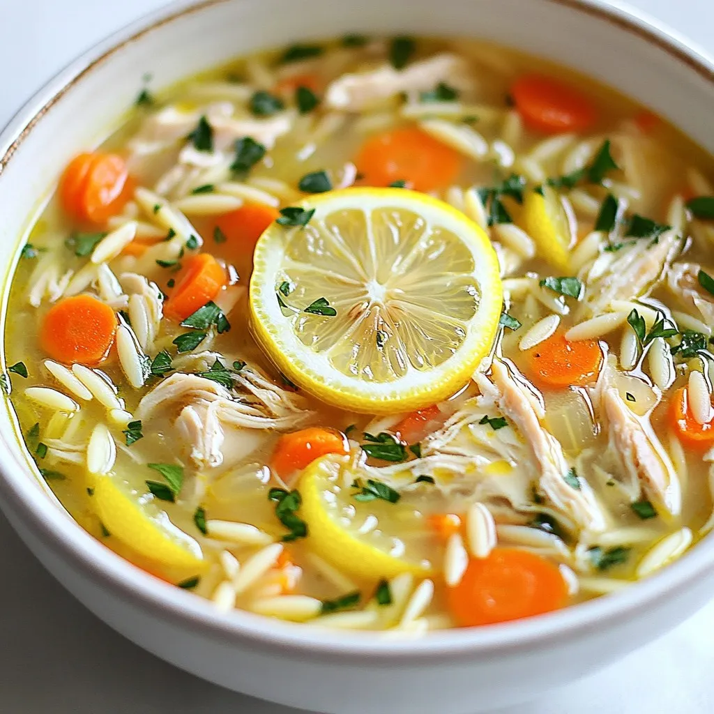 - 1 lb boneless, skinless chicken thighs - 6 cups chicken broth - 1 cup orzo pasta - 3 medium carrots, diced - 2 celery stalks, diced - 1 medium onion, chopped - 3 garlic cloves, minced - 2 large eggs - 1/4 cup fresh lemon juice (about 2 lemons) - Zest of 1 lemon - 1 teaspoon dried oregano - Salt and pepper to taste - Fresh parsley, for garnish You can swap chicken thighs for chicken breasts if you prefer. For a gluten-free option, use rice instead of orzo. If you do not have fresh lemons, bottled lemon juice works, but fresh is best. You can also use different herbs like thyme or dill instead of oregano. When choosing chicken, look for pale, pink skin with no dark spots. Fresh vegetables should feel firm and bright. Carrots should have a nice crunch, while celery should snap easily when bent. For garlic, pick bulbs that are firm and dry. Always choose lemons that feel heavy and have smooth skin for juiciness. {{ingredient_image_1}} To make Greek lemon chicken soup, start by gathering all your ingredients. You will need chicken broth, chicken thighs, diced carrots, diced celery, chopped onion, and minced garlic. 1. In a large pot, mix the chicken broth, chicken thighs, carrots, celery, onion, and garlic. 2. Turn the heat to medium-high and bring this mixture to a boil. 3. Once boiling, lower the heat and cover the pot. Let it simmer for about 20 minutes. The chicken should be fully cooked and tender. Timing is key for this soup. After you simmer for 20 minutes, you can remove the chicken. Use two forks to shred it. This takes just a few minutes. 1. Return the shredded chicken to the pot. 2. Next, add the orzo pasta and dried oregano. 3. Cook for another 10 minutes until the orzo is al dente. Make sure to stir occasionally so nothing sticks to the bottom. Shredding chicken may seem hard, but it is simple. Once the chicken cools a bit, use two forks. 1. Hold one fork in each hand. 2. Use one fork to hold the chicken down. 3. With the other fork, pull apart the chicken into bite-sized pieces. This method works well and saves time. You can have shredded chicken in no time! To get the best flavor, use fresh ingredients. Choose bright lemons and fresh herbs. The lemon juice and zest add a bright taste. Don’t skip the garlic; it gives depth to the soup. Oregano is key for that classic Greek flavor. Always taste the broth. Adjust salt and pepper as needed. One common mistake is boiling the soup after adding the egg mixture. This can curdle the eggs and ruin the texture. Another mistake is overcooking the orzo. It should remain firm, not mushy. Also, be careful with seasoning. Too much salt can overpower the lemon flavor. For a creamier soup, add a bit more egg mixture. Whisk it slowly into the hot broth. This gives a nice body to the soup. If you want a thicker soup, let it simmer longer. The orzo will absorb some broth. For a fun twist, try adding diced avocado or a dollop of yogurt on top. Pro Tips Use Fresh Ingredients: Fresh chicken and vegetables enhance the flavor and nutritional value of the soup. Perfectly Temper the Eggs: Always temper the egg mixture with hot broth before adding it to the soup to avoid curdling. Adjust the Acidity: Taste the soup after adding lemon juice and adjust to your preference for acidity. Let It Sit: Allow the soup to rest for a few minutes after cooking to let the flavors meld together. {{image_2}} You can switch the chicken for other proteins. Try turkey or even shrimp. Both work well with lemon and herbs. For a heartier option, use chickpeas. They add texture and protein, making the soup filling. For a vegetarian version, skip the chicken and use vegetable broth. Replace the chicken with firm tofu, diced into cubes. You can also add more veggies like zucchini, bell peppers, or spinach. These ingredients bring color and flavor without meat. Add depth to your soup with fresh herbs like dill or thyme. These herbs blend well with lemon and make the soup fragrant. For a spicy kick, a pinch of red pepper flakes works wonders. You can also mix in fresh lemon slices for extra zest. After you enjoy your Greek lemon chicken soup, store leftovers in an airtight container. Make sure the soup is cool before sealing. Place it in the fridge. The soup will stay fresh for about 3 to 4 days. If you want to keep it longer, consider freezing it. To freeze the soup, use freezer-safe containers. Leave some space at the top. The soup will expand as it freezes. Label the containers with the date. This soup can last in the freezer for about 2 to 3 months. When you’re ready to eat it, thaw it in the fridge overnight. To reheat the soup, pour it into a pot. Heat it on low to medium heat. Stir it often to avoid hot spots. You can also use the microwave. Heat it in short bursts, stirring in between. Make sure it’s hot throughout before serving. Enjoy your warm and tasty soup! You can use rice if you prefer. Arborio rice works well for a creamy texture. Other options include quinoa or small pasta shapes like ditalini. Each choice adds a unique twist to the soup. Just adjust cooking times as needed. Rice may need more liquid, while quinoa cooks faster. Yes, you can easily make this soup in a slow cooker. Start by adding all the ingredients, except the eggs and lemon juice, to the slow cooker. Set it on low for 6-8 hours or high for 3-4 hours. Shred the chicken before adding the egg and lemon mixture. Stir well and enjoy! To make a dairy-free version, skip the eggs. Instead, use a vegan egg substitute or simply add more lemon juice for creaminess. You can also use coconut milk for a richer taste. This keeps the soup light and flavorful while meeting your dietary needs. In this post, we explored key ingredients for Greek Lemon Chicken Soup and their best substitutes. We covered how to prepare and cook your soup step-by-step, plus tips to avoid common mistakes. You learned about tasty variations, storage options, and helpful FAQs. Now, you have all the tools to create a delicious soup. Dive in and enjoy this comforting dish with family and friends. Happy cooking!