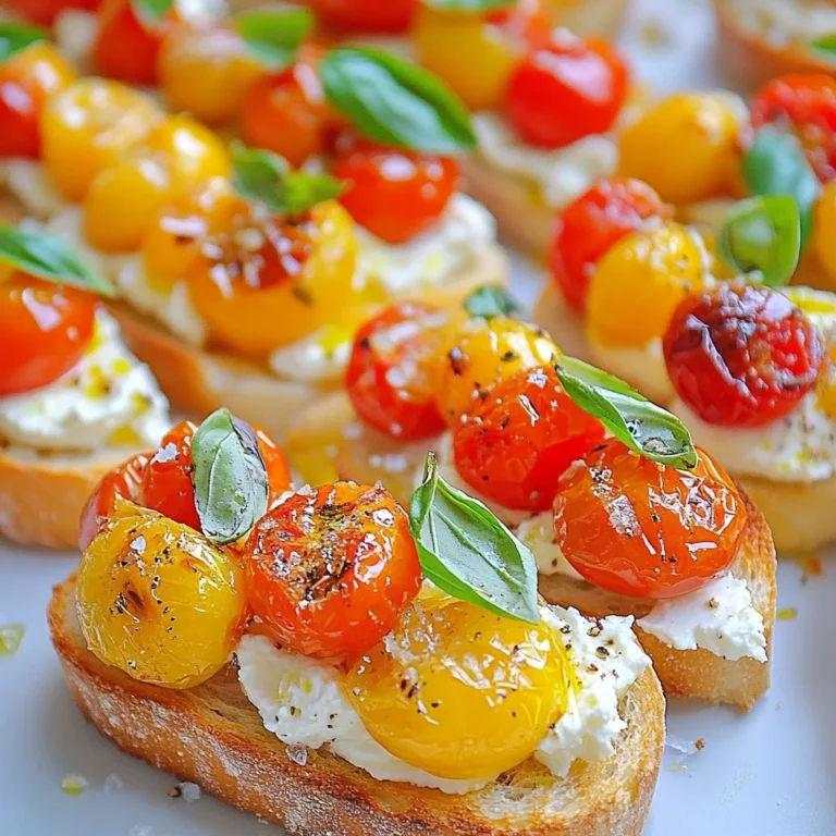 - 2 cups cherry tomatoes, halved - 2 tablespoons olive oil - Salt and pepper to taste - 1 teaspoon balsamic vinegar - 1 clove garlic, minced - 1/4 cup fresh basil leaves, chopped - 1 French baguette, sliced into 1/2-inch thick pieces - 1/4 cup ricotta cheese (optional) - Extra basil leaves for garnish Tips for selecting fresh tomatoes When choosing tomatoes, look for ones that are firm and bright. The skin should be smooth with no blemishes. Smell them; they should have a sweet aroma. Variations in using different types of bread You can use any bread you like! Ciabatta or sourdough works well. Each type adds its own flavor and texture. Substitutions for ricotta cheese If you want to skip ricotta, try cream cheese or a vegan option. A layer of hummus also works great for a different twist. {{ingredient_image_1}} To get started, you must prep the tomatoes and ingredients. First, wash the cherry tomatoes well under cold water. Then, cut them in half. This will help them cook evenly. Next, gather your other ingredients: olive oil, balsamic vinegar, garlic, salt, pepper, and fresh basil. Now, preheat your oven to 400°F (200°C). This is key for roasting the tomatoes correctly. A hot oven helps to caramelize the sugars in the tomatoes. Make sure it reaches the right temperature before putting anything inside. Roasting the tomatoes is the heart of this recipe. In a mixing bowl, combine the halved tomatoes, olive oil, minced garlic, balsamic vinegar, salt, and pepper. Toss everything together so the tomatoes get a nice coat. Spread the seasoned tomatoes in a single layer on a parchment-lined baking sheet. This is important for even cooking. If they overlap, some will not cook well. Roast them for 15-20 minutes until they are soft and slightly caramelized. You will see their juices bubbling and smell that delicious aroma. While your tomatoes roast, prepare the baguette slices. Take a French baguette and slice it into 1/2-inch thick pieces. Lay these on a separate baking sheet. Drizzle a little olive oil on top. This adds flavor and helps achieve that perfect crunch. Toast the bread in the oven for about 5-7 minutes. Keep an eye on them to avoid burning. You want them golden brown and crisp. This will give you a great base for the roasted tomato topping. - Achieving balanced flavors with seasoning: Start with salt and pepper. They enhance the taste of your tomatoes. Add balsamic vinegar for a tangy kick. This balance makes each bite burst with flavor. - The role of fresh ingredients in the dish: Fresh basil and ripe tomatoes are key. They add brightness and depth. Always choose the ripest cherry tomatoes you can find. Fresh basil brings a sweet, aromatic lift that makes the bruschetta shine. - Creative ways to present bruschetta: Serve the bruschetta on a wooden board. This adds a rustic touch. You can also stack them in a tower for a fun look. A drizzle of olive oil on top adds a beautiful finish. - Pairing options for beverages and sides: Pair with a light white wine or sparkling water. A crisp salad or olives can complement the bruschetta well. These sides enhance the fresh flavors of your dish. - Over-roasting the tomatoes: Watch the roasting time. Tomatoes should be soft, not mushy. Aim for 15-20 minutes in the oven. Over-roasting leads to a loss of flavor and texture. - Skipping essential steps in preparation: Always toss your tomatoes with olive oil and seasoning first. This ensures even flavor. Do not forget to toast your bread. A good crunch makes a big difference in texture! Pro Tips Choose Ripe Tomatoes: Select sweet, ripe cherry tomatoes for the best flavor. Look for tomatoes that are firm but slightly soft to the touch. Experiment with Toppings: Feel free to add other toppings like crumbled feta cheese or a drizzle of pesto for an extra flavor boost. Make Ahead: You can prepare the roasted tomatoes in advance and store them in the fridge. Just reheat them before serving for a quick assembly. Use Fresh Basil: Fresh basil makes a significant difference in taste. Try to use it just before serving to keep its vibrant flavor. {{image_2}} You can switch up the tomatoes to change flavors. Heirloom tomatoes add a sweet touch. They come in many colors and shapes, which makes your dish pop. Roma tomatoes are meaty and great for roasting. They hold their shape well, making every bite delicious. Sun-dried tomatoes bring a deep, rich taste. You can chop them finely and mix them in with the roasted tomatoes for added depth. If you want a dairy-free option, use vegan cheese. It melts well and adds creaminess without dairy. Nutritional yeast can also give a cheesy flavor. Other cheeses work too. Goat cheese adds tanginess, while mozzarella brings a classic touch. Feta cheese crumbles beautifully and gives a nice salty kick. To make your bruschetta even better, try adding fresh herbs. Oregano or thyme pairs well with the tomatoes. A pinch of red pepper flakes adds heat. You can also include proteins like prosciutto for a savory bite. Grilled chicken offers a heartier option. Both add great texture and flavor, making your bruschetta a complete dish. To keep your bruschetta fresh, store the tomato mixture and bread separately. Place the roasted tomatoes in an airtight container. This helps keep them juicy. For the bread, use a paper bag or a cloth to keep it crisp. Avoid plastic bags, as they trap moisture. To reheat your toasted baguette slices, preheat your oven to 350°F (175°C). Place the slices on a baking sheet. Heat for about 5-7 minutes or until they are warm and crispy again. Keep the tomato mixture in the fridge. When ready to use, stir it gently before serving. You can freeze roasted tomatoes, but it’s best to use them fresh. If you freeze them, pack them in an airtight container. When thawing, let them sit in the fridge overnight. This keeps their flavor intact. Avoid freezing the bread, as it will lose its crunch. To make bruschetta bread crispy, toast it well. Use a French baguette for the best crunch. Here are some best practices: - Slice the baguette into 1/2-inch thick pieces. - Drizzle olive oil on both sides of each slice. - Toast in a preheated oven at 400°F (200°C) for 5-7 minutes. - Keep an eye on the bread to avoid burning. This method ensures a perfect golden brown and crispy texture. Yes, you can prepare some parts ahead. Here are some preparation tips and timing considerations: - Roast the tomatoes up to a day in advance. Store them in the fridge. - Toast the bread just before serving for maximum crunch. - Mix the tomato and basil right before you assemble the bruschetta. This way, the flavors stay fresh, and the bread remains crispy. You can pair bruschetta with many dishes. Here are some great options: - Serve it with a light salad for a refreshing appetizer. - Pair it with a charcuterie board for a fun gathering. - Enjoy it alongside grilled meats or fish for a delightful main course. These pairings enhance the bruschetta experience and add variety to your meal. This blog post covers how to make delicious roasted tomato basil bruschetta. You learned about the right ingredients, cooking steps, and tips to avoid mistakes. Prioritizing fresh ingredients helps you create vibrant flavors. Remember, there are many ways to customize this dish with different tomatoes and cheeses. Store leftovers properly to enjoy them later. Making bruschetta is easy and fun. Now, you’re ready to impress your friends and family with your new skills. Enjoy every bite and happy cooking!