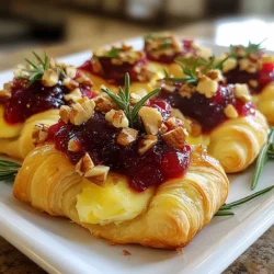 - 1 package refrigerated crescent roll dough - 8 ounces Brie cheese, cut into small pieces - 1 cup cranberry sauce (homemade or store-bought) - 1/4 cup chopped walnuts or pecans (optional) - 1 tablespoon fresh rosemary, finely chopped (or 1 teaspoon dried) - 1 egg, beaten (for egg wash) - Salt and pepper to taste Cranberry Brie Crescent Bites are simple to make. The ingredients blend flavors that create a tasty treat. You need a package of refrigerated crescent roll dough. This dough rolls out easily and adds a nice flaky texture. Brie cheese brings creaminess to each bite. Cut it into small pieces so it melts well. You can use homemade or store-bought cranberry sauce. This sauce adds sweetness and a tart twist. If you like crunch, add chopped walnuts or pecans. They give a lovely texture to each bite. Fresh rosemary adds a nice herbal note. You can also use dried rosemary if that's what you have. The egg wash is for a golden color on top. A pinch of salt and pepper will enhance the flavors. These ingredients make each bite rich and satisfying. Enjoy gathering these items before you start cooking! {{ingredient_image_1}} - Preheat the oven to 375°F (190°C). - Unroll and separate the crescent roll dough into triangles. First, we start by preheating our oven. This step is key to getting those bites perfectly golden. While the oven heats up, I like to handle the dough. Open the package and roll out the crescent dough. Gently separate it into triangles, just like the package shows. It’s so easy! - Place Brie, cranberry sauce, nuts, and rosemary. - Roll the triangles and secure the filling. Now it’s time to assemble! Take a triangle and place a piece of Brie at the wide end. Next, spoon about 1 tablespoon of cranberry sauce over the cheese. If you’re using nuts, sprinkle them on now, along with a bit of rosemary for freshness. Starting from that wide end, roll the dough toward the pointed end. Make sure to tuck in the sides to secure all the yummy filling. This part is fun and creative! - Prepare the baking sheet and egg wash. - Bake until golden brown and cool before serving. For baking, line a baking sheet with parchment paper. Place your rolled bites on the sheet, giving them a little space. Now, beat an egg in a bowl. Brush the tops of each bite with the egg wash. This will give them that beautiful golden color. If you like, sprinkle a tiny bit of salt and pepper on top. Bake them in the oven for about 12 to 15 minutes, or until they're puffed and golden. Once they are baked, let them cool for a few minutes before serving. Enjoy the tasty aroma filling your kitchen! - Choosing the right Brie cheese: Use a creamy Brie for the best flavor. A fresh Brie melts well and gives a smooth texture. Look for one with a soft rind. This adds richness and depth to your bites. - Avoiding dough tear during rolling: Handle your crescent dough gently. Don't stretch it too much while rolling. If a tear happens, just pinch it closed. Keep the filling inside for a better bite. - Optional spices for additional flavor: Add a pinch of cinnamon or nutmeg to the cranberry sauce. This gives a warm taste that pairs well with the cheese. You can also try a little black pepper for a kick. - Adding a glaze for presentation: After baking, brush the tops with honey or maple syrup. This glaze adds shine and sweetness. It makes your bites look as great as they taste. Pro Tips Use Room Temperature Brie: Let the Brie sit at room temperature for about 30 minutes before using it. This makes it easier to spread and enhances its flavor. Experiment with Flavors: Feel free to add different herbs such as thyme or oregano, or use various nuts like almonds for a unique twist on the classic recipe. Golden Egg Wash: For an extra glossy finish, mix a pinch of salt into your beaten egg before brushing it on the dough. Serve Warm: These bites are best served warm right out of the oven. If they cool down, pop them back in the oven for a few minutes to reheat. {{image_2}} You can change up the fillings in your bites. If you want, swap cranberries with other fruits like figs or cherries. You can also use sweet sauces, like a spicy apple chutney. These changes keep the flavor fresh and fun. For cheese, Brie is a classic choice, but you can try others too. Cream cheese or goat cheese offers a different taste. Blue cheese adds a bold flavor, while a sharp cheddar gives a nice twist. Experiment and find what you like best! If you need gluten-free options, look for gluten-free crescent dough. Many brands sell this now. It tastes great and works well in the recipe. For vegan diets, you can use plant-based cheese. Brands like Daiya or Violife offer good alternatives. These cheeses melt nicely and keep the flavor balance intact. You can still enjoy these bites without dairy! To keep your cranberry brie crescent bites fresh, store them in an airtight container. Make sure they cool before sealing. This helps keep them crispy. You can keep them in the fridge for up to three days. After that, they may lose taste and texture. When reheating, aim to restore the bites’ flaky texture. The best method is to use the oven. Preheat it to 350°F (175°C) and bake the bites for about 10 minutes. This warms them evenly and keeps them crispy. If you use a microwave, heat them for short bursts. Try 15-20 seconds at a time. Be careful, as the microwave can make the dough soft and chewy. You want to enjoy these bites at their best! Cranberry Brie Crescent Bites are quick to make. The prep time is about 15 minutes. It takes another 12 to 15 minutes to bake. So, in just 30 minutes, you can serve these tasty bites. Yes, you can freeze these bites. Prepare them as usual but do not bake. Instead, place them on a baking sheet and freeze for about 1 hour. Once they are firm, move them to a freezer bag. They will keep well for up to 2 months. When you are ready to enjoy them, bake from frozen. Just add a few extra minutes to the baking time. Cranberry Brie Crescent Bites pair well with many dishes. Here are some ideas: - A fresh green salad - Cheese platter with various cheeses - Charcuterie board with meats and fruits - Sparkling wine or cider for drinks These bites are sure to impress your guests. Cranberry Brie Crescent Bites are easy and fun to make. You learned about the ingredients, how to prepare them, and baking tips. Remember to experiment with flavors and fillings. These bites are perfect for parties or quick snacks. Proper storage helps keep them fresh, and reheating tips can restore their crunch. I hope you enjoy making this tasty treat as much as I do. You’ll impress your friends and family with these delicious snacks!