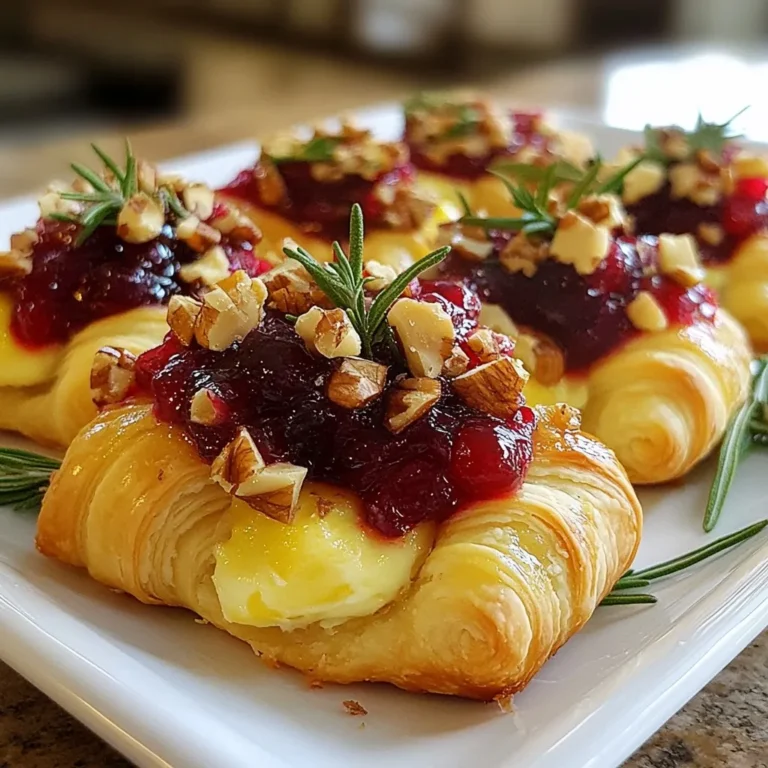 - 1 package refrigerated crescent roll dough - 8 ounces Brie cheese, cut into small pieces - 1 cup cranberry sauce (homemade or store-bought) - 1/4 cup chopped walnuts or pecans (optional) - 1 tablespoon fresh rosemary, finely chopped (or 1 teaspoon dried) - 1 egg, beaten (for egg wash) - Salt and pepper to taste Cranberry Brie Crescent Bites are simple to make. The ingredients blend flavors that create a tasty treat. You need a package of refrigerated crescent roll dough. This dough rolls out easily and adds a nice flaky texture. Brie cheese brings creaminess to each bite. Cut it into small pieces so it melts well. You can use homemade or store-bought cranberry sauce. This sauce adds sweetness and a tart twist. If you like crunch, add chopped walnuts or pecans. They give a lovely texture to each bite. Fresh rosemary adds a nice herbal note. You can also use dried rosemary if that's what you have. The egg wash is for a golden color on top. A pinch of salt and pepper will enhance the flavors. These ingredients make each bite rich and satisfying. Enjoy gathering these items before you start cooking! {{ingredient_image_1}} - Preheat the oven to 375°F (190°C). - Unroll and separate the crescent roll dough into triangles. First, we start by preheating our oven. This step is key to getting those bites perfectly golden. While the oven heats up, I like to handle the dough. Open the package and roll out the crescent dough. Gently separate it into triangles, just like the package shows. It’s so easy! - Place Brie, cranberry sauce, nuts, and rosemary. - Roll the triangles and secure the filling. Now it’s time to assemble! Take a triangle and place a piece of Brie at the wide end. Next, spoon about 1 tablespoon of cranberry sauce over the cheese. If you’re using nuts, sprinkle them on now, along with a bit of rosemary for freshness. Starting from that wide end, roll the dough toward the pointed end. Make sure to tuck in the sides to secure all the yummy filling. This part is fun and creative! - Prepare the baking sheet and egg wash. - Bake until golden brown and cool before serving. For baking, line a baking sheet with parchment paper. Place your rolled bites on the sheet, giving them a little space. Now, beat an egg in a bowl. Brush the tops of each bite with the egg wash. This will give them that beautiful golden color. If you like, sprinkle a tiny bit of salt and pepper on top. Bake them in the oven for about 12 to 15 minutes, or until they're puffed and golden. Once they are baked, let them cool for a few minutes before serving. Enjoy the tasty aroma filling your kitchen! - Choosing the right Brie cheese: Use a creamy Brie for the best flavor. A fresh Brie melts well and gives a smooth texture. Look for one with a soft rind. This adds richness and depth to your bites. - Avoiding dough tear during rolling: Handle your crescent dough gently. Don't stretch it too much while rolling. If a tear happens, just pinch it closed. Keep the filling inside for a better bite. - Optional spices for additional flavor: Add a pinch of cinnamon or nutmeg to the cranberry sauce. This gives a warm taste that pairs well with the cheese. You can also try a little black pepper for a kick. - Adding a glaze for presentation: After baking, brush the tops with honey or maple syrup. This glaze adds shine and sweetness. It makes your bites look as great as they taste. Pro Tips Use Room Temperature Brie: Let the Brie sit at room temperature for about 30 minutes before using it. This makes it easier to spread and enhances its flavor. Experiment with Flavors: Feel free to add different herbs such as thyme or oregano, or use various nuts like almonds for a unique twist on the classic recipe. Golden Egg Wash: For an extra glossy finish, mix a pinch of salt into your beaten egg before brushing it on the dough. Serve Warm: These bites are best served warm right out of the oven. If they cool down, pop them back in the oven for a few minutes to reheat. {{image_2}} You can change up the fillings in your bites. If you want, swap cranberries with other fruits like figs or cherries. You can also use sweet sauces, like a spicy apple chutney. These changes keep the flavor fresh and fun. For cheese, Brie is a classic choice, but you can try others too. Cream cheese or goat cheese offers a different taste. Blue cheese adds a bold flavor, while a sharp cheddar gives a nice twist. Experiment and find what you like best! If you need gluten-free options, look for gluten-free crescent dough. Many brands sell this now. It tastes great and works well in the recipe. For vegan diets, you can use plant-based cheese. Brands like Daiya or Violife offer good alternatives. These cheeses melt nicely and keep the flavor balance intact. You can still enjoy these bites without dairy! To keep your cranberry brie crescent bites fresh, store them in an airtight container. Make sure they cool before sealing. This helps keep them crispy. You can keep them in the fridge for up to three days. After that, they may lose taste and texture. When reheating, aim to restore the bites’ flaky texture. The best method is to use the oven. Preheat it to 350°F (175°C) and bake the bites for about 10 minutes. This warms them evenly and keeps them crispy. If you use a microwave, heat them for short bursts. Try 15-20 seconds at a time. Be careful, as the microwave can make the dough soft and chewy. You want to enjoy these bites at their best! Cranberry Brie Crescent Bites are quick to make. The prep time is about 15 minutes. It takes another 12 to 15 minutes to bake. So, in just 30 minutes, you can serve these tasty bites. Yes, you can freeze these bites. Prepare them as usual but do not bake. Instead, place them on a baking sheet and freeze for about 1 hour. Once they are firm, move them to a freezer bag. They will keep well for up to 2 months. When you are ready to enjoy them, bake from frozen. Just add a few extra minutes to the baking time. Cranberry Brie Crescent Bites pair well with many dishes. Here are some ideas: - A fresh green salad - Cheese platter with various cheeses - Charcuterie board with meats and fruits - Sparkling wine or cider for drinks These bites are sure to impress your guests. Cranberry Brie Crescent Bites are easy and fun to make. You learned about the ingredients, how to prepare them, and baking tips. Remember to experiment with flavors and fillings. These bites are perfect for parties or quick snacks. Proper storage helps keep them fresh, and reheating tips can restore their crunch. I hope you enjoy making this tasty treat as much as I do. You’ll impress your friends and family with these delicious snacks!