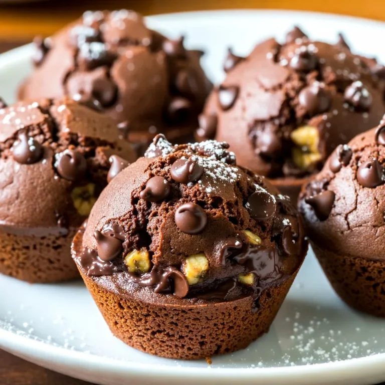 - 2 ripe bananas, mashed - 1/2 cup unsweetened cocoa powder - 1/2 cup granulated sugar - 1/4 cup brown sugar, packed - 1/3 cup vegetable oil - 2 large eggs - 1 teaspoon vanilla extract - 1 1/2 cups all-purpose flour - 1 teaspoon baking powder - 1/2 teaspoon baking soda - 1/4 teaspoon salt - 1 cup semi-sweet chocolate chips - 1/4 cup chopped walnuts (optional) For each ingredient, I recommend using standard measurements. Here is a quick guide: - Bananas: 2 ripe bananas (about 240g when mashed) - Cocoa Powder: 1/2 cup (about 50g) - Granulated Sugar: 1/2 cup (about 100g) - Brown Sugar: 1/4 cup, packed (about 50g) - Vegetable Oil: 1/3 cup (about 80ml) - Eggs: 2 large eggs - Vanilla Extract: 1 teaspoon (about 5ml) - All-Purpose Flour: 1 1/2 cups (about 190g) - Baking Powder: 1 teaspoon (about 5g) - Baking Soda: 1/2 teaspoon (about 2g) - Salt: 1/4 teaspoon (about 1g) - Chocolate Chips: 1 cup (about 175g) - Walnuts (optional): 1/4 cup, chopped (about 30g) You can make some swaps based on your needs: - Use coconut sugar instead of granulated and brown sugar for a healthier option. - For gluten-free muffins, swap all-purpose flour with a gluten-free blend. - You can also replace eggs with applesauce for a vegan option. Use 1/4 cup of unsweetened applesauce per egg. These measurements help ensure consistent results. Always use ripe bananas for the best flavor and sweetness. {{ingredient_image_1}} 1. First, preheat your oven to 350°F (175°C). This step is key for proper baking. 2. Prepare your muffin tin by lining it with paper liners or greasing it with non-stick spray. This helps the muffins come out easily. 3. In a large mixing bowl, mash the ripe bananas. You need about two ripe bananas for this. 4. Add the granulated sugar, brown sugar, vegetable oil, eggs, and vanilla extract to the bowl. Mix everything well until it is smooth. 1. In a separate bowl, sift together the all-purpose flour, cocoa powder, baking powder, baking soda, and salt. Sifting helps remove lumps and mixes the dry ingredients evenly. 2. Gradually add the dry mixture to the wet mixture in the large bowl. Stir gently until just combined. Be careful not to overmix. 3. Fold in the semi-sweet chocolate chips and walnuts, if you are using them. This adds texture and extra chocolatey goodness to your muffins. 1. Spoon the batter into the prepared muffin tin. Fill each cup about two-thirds full. This gives them room to rise. 2. Place the muffin tin in the preheated oven. Bake for 18-20 minutes. To check if they are done, insert a toothpick into the center of a muffin. It should come out clean or with a few moist crumbs. 3. After baking, let the muffins cool in the pan for about 5 minutes. Then, transfer them to a wire rack to cool completely. Enjoy the lovely aroma as they cool! To make the best double chocolate banana muffins, avoid overmixing the batter. When you stir the wet and dry ingredients, mix just until combined. This keeps your muffins light and fluffy. Use ingredients at room temperature. When eggs and oil are warm, they mix better. This helps create a smooth batter. Serve your muffins warm for the best taste. You can dust them with powdered sugar for a sweet touch. Place them on a nice cake stand to make them look fancy. Pair these muffins with coffee or tea for a great snack. Fresh fruit or whipped cream also make tasty sides. Make sure to mash your bananas well. If they're not mashed enough, you may find chunks in your muffins. Watch the baking time closely. If you bake them too long, they will dry out. A toothpick test helps you check doneness. Stick it in the center, and it should come out clean or with a few moist crumbs. Pro Tips Use Overripe Bananas: The riper the bananas, the sweeter and more flavorful your muffins will be. Look for bananas with brown spots for the best results. Don’t Overmix: When combining the wet and dry ingredients, mix just until combined. Overmixing can lead to dense muffins. Chocolate Chip Variation: Try using different types of chocolate chips, like dark chocolate or white chocolate, for a unique twist on the flavor. Storage Tips: Keep the muffins in an airtight container at room temperature for up to three days, or freeze them for up to three months for longer storage. {{image_2}} You can make these muffins gluten-free with a few easy swaps. - Use almond flour or coconut flour instead of all-purpose flour. - You may need to add a binding agent like xanthan gum. This helps hold the muffins together. Check the texture while mixing. Gluten-free batters can be different. They may need more moisture, so adjust by adding a bit more oil or a splash of milk. Going vegan? No problem! - Replace eggs with flax eggs. Mix one tablespoon of ground flaxseed with three tablespoons of water for each egg. Let it sit for a few minutes until it thickens. - Swap dairy with plant-based milk, like almond or oat milk. You can use coconut oil instead of vegetable oil. You might want to lower the sugar a bit since some plant milks can be sweet. Want to jazz up your muffins? Here are some fun ideas! - Add spices like cinnamon or nutmeg for warmth. A teaspoon of cinnamon can make a big difference. - Mix in dried fruit, like raisins or cranberries, for a fruity twist. - You can also add different nuts, like pecans or almonds, for crunch. These changes can make every batch unique and fun! To keep your double chocolate banana muffins fresh, use an airtight container. Place a piece of parchment paper between the muffins to prevent sticking. Store them at room temperature for up to three days. If you want the muffins to last longer, consider refrigerating them. Just make sure to tightly wrap them. Freezing muffins is simple. First, let them cool completely. Then, wrap each muffin in plastic wrap. Place the wrapped muffins in a freezer bag. Label the bag with the date. They can be frozen for up to three months. To defrost, take a muffin out and let it sit at room temperature for about an hour. You can also microwave it for 15-20 seconds for a warm treat. Understanding the shelf life of muffins helps you enjoy them at their best. When stored at room temperature, they last about three days. In the fridge, they can stay fresh for about a week. If you freeze them, you can keep them for up to three months. Always check for any signs of spoilage, like mold or an off smell, before enjoying your muffins. Yes, you can use frozen bananas. They work well in this recipe. Here are some best practices: - Thaw First: Always thaw them before use. - Drain Excess Liquid: After thawing, drain any extra liquid. This keeps the batter from getting too runny. - Mash Well: Mash them thoroughly to ensure even mixing. Frozen bananas add sweetness and moisture, making your muffins extra delicious. If you lack cocoa powder, here are some great substitutes: - Carob Powder: Use the same amount. It has a sweet, earthy flavor. - Dark Chocolate: Melted dark chocolate can work as well. Use about 1 ounce for every 2 tablespoons of cocoa needed. - Unsweetened Chocolate: If you have it, use twice as much melted chocolate as cocoa powder. Each option changes the taste a bit, but all can still create tasty muffins. To check if your muffins are done, follow these tips: - Toothpick Test: Insert a toothpick into the center. If it comes out clean or with a few crumbs, they are ready. - Look for Color: The tops should be firm and slightly domed. - Touch Test: Gently press the top. It should spring back without leaving a mark. These methods will help you bake perfect muffins every time. You now have all the information to bake delicious muffins. We covered the ingredients, measurements, and step-by-step instructions that make baking easy. You learned helpful tips to avoid mistakes and how to adjust recipes for gluten-free or vegan diets. Remember to store your muffins properly for the best taste. With this guide, you can enjoy baking and share your yummy treats with others. Happy baking!