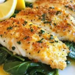 - 4 tilapia fillets - 1 cup grated Parmesan cheese - 1/2 cup breadcrumbs (preferably Italian seasoned) - 2 tablespoons fresh parsley, finely chopped - 1 teaspoon garlic powder - 1 teaspoon onion powder - 1/2 teaspoon black pepper - 1/2 teaspoon salt - 1/4 cup mayonnaise - 2 tablespoons lemon juice - Olive oil for drizzling Each ingredient plays a vital part in this dish. The tilapia fillets provide a mild, flaky base. Parmesan cheese adds a rich, savory flavor. Breadcrumbs create a crunchy topping that contrasts with the soft fish. Fresh parsley brings a bright note and color. Garlic and onion powders boost the savory taste. Salt and pepper enhance all the flavors. Mayonnaise keeps the fish moist and helps the crust stick. Lemon juice adds a tangy zing that brightens the dish. Finally, a drizzle of olive oil helps everything brown nicely. If you don't have an ingredient, here are some swaps: - Tilapia: Use cod or haddock for similar texture and taste. - Parmesan cheese: Grana Padano or Pecorino Romano work well too. - Breadcrumbs: Try panko for extra crunch or gluten-free options if needed. - Fresh parsley: Swap with fresh basil or dill for a new flavor twist. - Mayonnaise: Greek yogurt is a healthy substitute that keeps moisture. - Lemon juice: Lime juice can also add a nice citrus flavor. These options make it easy to adapt the recipe to what you have at home. {{ingredient_image_1}} First, set your oven to 400&deg;F (200&deg;C). This high heat helps the fish cook fast. Next, line a baking sheet with parchment paper. This makes cleanup easy later. It is best to have everything ready before you start cooking. In a medium bowl, add 1 cup of grated Parmesan cheese. Then, add 1/2 cup of breadcrumbs. I suggest using Italian seasoned breadcrumbs for extra flavor. Next, mix in 2 tablespoons of finely chopped parsley, 1 teaspoon of garlic powder, 1 teaspoon of onion powder, 1/2 teaspoon of black pepper, and 1/2 teaspoon of salt. Stir everything well until it looks even. This mix will give your tilapia a tasty crust. In another bowl, combine 1/4 cup of mayonnaise with 2 tablespoons of lemon juice. Mix it until smooth. This creamy mixture helps the crust stick to the fish. Before you start, pat each tilapia fillet dry with a paper towel. This step helps the crust stick better. Then, take a tablespoon of the mayo mixture and spread it on top of each fillet. Make sure to cover the whole surface. Next, take your Parmesan mixture and sprinkle it over the mayo-covered fillets. Press gently so the crust sticks well. Place the crusted fillets on the lined baking sheet. Drizzle a little olive oil on each fillet to help with browning and flavor. Finally, bake the fillets in the oven for 12 to 15 minutes. The fish should flake easily with a fork when done. The crust will also be golden and crispy. After baking, let the fillets rest for a couple of minutes before serving. Enjoy your tasty dish! To get a great crust, use fresh Parmesan cheese. Grate it yourself for the best flavor. Mix the cheese with breadcrumbs and spices well. Press the mixture onto the fish firmly. This helps it stick better during baking. A little olive oil on top adds crispiness too. Before cooking, make sure to pat the tilapia dry. This step is key for a crispy crust. Bake the fish at 400&deg;F (200&deg;C) for 12 to 15 minutes. Watch for the fish to flake easily with a fork. If it does, it is ready to eat and should be moist inside. Serve your Parmesan crusted tilapia on a bed of fresh spinach. This adds color and nutrients. Steamed vegetables like broccoli or green beans pair well too. A squeeze of lemon juice brightens the dish. Don't forget lemon wedges for a nice touch! Pro Tips Dry the Fillets: Patting the tilapia fillets dry with a paper towel helps the crust adhere better, resulting in a crispier finish. Fresh Ingredients: Using fresh parsley instead of dried will enhance the flavor and presentation of your dish. Experiment with Flavors: Feel free to add different herbs and spices to the breadcrumb mixture for a unique twist on the classic recipe. Rest Before Serving: Letting the fish rest for a couple of minutes after baking allows the juices to redistribute, ensuring a moist and flavorful fillet. {{image_2}} You can change the flavor of Parmesan crusted tilapia by using different herbs and spices. Try adding dried thyme, oregano, or basil for a fresh twist. You can also mix in some paprika for a smoky kick. If you like heat, a pinch of cayenne pepper will add some spice. Experimenting with these flavors can make this dish your own. While tilapia is a popular choice, you can use other fish too. Cod or haddock work well and have a mild taste. For a richer flavor, try salmon. Each fish has a unique texture, which can change the dish's feel. Be sure to adjust the cook time based on the thickness of the fillets you choose. If you need gluten-free options, use gluten-free breadcrumbs. These can often be found at your local store. For a dairy-free version, swap the Parmesan cheese with nutritional yeast. This gives a cheesy flavor without the dairy. Also, use a dairy-free mayo to keep the crust creamy. By making these swaps, you can enjoy this dish without worry. To store leftover Parmesan crusted tilapia, let it cool first. Place the fillets in an airtight container. You can keep it in the fridge for up to three days. If you want to prevent sogginess, try to keep the crust separate if possible. To reheat, use an oven or toaster oven for the best results. Preheat the oven to 350&deg;F (175&deg;C). Place the tilapia on a baking sheet. Heat for about 10 to 15 minutes, until it warms through and the crust stays crisp. Avoid the microwave, as it can make the crust chewy. If you want to freeze the tilapia, wrap each fillet in plastic wrap. Then, place them in a freezer-safe bag. This method helps keep the fish fresh. You can store it in the freezer for up to two months. When ready to eat, thaw it overnight in the fridge before reheating. You should bake Parmesan Crusted Tilapia for 12 to 15 minutes. This time ensures the fish cooks through and the crust gets golden and crispy. To check if it&rsquo;s done, use a fork. If the fish flakes easily, it&rsquo;s ready to serve! Yes, you can use frozen tilapia. Just make sure to thaw it first. Place the frozen fillets in the fridge overnight or run them under cool water for quick thawing. Pat them dry well before adding the mayo and crust. Proper drying helps the crust stick better. Parmesan Crusted Tilapia pairs well with many sides. Here are some great options: - Fresh spinach salad - Steamed broccoli or green beans - Rice or quinoa - Roasted potatoes You can also add lemon wedges for extra zing. These sides will make your meal colorful and tasty! You now have a full guide to making Parmesan Crusted Tilapia. We discussed key ingredients, tips for perfect cooking, and variations you can try. Remember, this dish is easy and fun to make. The combination of flavors will impress your family and friends. Use leftovers wisely and store them for later enjoyment. This recipe is not just simple; it&rsquo;s also flexible. You can easily adjust it to fit your taste. Try it out and enjoy every bite!