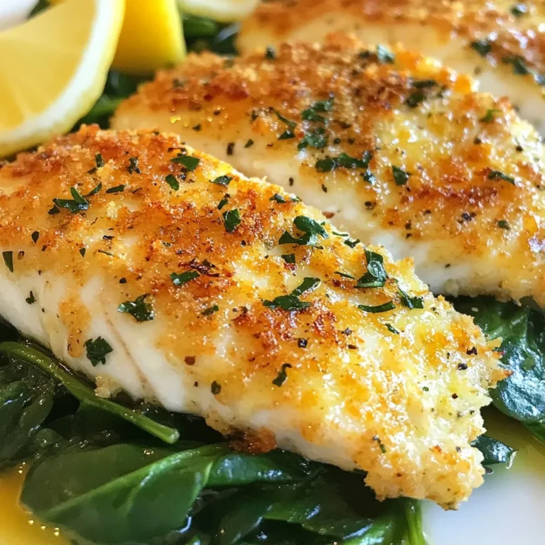 - 4 tilapia fillets - 1 cup grated Parmesan cheese - 1/2 cup breadcrumbs (preferably Italian seasoned) - 2 tablespoons fresh parsley, finely chopped - 1 teaspoon garlic powder - 1 teaspoon onion powder - 1/2 teaspoon black pepper - 1/2 teaspoon salt - 1/4 cup mayonnaise - 2 tablespoons lemon juice - Olive oil for drizzling Each ingredient plays a vital part in this dish. The tilapia fillets provide a mild, flaky base. Parmesan cheese adds a rich, savory flavor. Breadcrumbs create a crunchy topping that contrasts with the soft fish. Fresh parsley brings a bright note and color. Garlic and onion powders boost the savory taste. Salt and pepper enhance all the flavors. Mayonnaise keeps the fish moist and helps the crust stick. Lemon juice adds a tangy zing that brightens the dish. Finally, a drizzle of olive oil helps everything brown nicely. If you don't have an ingredient, here are some swaps: - Tilapia: Use cod or haddock for similar texture and taste. - Parmesan cheese: Grana Padano or Pecorino Romano work well too. - Breadcrumbs: Try panko for extra crunch or gluten-free options if needed. - Fresh parsley: Swap with fresh basil or dill for a new flavor twist. - Mayonnaise: Greek yogurt is a healthy substitute that keeps moisture. - Lemon juice: Lime juice can also add a nice citrus flavor. These options make it easy to adapt the recipe to what you have at home. {{ingredient_image_1}} First, set your oven to 400°F (200°C). This high heat helps the fish cook fast. Next, line a baking sheet with parchment paper. This makes cleanup easy later. It is best to have everything ready before you start cooking. In a medium bowl, add 1 cup of grated Parmesan cheese. Then, add 1/2 cup of breadcrumbs. I suggest using Italian seasoned breadcrumbs for extra flavor. Next, mix in 2 tablespoons of finely chopped parsley, 1 teaspoon of garlic powder, 1 teaspoon of onion powder, 1/2 teaspoon of black pepper, and 1/2 teaspoon of salt. Stir everything well until it looks even. This mix will give your tilapia a tasty crust. In another bowl, combine 1/4 cup of mayonnaise with 2 tablespoons of lemon juice. Mix it until smooth. This creamy mixture helps the crust stick to the fish. Before you start, pat each tilapia fillet dry with a paper towel. This step helps the crust stick better. Then, take a tablespoon of the mayo mixture and spread it on top of each fillet. Make sure to cover the whole surface. Next, take your Parmesan mixture and sprinkle it over the mayo-covered fillets. Press gently so the crust sticks well. Place the crusted fillets on the lined baking sheet. Drizzle a little olive oil on each fillet to help with browning and flavor. Finally, bake the fillets in the oven for 12 to 15 minutes. The fish should flake easily with a fork when done. The crust will also be golden and crispy. After baking, let the fillets rest for a couple of minutes before serving. Enjoy your tasty dish! To get a great crust, use fresh Parmesan cheese. Grate it yourself for the best flavor. Mix the cheese with breadcrumbs and spices well. Press the mixture onto the fish firmly. This helps it stick better during baking. A little olive oil on top adds crispiness too. Before cooking, make sure to pat the tilapia dry. This step is key for a crispy crust. Bake the fish at 400°F (200°C) for 12 to 15 minutes. Watch for the fish to flake easily with a fork. If it does, it is ready to eat and should be moist inside. Serve your Parmesan crusted tilapia on a bed of fresh spinach. This adds color and nutrients. Steamed vegetables like broccoli or green beans pair well too. A squeeze of lemon juice brightens the dish. Don't forget lemon wedges for a nice touch! Pro Tips Dry the Fillets: Patting the tilapia fillets dry with a paper towel helps the crust adhere better, resulting in a crispier finish. Fresh Ingredients: Using fresh parsley instead of dried will enhance the flavor and presentation of your dish. Experiment with Flavors: Feel free to add different herbs and spices to the breadcrumb mixture for a unique twist on the classic recipe. Rest Before Serving: Letting the fish rest for a couple of minutes after baking allows the juices to redistribute, ensuring a moist and flavorful fillet. {{image_2}} You can change the flavor of Parmesan crusted tilapia by using different herbs and spices. Try adding dried thyme, oregano, or basil for a fresh twist. You can also mix in some paprika for a smoky kick. If you like heat, a pinch of cayenne pepper will add some spice. Experimenting with these flavors can make this dish your own. While tilapia is a popular choice, you can use other fish too. Cod or haddock work well and have a mild taste. For a richer flavor, try salmon. Each fish has a unique texture, which can change the dish's feel. Be sure to adjust the cook time based on the thickness of the fillets you choose. If you need gluten-free options, use gluten-free breadcrumbs. These can often be found at your local store. For a dairy-free version, swap the Parmesan cheese with nutritional yeast. This gives a cheesy flavor without the dairy. Also, use a dairy-free mayo to keep the crust creamy. By making these swaps, you can enjoy this dish without worry. To store leftover Parmesan crusted tilapia, let it cool first. Place the fillets in an airtight container. You can keep it in the fridge for up to three days. If you want to prevent sogginess, try to keep the crust separate if possible. To reheat, use an oven or toaster oven for the best results. Preheat the oven to 350°F (175°C). Place the tilapia on a baking sheet. Heat for about 10 to 15 minutes, until it warms through and the crust stays crisp. Avoid the microwave, as it can make the crust chewy. If you want to freeze the tilapia, wrap each fillet in plastic wrap. Then, place them in a freezer-safe bag. This method helps keep the fish fresh. You can store it in the freezer for up to two months. When ready to eat, thaw it overnight in the fridge before reheating. You should bake Parmesan Crusted Tilapia for 12 to 15 minutes. This time ensures the fish cooks through and the crust gets golden and crispy. To check if it’s done, use a fork. If the fish flakes easily, it’s ready to serve! Yes, you can use frozen tilapia. Just make sure to thaw it first. Place the frozen fillets in the fridge overnight or run them under cool water for quick thawing. Pat them dry well before adding the mayo and crust. Proper drying helps the crust stick better. Parmesan Crusted Tilapia pairs well with many sides. Here are some great options: - Fresh spinach salad - Steamed broccoli or green beans - Rice or quinoa - Roasted potatoes You can also add lemon wedges for extra zing. These sides will make your meal colorful and tasty! You now have a full guide to making Parmesan Crusted Tilapia. We discussed key ingredients, tips for perfect cooking, and variations you can try. Remember, this dish is easy and fun to make. The combination of flavors will impress your family and friends. Use leftovers wisely and store them for later enjoyment. This recipe is not just simple; it’s also flexible. You can easily adjust it to fit your taste. Try it out and enjoy every bite!