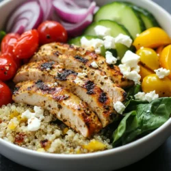 To make Greek Chicken Gyro Bowls, you need the following main ingredients: - 2 boneless, skinless chicken breasts - 3 tablespoons olive oil - 2 tablespoons Greek yogurt - 2 tablespoons lemon juice - 3 cloves garlic, minced - 1 tablespoon dried oregano - 1 teaspoon ground cumin - Salt and pepper to taste - 1 cup cooked quinoa or rice - 1 large cucumber, diced - 1 cup cherry tomatoes, halved - 1 red onion, thinly sliced - 1 cup baby spinach These ingredients blend to give your dish the perfect balance of flavor and nutrition. The chicken marinates in a mix of olive oil, Greek yogurt, lemon juice, garlic, oregano, cumin, salt, and pepper. This makes the chicken tender and delicious. The quinoa or rice serves as a great base to hold all the tasty toppings. Adding optional toppings can elevate your Greek Chicken Gyro Bowls. Here are some to consider: - Feta cheese, crumbled - Kalamata olives, pitted and halved - Pita bread, warmed Feta cheese adds a creamy texture, while Kalamata olives give a salty bite. Warm pita bread on the side rounds out the meal nicely. Feel free to mix and match to your liking! You can easily swap some ingredients if you need to. Here are a few substitutions: - Use chicken thighs instead of chicken breasts for more flavor. - Swap quinoa for brown rice or couscous for a different grain. - Greek yogurt can be replaced with sour cream or a dairy-free yogurt alternative. These changes keep the essence of the dish while allowing for personal taste or dietary needs. Enjoy experimenting with what works best for you! {{ingredient_image_1}} To make the marinade, mix together simple ingredients. In a bowl, whisk: - 3 tablespoons olive oil - 2 tablespoons Greek yogurt - 2 tablespoons lemon juice - 3 cloves garlic, minced - 1 tablespoon dried oregano - 1 teaspoon ground cumin - Salt and pepper to taste This mix gives the chicken its bold flavor. Make sure to coat the chicken well. Place the chicken breasts in a zip-top bag. Pour the marinade over them. Seal the bag tightly. Let this sit in the fridge for at least 30 minutes. You can marinate it for up to 2 hours for even more flavor. When the chicken is ready, preheat your grill. You can use a stovetop grill pan too. Heat it over medium-high heat. Remove the chicken from the bag, letting the excess marinade drip off. Place the chicken on the grill. Cook for 6-7 minutes on each side. The chicken should be fully cooked when the juices run clear. After grilling, let it rest for 5 minutes. Slice the chicken into strips. Now it's time to put everything together. Start with a base of cooked quinoa or rice in each bowl. Then, add the sliced grilled chicken. Next, layer in the diced cucumber, halved cherry tomatoes, and sliced red onion. Finally, add a handful of baby spinach on top. If you like, sprinkle crumbled feta cheese and Kalamata olives for extra taste. Serve with warmed pita bread on the side for a complete meal. Enjoy your delicious Greek chicken gyro bowls! To get the best flavor, use the right marinade. Mix olive oil, Greek yogurt, lemon juice, minced garlic, dried oregano, ground cumin, salt, and pepper. This mix brings out the chicken's taste. Marinate the chicken for at least 30 minutes. For even more flavor, let it sit for up to 2 hours. This soak helps the spices penetrate deep into the meat. Always keep the chicken in the fridge while marinating to stay safe. Grilling chicken can be tricky. First, preheat your grill to medium-high heat. This helps the chicken cook evenly. Remove the chicken from the marinade and let the extra drip off. Grill each side for about 6-7 minutes. You want the juices to run clear when fully cooked. Letting the chicken rest for 5 minutes after grilling is key. This step keeps the juices inside, making every bite juicy and tender. A great meal looks good! Layer your bowls with colorful ingredients. Start with cooked quinoa or rice as a base. Then add sliced grilled chicken, diced cucumber, halved cherry tomatoes, and sliced red onion. Finish with a handful of baby spinach. For a little extra flair, sprinkle crumbled feta cheese and Kalamata olives. A drizzle of olive oil and a sprinkle of fresh herbs can brighten it up. Serve with warm pita bread for that authentic gyro feel! Pro Tips Marinate for Maximum Flavor: Let the chicken marinate for at least 2 hours or overnight for the best flavor infusion. Use a Meat Thermometer: Ensure the chicken is cooked through by using a meat thermometer; it should read 165&deg;F (75&deg;C). Customize Your Toppings: Feel free to add other toppings like roasted red peppers or avocado for a unique twist. Serve Fresh: For the best taste, serve the bowls immediately after assembling to keep the ingredients crisp. {{image_2}} You can make this dish vegetarian by using grilled tofu or chickpeas. Marinate them just like the chicken for great flavor. For a vegan option, swap Greek yogurt for a plant-based yogurt. This keeps the creamy texture while making it dairy-free. You can use different grains for your gyro bowls. Quinoa is a great choice, but brown rice or farro works well too. For a low-carb option, try cauliflower rice. This adds a nice texture and keeps it light. To boost flavor, add fresh herbs like parsley or dill. You can also include roasted red peppers or artichokes for a twist. If you love spice, add sliced jalape&ntilde;os or a drizzle of hot sauce. These will give your bowls an exciting kick! To keep your Greek Chicken Gyro Bowls fresh, store each component separately. Use airtight containers for the chicken, veggies, and grains. Place cooked quinoa or rice in a container and let it cool first. Store chicken in the fridge for up to four days. The veggies can last about two to three days. When you&rsquo;re ready to enjoy leftovers, reheat the chicken in a skillet. Heat it over medium until warm. You can also microwave the chicken for about one minute. If you want to reheat quinoa or rice, add a splash of water and cover it. Heat for one to two minutes in the microwave. You can freeze the chicken and quinoa or rice for longer storage. Wrap the chicken in plastic wrap and place it in a freezer bag. It can last up to three months. For the quinoa or rice, store it in a freezer-safe container. Just be sure to cool it before placing it in the freezer. When ready to eat, thaw in the fridge overnight before reheating. You can use sour cream or plain yogurt. Both options add creaminess. You can also try dairy-free yogurt for a vegan choice. Just make sure it has a similar thickness for best results. Yes, you can prep many parts ahead. Marinate the chicken the night before. Cook the quinoa or rice in advance, too. Store all ingredients separately in the fridge. This way, you can easily assemble your bowls when ready to eat. To make it gluten-free, skip the pita bread. Use gluten-free grains, like quinoa or rice. Check the labels on all your ingredients. Some sauces and seasonings may contain gluten. Great sides include a Greek salad, roasted vegetables, or tzatziki sauce. You can also serve it with grilled veggies or a simple cucumber salad. These dishes enhance the flavors and add freshness. In this article, we explored how to make Greek Chicken Gyro Bowls. We covered essential ingredients, step-by-step instructions, and tips for great flavor. You learned about variations, proper storage, and even answered common questions. Creating this dish is simple and fun. Customize it to fit your taste. Enjoy fresh flavors and share it with family or friends. You will impress everyone with your cooking skills. Now, gather your ingredients and start making your bowls!