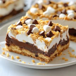 To make Chocolate Chip S&rsquo;mores Bars, gather these ingredients: - 1 cup graham cracker crumbs - 1/2 cup unsalted butter, melted - 1/4 cup brown sugar, packed - 1/2 teaspoon vanilla extract - 1 cup all-purpose flour - 1/2 teaspoon baking powder - 1/4 teaspoon salt - 1 cup semi-sweet chocolate chips - 1 cup mini marshmallows - 1/2 cup sweetened shredded coconut (optional) These ingredients create a sweet, gooey treat that everyone loves. You can make the bars even more fun with these optional ingredients: - 1/2 cup sweetened shredded coconut adds a tropical twist. - Drizzle melted chocolate on top for extra richness. - Use different types of chocolate chips, like dark or white chocolate. These additions can change the flavor and make your bars unique. To prepare your bars, you will need some basic kitchen tools: - Mixing bowls for combining ingredients - A spatula for mixing and spreading - An 8x8 inch baking pan to bake the bars - Parchment paper to line the pan for easy removal Having the right tools makes baking simple and fun! {{ingredient_image_1}} To start, preheat your oven to 350&deg;F (175&deg;C). Grease an 8x8 inch pan and line it with parchment paper. Leave some paper hanging over the edges. This helps with easy removal later. In a bowl, mix 1 cup of graham cracker crumbs, 1/2 cup of melted unsalted butter, and 1/4 cup of packed brown sugar. Stir until everything is blended. Then, press this mixture firmly into the bottom of the pan. Bake this crust for 10 minutes until it turns slightly golden. While the crust bakes, grab another bowl. Whisk together 1 cup of all-purpose flour, 1/2 teaspoon of baking powder, and 1/4 teaspoon of salt. Once your crust is ready, take it out of the oven. Sprinkle 1 cup of semi-sweet chocolate chips evenly over the crust. Next, add 1 cup of mini marshmallows, spreading them out. If you want to add flavor, sprinkle 1/2 cup of sweetened shredded coconut on top. Finally, pour the flour mixture over these layers without mixing them. Now, return the pan to the oven. Bake for another 15 to 20 minutes. Look for a golden top and toasted marshmallows. Once done, let the bars cool in the pan for at least 10 minutes. Use the parchment paper to lift the bars out. Once out, cut them into squares. You can serve them warm or at room temperature. To make the best chocolate chip s'mores bars, a few key steps help. Start with fresh ingredients for the best flavor. When mixing the graham cracker crumbs, butter, and brown sugar, ensure it's blended well. Press the crust firmly into the pan. This helps create a sturdy base. Bake the crust until it&rsquo;s slightly golden. This gives your bars a nice crunch. For the chocolate layer, use semi-sweet chocolate chips. They melt perfectly and add rich flavor. Spread the mini marshmallows evenly so every bite has that gooey goodness. If you like texture, sprinkle shredded coconut on top for a fun twist. One common mistake is overmixing the flour mixture. Mix just until combined to keep your bars soft. Another pitfall is not baking the crust long enough. An undercooked crust can lead to soggy bars. Make sure to watch the baking time closely. Avoid skipping the cooling step. Letting the bars cool helps them set up correctly. If you cut them too soon, they may fall apart. You can serve these bars warm or at room temperature. Warm bars are extra gooey and delicious. For a fun twist, add a scoop of vanilla ice cream on top. This adds a creamy contrast to the chocolate. For a pretty presentation, place the bars on a rustic wooden board. Sprinkle some graham cracker crumbs and extra chocolate chips on top. This makes them look as good as they taste! Pro Tips Crust Perfection: Make sure to press the graham cracker mixture firmly to create a sturdy base that won't crumble when you cut the bars. Chocolate Choices: For a richer flavor, consider using dark chocolate chips or a mix of dark and semi-sweet chocolate. Marshmallow Magic: For extra gooeyness, add a few more mini marshmallows on top before baking; they will expand and create delicious pockets of fluffiness. Serving Suggestions: Enjoy these bars warm with a scoop of vanilla ice cream on the side for an indulgent treat! {{image_2}} You can mix up the flavors of your Chocolate Chip S&rsquo;mores Bars. Try adding peanut butter to the graham cracker crust. This gives a nutty twist. You can also use dark chocolate or milk chocolate instead of semi-sweet chocolate chips. Each choice changes the taste and makes it fun to experiment. For gluten-free bars, swap all-purpose flour with a gluten-free blend. Use gluten-free graham cracker crumbs too. To make these bars vegan, replace the butter with coconut oil or a vegan butter. You can also use dairy-free chocolate chips and skip the marshmallows or use vegan marshmallows. These swaps keep the bars tasty and friendly for all diets. You can create seasonal flavors with these bars. In fall, add pumpkin spice to the flour mix. This gives a warm, cozy flavor. During winter, try using peppermint extract for a festive touch. You can mix crushed candy canes into the chocolate layer, too. These twists keep your S&rsquo;mores Bars exciting all year round! To keep your Chocolate Chip S&rsquo;mores Bars fresh, store them in an airtight container. Place parchment paper between layers to prevent sticking. Keep them at room temperature for up to three days. If you want them to last longer, refrigerate them for up to a week. Just remember to let them sit out for a bit before serving. This will help them regain their soft texture. If you want to save some for later, freezing is a great option. Cut the bars into squares before freezing. Wrap each square tightly in plastic wrap, then place them in a freezer bag. They can last for up to three months in the freezer. When you crave a sweet treat, just take out a square. Let it thaw in the fridge overnight or at room temperature for a few hours. To enjoy your bars warm, preheat the oven to 350&deg;F (175&deg;C). Place the bars on a baking sheet and cover them with foil. Heat for about 10 minutes. This helps melt the chocolate and warms the marshmallows. For a quick fix, you can also use the microwave. Heat a square for about 15-20 seconds, checking to avoid overheating. This way, your bars stay gooey and delicious! If you want to change the crust, here are some ideas: - Digestive biscuits: These are a great choice. They offer a similar flavor. - Vanilla wafers: They add a sweet taste to the crust. - Crushed cookies: Use Oreos or any chocolate cookie for a fun twist. - Almond flour: For a gluten-free option, mix it with a bit of sugar. Yes, you can make these bars a day or two in advance. Just store them in an airtight container at room temperature. If you need to keep them longer, they can last up to a week. These bars taste great even after a few days. Look for a golden-brown top with toasted marshmallows. The bars should feel firm but slightly soft. If you poke them, they should spring back. You want a nice texture that is not too hard or too gooey. This blog post covered how to make delicious bars step by step. We explored the key ingredients and tools you need. I provided tips for perfect texture and flavor, plus ways to avoid mistakes. You can even customize these bars with fun flavors and dietary options. Finally, I shared how to store and reheat them for later enjoyment. Follow these instructions, and you&rsquo;ll create tasty bars every time! Enjoy the process and the tasty treats you make!
