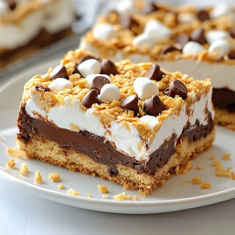 To make Chocolate Chip S’mores Bars, gather these ingredients: - 1 cup graham cracker crumbs - 1/2 cup unsalted butter, melted - 1/4 cup brown sugar, packed - 1/2 teaspoon vanilla extract - 1 cup all-purpose flour - 1/2 teaspoon baking powder - 1/4 teaspoon salt - 1 cup semi-sweet chocolate chips - 1 cup mini marshmallows - 1/2 cup sweetened shredded coconut (optional) These ingredients create a sweet, gooey treat that everyone loves. You can make the bars even more fun with these optional ingredients: - 1/2 cup sweetened shredded coconut adds a tropical twist. - Drizzle melted chocolate on top for extra richness. - Use different types of chocolate chips, like dark or white chocolate. These additions can change the flavor and make your bars unique. To prepare your bars, you will need some basic kitchen tools: - Mixing bowls for combining ingredients - A spatula for mixing and spreading - An 8x8 inch baking pan to bake the bars - Parchment paper to line the pan for easy removal Having the right tools makes baking simple and fun! {{ingredient_image_1}} To start, preheat your oven to 350°F (175°C). Grease an 8x8 inch pan and line it with parchment paper. Leave some paper hanging over the edges. This helps with easy removal later. In a bowl, mix 1 cup of graham cracker crumbs, 1/2 cup of melted unsalted butter, and 1/4 cup of packed brown sugar. Stir until everything is blended. Then, press this mixture firmly into the bottom of the pan. Bake this crust for 10 minutes until it turns slightly golden. While the crust bakes, grab another bowl. Whisk together 1 cup of all-purpose flour, 1/2 teaspoon of baking powder, and 1/4 teaspoon of salt. Once your crust is ready, take it out of the oven. Sprinkle 1 cup of semi-sweet chocolate chips evenly over the crust. Next, add 1 cup of mini marshmallows, spreading them out. If you want to add flavor, sprinkle 1/2 cup of sweetened shredded coconut on top. Finally, pour the flour mixture over these layers without mixing them. Now, return the pan to the oven. Bake for another 15 to 20 minutes. Look for a golden top and toasted marshmallows. Once done, let the bars cool in the pan for at least 10 minutes. Use the parchment paper to lift the bars out. Once out, cut them into squares. You can serve them warm or at room temperature. To make the best chocolate chip s'mores bars, a few key steps help. Start with fresh ingredients for the best flavor. When mixing the graham cracker crumbs, butter, and brown sugar, ensure it's blended well. Press the crust firmly into the pan. This helps create a sturdy base. Bake the crust until it’s slightly golden. This gives your bars a nice crunch. For the chocolate layer, use semi-sweet chocolate chips. They melt perfectly and add rich flavor. Spread the mini marshmallows evenly so every bite has that gooey goodness. If you like texture, sprinkle shredded coconut on top for a fun twist. One common mistake is overmixing the flour mixture. Mix just until combined to keep your bars soft. Another pitfall is not baking the crust long enough. An undercooked crust can lead to soggy bars. Make sure to watch the baking time closely. Avoid skipping the cooling step. Letting the bars cool helps them set up correctly. If you cut them too soon, they may fall apart. You can serve these bars warm or at room temperature. Warm bars are extra gooey and delicious. For a fun twist, add a scoop of vanilla ice cream on top. This adds a creamy contrast to the chocolate. For a pretty presentation, place the bars on a rustic wooden board. Sprinkle some graham cracker crumbs and extra chocolate chips on top. This makes them look as good as they taste! Pro Tips Crust Perfection: Make sure to press the graham cracker mixture firmly to create a sturdy base that won't crumble when you cut the bars. Chocolate Choices: For a richer flavor, consider using dark chocolate chips or a mix of dark and semi-sweet chocolate. Marshmallow Magic: For extra gooeyness, add a few more mini marshmallows on top before baking; they will expand and create delicious pockets of fluffiness. Serving Suggestions: Enjoy these bars warm with a scoop of vanilla ice cream on the side for an indulgent treat! {{image_2}} You can mix up the flavors of your Chocolate Chip S’mores Bars. Try adding peanut butter to the graham cracker crust. This gives a nutty twist. You can also use dark chocolate or milk chocolate instead of semi-sweet chocolate chips. Each choice changes the taste and makes it fun to experiment. For gluten-free bars, swap all-purpose flour with a gluten-free blend. Use gluten-free graham cracker crumbs too. To make these bars vegan, replace the butter with coconut oil or a vegan butter. You can also use dairy-free chocolate chips and skip the marshmallows or use vegan marshmallows. These swaps keep the bars tasty and friendly for all diets. You can create seasonal flavors with these bars. In fall, add pumpkin spice to the flour mix. This gives a warm, cozy flavor. During winter, try using peppermint extract for a festive touch. You can mix crushed candy canes into the chocolate layer, too. These twists keep your S’mores Bars exciting all year round! To keep your Chocolate Chip S’mores Bars fresh, store them in an airtight container. Place parchment paper between layers to prevent sticking. Keep them at room temperature for up to three days. If you want them to last longer, refrigerate them for up to a week. Just remember to let them sit out for a bit before serving. This will help them regain their soft texture. If you want to save some for later, freezing is a great option. Cut the bars into squares before freezing. Wrap each square tightly in plastic wrap, then place them in a freezer bag. They can last for up to three months in the freezer. When you crave a sweet treat, just take out a square. Let it thaw in the fridge overnight or at room temperature for a few hours. To enjoy your bars warm, preheat the oven to 350°F (175°C). Place the bars on a baking sheet and cover them with foil. Heat for about 10 minutes. This helps melt the chocolate and warms the marshmallows. For a quick fix, you can also use the microwave. Heat a square for about 15-20 seconds, checking to avoid overheating. This way, your bars stay gooey and delicious! If you want to change the crust, here are some ideas: - Digestive biscuits: These are a great choice. They offer a similar flavor. - Vanilla wafers: They add a sweet taste to the crust. - Crushed cookies: Use Oreos or any chocolate cookie for a fun twist. - Almond flour: For a gluten-free option, mix it with a bit of sugar. Yes, you can make these bars a day or two in advance. Just store them in an airtight container at room temperature. If you need to keep them longer, they can last up to a week. These bars taste great even after a few days. Look for a golden-brown top with toasted marshmallows. The bars should feel firm but slightly soft. If you poke them, they should spring back. You want a nice texture that is not too hard or too gooey. This blog post covered how to make delicious bars step by step. We explored the key ingredients and tools you need. I provided tips for perfect texture and flavor, plus ways to avoid mistakes. You can even customize these bars with fun flavors and dietary options. Finally, I shared how to store and reheat them for later enjoyment. Follow these instructions, and you’ll create tasty bars every time! Enjoy the process and the tasty treats you make!