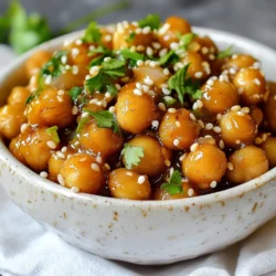 To make Sticky Sesame Chickpeas, you will need: - 1 can (15 oz) chickpeas, drained and rinsed - 3 tablespoons sesame oil - 2 tablespoons soy sauce (or tamari for gluten-free) - 1 tablespoon honey or maple syrup - 1 tablespoon rice vinegar - 2 teaspoons minced garlic - 2 teaspoons grated ginger - 1 tablespoon sesame seeds - 2 green onions, chopped - Salt and pepper to taste - Fresh cilantro for garnish (optional) If you want to swap out some ingredients, here are some ideas: - Use olive oil instead of sesame oil for a different flavor. - Try coconut aminos instead of soy sauce for a sweeter taste. - Maple syrup can replace honey for a vegan option. - If you dislike garlic, leave it out or use garlic powder. These swaps can help you adjust the dish to your taste. Sticky Sesame Chickpeas are not only tasty but also packed with nutrients. Here&rsquo;s a rough breakdown per serving: - Calories: 200 - Protein: 8g - Carbohydrates: 22g - Fat: 10g - Fiber: 6g - Sugar: 5g Chickpeas provide protein and fiber, making this dish filling and healthy. Enjoy this dish as a snack or a side! {{ingredient_image_1}} First, gather your ingredients. You will need: - 1 can (15 oz) chickpeas, drained and rinsed - 3 tablespoons sesame oil - 2 tablespoons soy sauce (or tamari for gluten-free) - 1 tablespoon honey or maple syrup - 1 tablespoon rice vinegar - 2 teaspoons minced garlic - 2 teaspoons grated ginger - 1 tablespoon sesame seeds - 2 green onions, chopped - Salt and pepper to taste - Fresh cilantro for garnish (optional) Make sure to rinse the chickpeas well. This step helps remove excess sodium and improves flavor. Heat sesame oil in a large skillet over medium heat. Add the minced garlic and grated ginger. Saut&eacute; for about one minute until you smell the aroma. This step boosts the flavors in your dish. Next, add the drained chickpeas to the skillet. Cook them for 5 to 7 minutes. Stir occasionally so they get slightly crispy on the outside. This adds a nice texture. In a small bowl, mix soy sauce, honey (or maple syrup), and rice vinegar. Pour this mixture over the chickpeas. Stir well to coat them evenly. Let the mixture simmer for 3-4 minutes. This allows the sauce to thicken and caramelize. Sprinkle sesame seeds over the chickpeas and cook for another minute. Stir frequently to avoid burning. Remove from heat and add salt and pepper to taste. Transfer your sticky chickpeas to a serving dish. Garnish with chopped green onions and fresh cilantro if desired. Sticky sesame chickpeas are great on their own or served over rice. You can also add them to wraps or salads for extra flavor. These chickpeas are perfect for meal prep, too. Enjoy them warm or chill for later! To get crispy chickpeas, start with a can of chickpeas. Drain and rinse them well. Pat them dry with a towel to remove excess moisture. This step is key. Heat sesame oil in your skillet over medium heat. Add the minced garlic and ginger. Saut&eacute; them for about a minute until they smell great. Then, toss in the dried chickpeas. Cook them for 5 to 7 minutes, stirring often. This helps them turn golden and crispy. You can play with flavors to make this dish even better. Try adding red pepper flakes for a spicy kick. A splash of lime juice adds brightness, balancing the sweetness of honey. Fresh herbs like mint or basil can lift the dish. You can also mix in some cooked vegetables. Bell peppers or snap peas would add crunch and color. A few mistakes can ruin your sticky sesame chickpeas. First, don&rsquo;t skip drying the chickpeas. Wet chickpeas won&rsquo;t crisp up well. Another mistake is not cooking long enough. Ensure they get that nice golden color. Be careful with the sauce. If you add it too early, it can make the chickpeas soggy. Finally, taste before serving. Adjust the salt and pepper to your liking for the best flavor. Pro Tips Use Fresh Ingredients: Fresh garlic and ginger provide a more vibrant flavor compared to dried versions. Always opt for fresh when possible. Adjust Sweetness: Depending on your preference, feel free to adjust the amount of honey or maple syrup to make the dish sweeter or less sweet. Experiment with Toppings: Try adding other toppings like crushed peanuts or chili flakes for an extra kick and texture. Serving Suggestions: These sticky chickpeas make a great filling for wraps or can be served over rice or quinoa for a complete meal. {{image_2}} You can easily make Sticky Sesame Chickpeas vegan. Just use maple syrup instead of honey. For a gluten-free option, choose tamari instead of soy sauce. Both swaps keep the dish tasty and safe for different diets. Get creative with your Sticky Sesame Chickpeas! You can swap sesame oil for olive oil if you want a milder taste. Try adding some red pepper flakes for a kick. You can also use different sweeteners like agave nectar. If you want a nutty flavor, add some chopped peanuts or cashews. Sticky Sesame Chickpeas taste great over fluffy rice. You can also serve them in a wrap with fresh veggies. They make a nice topping for a salad too. Want a fun snack? Serve them in lettuce cups for a crunchy bite. To store leftover sticky sesame chickpeas, let them cool first. Transfer them to an airtight container. You can keep them in the fridge for up to three days. Make sure to label the container with the date. This way, you won't forget when you made them. When reheating, I suggest using a skillet. Warm a bit of oil over medium heat. Add the chickpeas and stir them gently. This helps them regain their crispy texture. You can also use a microwave if you are in a hurry. Place the chickpeas on a microwave-safe dish and cover it. Heat in short bursts, stirring in between. Yes, you can freeze sticky sesame chickpeas! Place the cooled chickpeas in a freezer-safe bag. Remove as much air as possible before sealing. They can last up to three months in the freezer. When you're ready to eat, thaw them overnight in the fridge. Reheat them in a skillet for the best taste. To add spice to Sticky Sesame Chickpeas, use chili flakes or hot sauce. Start with a small amount and taste. You can also mix in diced jalape&ntilde;os for a fresh kick. The heat balances well with the sweetness of honey or maple syrup. Yes, you can use dried chickpeas! First, soak them overnight. After soaking, cook them until tender before using. This process takes longer but gives a fresh taste. Remember to drain and rinse them just like canned chickpeas. Sticky Sesame Chickpeas pair well with rice or quinoa. You can also serve them in a wrap with fresh veggies. Another idea is to add them to a salad for extra protein. They make a great side dish or a main meal. This blog post covered how to make Sticky Sesame Chickpeas. We looked at key ingredients, options for substitutes, and nutritional info. I shared step-by-step instructions for preparing and cooking this dish. You learned tips for getting crispy chickpeas and avoiding common mistakes. We explored variations for different diets and tasty serving ideas. Finally, I provided storage tips for leftovers. In closing, enjoy experimenting with this dish. Make it your own and share it with friends.