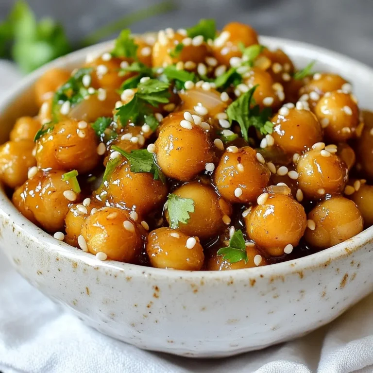 To make Sticky Sesame Chickpeas, you will need: - 1 can (15 oz) chickpeas, drained and rinsed - 3 tablespoons sesame oil - 2 tablespoons soy sauce (or tamari for gluten-free) - 1 tablespoon honey or maple syrup - 1 tablespoon rice vinegar - 2 teaspoons minced garlic - 2 teaspoons grated ginger - 1 tablespoon sesame seeds - 2 green onions, chopped - Salt and pepper to taste - Fresh cilantro for garnish (optional) If you want to swap out some ingredients, here are some ideas: - Use olive oil instead of sesame oil for a different flavor. - Try coconut aminos instead of soy sauce for a sweeter taste. - Maple syrup can replace honey for a vegan option. - If you dislike garlic, leave it out or use garlic powder. These swaps can help you adjust the dish to your taste. Sticky Sesame Chickpeas are not only tasty but also packed with nutrients. Here’s a rough breakdown per serving: - Calories: 200 - Protein: 8g - Carbohydrates: 22g - Fat: 10g - Fiber: 6g - Sugar: 5g Chickpeas provide protein and fiber, making this dish filling and healthy. Enjoy this dish as a snack or a side! {{ingredient_image_1}} First, gather your ingredients. You will need: - 1 can (15 oz) chickpeas, drained and rinsed - 3 tablespoons sesame oil - 2 tablespoons soy sauce (or tamari for gluten-free) - 1 tablespoon honey or maple syrup - 1 tablespoon rice vinegar - 2 teaspoons minced garlic - 2 teaspoons grated ginger - 1 tablespoon sesame seeds - 2 green onions, chopped - Salt and pepper to taste - Fresh cilantro for garnish (optional) Make sure to rinse the chickpeas well. This step helps remove excess sodium and improves flavor. Heat sesame oil in a large skillet over medium heat. Add the minced garlic and grated ginger. Sauté for about one minute until you smell the aroma. This step boosts the flavors in your dish. Next, add the drained chickpeas to the skillet. Cook them for 5 to 7 minutes. Stir occasionally so they get slightly crispy on the outside. This adds a nice texture. In a small bowl, mix soy sauce, honey (or maple syrup), and rice vinegar. Pour this mixture over the chickpeas. Stir well to coat them evenly. Let the mixture simmer for 3-4 minutes. This allows the sauce to thicken and caramelize. Sprinkle sesame seeds over the chickpeas and cook for another minute. Stir frequently to avoid burning. Remove from heat and add salt and pepper to taste. Transfer your sticky chickpeas to a serving dish. Garnish with chopped green onions and fresh cilantro if desired. Sticky sesame chickpeas are great on their own or served over rice. You can also add them to wraps or salads for extra flavor. These chickpeas are perfect for meal prep, too. Enjoy them warm or chill for later! To get crispy chickpeas, start with a can of chickpeas. Drain and rinse them well. Pat them dry with a towel to remove excess moisture. This step is key. Heat sesame oil in your skillet over medium heat. Add the minced garlic and ginger. Sauté them for about a minute until they smell great. Then, toss in the dried chickpeas. Cook them for 5 to 7 minutes, stirring often. This helps them turn golden and crispy. You can play with flavors to make this dish even better. Try adding red pepper flakes for a spicy kick. A splash of lime juice adds brightness, balancing the sweetness of honey. Fresh herbs like mint or basil can lift the dish. You can also mix in some cooked vegetables. Bell peppers or snap peas would add crunch and color. A few mistakes can ruin your sticky sesame chickpeas. First, don’t skip drying the chickpeas. Wet chickpeas won’t crisp up well. Another mistake is not cooking long enough. Ensure they get that nice golden color. Be careful with the sauce. If you add it too early, it can make the chickpeas soggy. Finally, taste before serving. Adjust the salt and pepper to your liking for the best flavor. Pro Tips Use Fresh Ingredients: Fresh garlic and ginger provide a more vibrant flavor compared to dried versions. Always opt for fresh when possible. Adjust Sweetness: Depending on your preference, feel free to adjust the amount of honey or maple syrup to make the dish sweeter or less sweet. Experiment with Toppings: Try adding other toppings like crushed peanuts or chili flakes for an extra kick and texture. Serving Suggestions: These sticky chickpeas make a great filling for wraps or can be served over rice or quinoa for a complete meal. {{image_2}} You can easily make Sticky Sesame Chickpeas vegan. Just use maple syrup instead of honey. For a gluten-free option, choose tamari instead of soy sauce. Both swaps keep the dish tasty and safe for different diets. Get creative with your Sticky Sesame Chickpeas! You can swap sesame oil for olive oil if you want a milder taste. Try adding some red pepper flakes for a kick. You can also use different sweeteners like agave nectar. If you want a nutty flavor, add some chopped peanuts or cashews. Sticky Sesame Chickpeas taste great over fluffy rice. You can also serve them in a wrap with fresh veggies. They make a nice topping for a salad too. Want a fun snack? Serve them in lettuce cups for a crunchy bite. To store leftover sticky sesame chickpeas, let them cool first. Transfer them to an airtight container. You can keep them in the fridge for up to three days. Make sure to label the container with the date. This way, you won't forget when you made them. When reheating, I suggest using a skillet. Warm a bit of oil over medium heat. Add the chickpeas and stir them gently. This helps them regain their crispy texture. You can also use a microwave if you are in a hurry. Place the chickpeas on a microwave-safe dish and cover it. Heat in short bursts, stirring in between. Yes, you can freeze sticky sesame chickpeas! Place the cooled chickpeas in a freezer-safe bag. Remove as much air as possible before sealing. They can last up to three months in the freezer. When you're ready to eat, thaw them overnight in the fridge. Reheat them in a skillet for the best taste. To add spice to Sticky Sesame Chickpeas, use chili flakes or hot sauce. Start with a small amount and taste. You can also mix in diced jalapeños for a fresh kick. The heat balances well with the sweetness of honey or maple syrup. Yes, you can use dried chickpeas! First, soak them overnight. After soaking, cook them until tender before using. This process takes longer but gives a fresh taste. Remember to drain and rinse them just like canned chickpeas. Sticky Sesame Chickpeas pair well with rice or quinoa. You can also serve them in a wrap with fresh veggies. Another idea is to add them to a salad for extra protein. They make a great side dish or a main meal. This blog post covered how to make Sticky Sesame Chickpeas. We looked at key ingredients, options for substitutes, and nutritional info. I shared step-by-step instructions for preparing and cooking this dish. You learned tips for getting crispy chickpeas and avoiding common mistakes. We explored variations for different diets and tasty serving ideas. Finally, I provided storage tips for leftovers. In closing, enjoy experimenting with this dish. Make it your own and share it with friends.