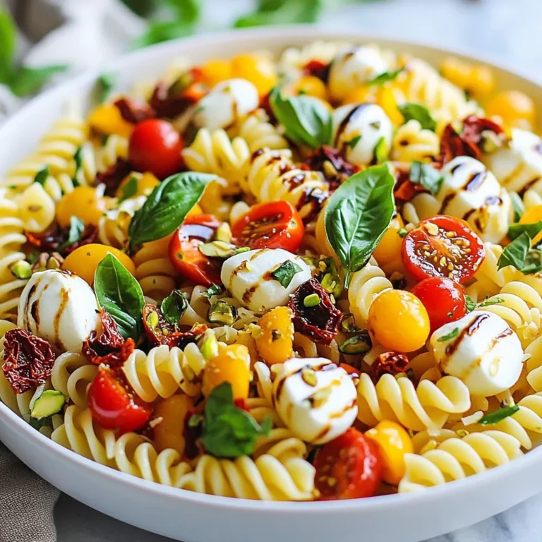 - 8 oz fusilli pasta or your favorite pasta shape - 1 cup cherry tomatoes, halved - 1 cup fresh mozzarella balls, halved - 1 cup fresh basil leaves, torn - 1/4 cup sun-dried tomatoes, chopped - 1/4 cup pistachios, chopped - 2 tablespoons balsamic glaze - 3 tablespoons extra virgin olive oil - Salt and pepper to taste - Optional garnishes When making Caprese Pasta Salad, you'll want to gather some key ingredients. I love using fusilli pasta because its twists hold onto flavors well. You can also use any pasta shape you prefer. Next, grab fresh cherry tomatoes. Halving them adds a nice burst of sweetness. Fresh mozzarella balls bring creaminess to the dish. Be sure to tear the basil leaves; this helps release their fresh aroma and flavor. For a fun twist, I add sun-dried tomatoes. Their rich taste pairs well with the fresh ingredients. Chopped pistachios give a nice crunch and a hint of nuttiness. The dressing is simple yet flavorful. A drizzle of balsamic glaze adds sweetness, while extra virgin olive oil brings richness. Finally, a sprinkle of salt and pepper enhances all the flavors. You can also add some extra garnishes if you like. A few more torn basil leaves on top make for a beautiful presentation. Overall, the balance of fresh and bold flavors makes this salad a delight. {{ingredient_image_1}} 1. Bringing salted water to a boil: Start by filling a large pot with water. Add a good amount of salt to the water. This helps flavor the pasta. Place the pot on high heat and wait for it to boil. 2. Cooking fusilli pasta until al dente: Once the water boils, add 8 oz of fusilli pasta. Stir it once to prevent sticking. Cook the pasta according to the package instructions. Usually, this takes about 8 to 10 minutes. Test a piece to make sure it's just right, or al dente. 3. Draining and cooling the pasta: After cooking, carefully pour the pasta into a colander to drain the water. Rinse it under cold water to stop the cooking process. This keeps the pasta firm and fresh. Set the pasta aside to cool. - Halving cherry tomatoes and mozzarella: While the pasta cooks, take 1 cup of cherry tomatoes. Cut each tomato in half. Next, grab 1 cup of fresh mozzarella balls and cut them in half too. This makes them easier to mix in. - Tearing basil leaves and chopping sun-dried tomatoes and pistachios: Take 1 cup of fresh basil leaves. Tear them into smaller pieces to release their flavor. Then, chop 1/4 cup of sun-dried tomatoes and 1/4 cup of pistachios. These add great taste and crunch. 1. Mixing all ingredients in a bowl: In a large mixing bowl, combine the cooled pasta, halved cherry tomatoes, mozzarella, torn basil, sun-dried tomatoes, and chopped pistachios. 2. Drizzling balsamic glaze and olive oil: Pour 2 tablespoons of balsamic glaze and 3 tablespoons of extra virgin olive oil over the mixture. This adds a rich flavor. 3. Tossing and seasoning the salad: Sprinkle salt and pepper to taste. Gently toss everything together until all the ingredients are well coated. This helps blend the flavors beautifully. Letting your Caprese pasta salad chill makes all the difference. The flavors mix and create a tasty burst in every bite. Aim for at least 15-30 minutes in the fridge. This helps the ingredients bond and taste better together. Using fresh ingredients is key. Fresh mozzarella, ripe tomatoes, and fragrant basil give the best taste. Try to pick high-quality items from your local market. This ensures each bite is fresh and delicious. Serve your salad in a large bowl for a vibrant display. Garnish with extra basil leaves for a pop of green. A drizzle of balsamic glaze on top adds a shiny finish. The contrast of colors makes your dish eye-catching and appetizing. You can also add a sprinkle of chopped pistachios for a nutty crunch. This gives texture and boosts the visual appeal. A well-presented salad makes everyone want to dig in right away! Feel free to mix up the pasta shape. Fusilli works great, but you can use penne, farfalle, or even whole wheat pasta. Each shape brings its own flair and texture. You can also switch up the nuts or cheeses. Instead of pistachios, try walnuts or almonds. For cheese, consider feta or goat cheese for a different flavor twist. These small changes can create a new favorite version of your salad! Pro Tips Perfect Pasta: Make sure to cook the pasta al dente for the best texture. This will prevent it from becoming mushy when mixed with the salad ingredients. Fresh Ingredients: Use the freshest basil and tomatoes possible for maximum flavor. This will enhance the overall taste of the salad. Toast the Nuts: Lightly toasting the pistachios before adding them will bring out their natural oils and enhance their flavor. Flavor Infusion: Let the salad sit in the refrigerator for at least 30 minutes before serving. This allows the flavors to meld beautifully. {{image_2}} If you need gluten-free options, you can choose gluten-free pasta. Many brands offer great tastes. Look for pasta made from rice or chickpeas for a healthy twist. For vegan choices, replace fresh mozzarella with vegan cheese. You can also use a vinegar or tahini-based dressing instead of balsamic glaze. Caprese pasta salad shines with seasonal veggies. Try adding fresh zucchini or bell peppers in the summer. In fall, roasted butternut squash adds a sweet touch. Fruits like avocados or peaches can give a new flavor. They add creaminess and sweetness that balance the dish well. To change the taste, add spices or herbs. Fresh oregano or thyme can bring out new flavors. You can also sprinkle in red pepper flakes for a kick. Don't be shy to try different dressings, too. A lemon vinaigrette or pesto can refresh your salad and make it unique. Experimenting with these variations keeps the dish exciting and fresh. To keep your Caprese Pasta Salad fresh, store it in the fridge. Use airtight containers for best results. This method helps keep the flavors vibrant and the ingredients crisp. Ensure the lid is sealed tight to limit air exposure. Caprese Pasta Salad lasts about 3 to 5 days in the fridge. Always check for signs of spoilage. Look for changes in color, smell, or texture. If it smells sour or the tomatoes look mushy, it's best to toss it. If you have leftovers, refreshing them is easy. Add a splash more olive oil or balsamic glaze. This revitalizes the flavors and makes it taste fresh again. You can also mix leftovers into a new dish. Try adding them to omelets or on grilled chicken for a tasty twist. Yes, you can make Caprese Pasta Salad ahead of time. I suggest preparing it up to 24 hours in advance. This allows all the flavors to blend well. Just remember to chill it in the fridge until you are ready to serve. This salad pairs well with many dishes. You can serve it with grilled chicken or fish for protein. It also works great as a side with crusty bread or a light soup. If you want a vegetarian option, try pairing it with roasted vegetables. To make this salad more filling, add protein like diced chicken or chickpeas. You can also mix in beans, such as cannellini or black beans. Nuts like almonds or walnuts add crunch and protein, too. These options will make your salad a complete meal. This Caprese Pasta Salad combines fresh flavors with easy prep. You learned about the key ingredients and how to cook and mix them. Remember to use fresh items for the best taste. You can adjust this recipe for different diets or flavors too. Proper storage keeps the salad fresh longer. Enjoy this dish as a fun meal or side. Now, you have the tools to make a tasty and visual masterpiece that impresses at any table. Get creative and enjoy every bite!