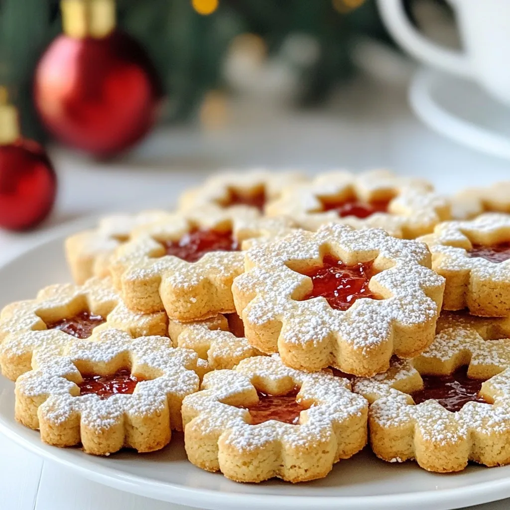To make delicious Raspberry Almond Linzer Cookies, you need several key ingredients. Here’s the list: - 2 cups all-purpose flour - 1 cup unsalted butter, softened - 2/3 cup powdered sugar - 1/2 cup almond meal - 1 egg yolk - 1 teaspoon vanilla extract - 1 teaspoon almond extract - 1/4 teaspoon salt - 1 cup raspberry jam - Powdered sugar for dusting These ingredients work together to create a rich, buttery cookie with a burst of raspberry flavor. The almond meal adds a nutty taste and a delicate texture, while the extracts enhance the cookie’s overall profile. The jam brings sweetness that balances the buttery and nutty elements perfectly. These cookies not only taste great but also look stunning with their jam-filled centers. {{ingredient_image_1}} - Preheat your oven to 350°F (175°C). Line two baking sheets with parchment paper. - In a large bowl, cream together 1 cup of softened butter and 2/3 cup of powdered sugar. Mix until light and fluffy. - Add 1 egg yolk, 1 teaspoon of vanilla extract, and 1 teaspoon of almond extract. Mix until fully combined. - Gradually sift in 2 cups of all-purpose flour, 1/2 cup of almond meal, and 1/4 teaspoon of salt. Mix on low speed until the dough comes together. - Divide the dough into two equal parts. Flatten each part into a disk and wrap in plastic wrap. Chill in the fridge for at least 30 minutes. - Take one disk out of the fridge. Roll it out on a lightly floured surface to about 1/8-inch thick. - Cut out cookie shapes with a cookie cutter. For half of the cookies, use a smaller cutter to create a window. - Place the cookies on the lined baking sheets. Bake for 10-12 minutes or until they are lightly golden. - Allow the cookies to cool completely on a wire rack. To make great dough, use softened butter. This helps it mix well with powdered sugar. It gives your cookies a nice texture. When you roll out the dough, keep it thick and even. Use a floured surface and a rolling pin. This makes cutting shapes easier. Try to keep the dough about 1/8-inch thick for the best results. To avoid over-baking, watch your cookies closely. Bake them until they are lightly golden. This usually takes 10 to 12 minutes. Check for doneness by looking at the edges. They should be firm but not hard. Remove them from the oven and let them cool on a wire rack. Dusting with powdered sugar adds a nice touch. Use a fine sieve to sprinkle it on top. This creates a lovely, snowy look. When layering your cookies, spread about 1 teaspoon of raspberry jam on the solid cookies. Then, gently place the cutout cookies on top. This makes each cookie look pretty and delicious. Pro Tips Chill the Dough: Chilling the dough for at least 30 minutes helps to solidify the butter, making it easier to roll out and cut into shapes without sticking. Use Fresh Jam: For the best flavor, opt for high-quality, fresh raspberry jam. Homemade jam can elevate these cookies to the next level! Even Baking: To ensure even baking, rotate the baking sheets halfway through the baking time, especially if your oven has hot spots. Dust Just Before Serving: Dust the cookies with powdered sugar just before serving to keep the sugar from dissolving into the jam. {{image_2}} You can change the jam in these cookies. While raspberry is my favorite, try strawberry, apricot, or even lemon curd. Each jam gives a new taste and adds fun. You can also mix in citrus zest. A little lemon or orange zest will brighten the cookies. It adds a fresh twist that pairs well with almond. If you need gluten-free cookies, substitute the all-purpose flour with a gluten-free blend. Make sure it has xanthan gum for the right texture. For a vegan version, use vegan butter instead of regular butter. Replace the egg yolk with a flaxseed meal mixed with water. These swaps keep the cookies tasty and perfect for all diets. Get creative with shapes! Use different cookie cutters for fun designs. You can even stack two cookies with jam in between for a sandwich look. For decoration, drizzle melted chocolate on top. Sprinkles or edible glitter can make them festive for parties. These small touches make your cookies stand out! To keep your Raspberry Almond Linzer Cookies fresh, choose the right container. I recommend using an airtight container. This will help lock in moisture. You can also use a cookie jar with a tight lid. Store them at room temperature. They will stay fresh for about one week. If you want them to last longer, consider freezing them. You can freeze unbaked dough to save time later. First, wrap the dough tightly in plastic wrap. Place it in a freezer-safe bag or container. It can stay fresh for up to three months. When you want to bake, thaw it overnight in the fridge. For baked cookies, let them cool completely before freezing. Layer them between parchment paper in an airtight container. They will keep well for up to three months, too. Just thaw them at room temperature before serving. Enjoy your cookies fresh and tasty! What can I substitute for almond meal? You can use ground walnuts or hazelnuts. They add a nice flavor. You can also use all-purpose flour if you want a nut-free option. Can I use store-bought dough? Yes, you can. Store-bought dough saves time. Just make sure it’s a sweet dough for best results. How do I store leftover raspberry jam? Keep it in an airtight container in the fridge. It lasts about two weeks. You can also freeze it for longer storage. Why are my cookies spreading too much? Cookies spread due to too much butter or warm dough. Make sure to chill the dough well. Also, check your oven temperature. How can I adjust baking time for a softer cookie? Reduce the baking time by one or two minutes. Check the cookies often. They should be light golden and soft to the touch. Best drinks to pair with Raspberry Almond Linzer Cookies Tea or coffee works well. A sweet dessert wine can also enhance the flavors. Try pairing with a fruity tea for a refreshing twist. Ideas for serving at various occasions These cookies shine at holiday parties or tea time. They also make great gifts. Present them in a cute box for friends and family. These Raspberry Almond Linzer Cookies are a delight to make and eat. You learned about the essential ingredients, easy steps, and tips for success. Experiment with flavors and decorations to make each batch unique. Store or freeze them to enjoy later. Baking should be fun, so don’t worry if things don’t go perfectly. With practice, you’ll create delicious cookies that impress everyone. Keep this guide handy, and let your baking journey continue!