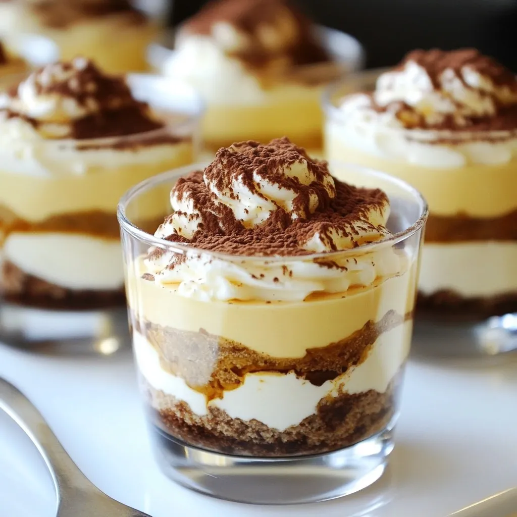 To make delicious Classic Tiramisu Cups, you need the following ingredients: - 1 cup strong brewed coffee, cooled - 1 cup heavy cream - 8 oz mascarpone cheese - 1/2 cup granulated sugar - 1 teaspoon vanilla extract - 12 ladyfinger cookies - Unsweetened cocoa powder for dusting - Dark chocolate shavings for garnish (optional) Each ingredient plays a key role in creating the perfect dessert. The strong coffee adds rich flavor. Heavy cream gives a light, fluffy texture. Mascarpone cheese brings a smooth and creamy element. Sugar balances the flavors. Vanilla extract adds a warm note. Ladyfinger cookies soak up the coffee and add structure. The cocoa powder on top provides a hint of bitterness, while chocolate shavings can add a touch of elegance. Using quality ingredients makes a big difference. Choose good coffee and fresh mascarpone for the best taste. Enjoy gathering these items as you prepare to create a delightful dessert. {{ingredient_image_1}} 1. Start with a large bowl. Pour in 1 cup of heavy cream. 2. Use an electric mixer to whip the cream. Stop when soft peaks form. 3. In another bowl, mix 8 oz of mascarpone cheese, 1/2 cup of sugar, and 1 teaspoon of vanilla extract. Blend until smooth. 4. Gently fold the whipped cream into the mascarpone mixture. This gives a light and airy texture. 1. Take 12 ladyfinger cookies and dip each one into the cooled coffee. Soak for about 2 seconds. 2. In your serving cups, place the soaked ladyfingers on the bottom. 3. Add about 2-3 tablespoons of the mascarpone mixture on top. 4. Repeat this layering. Alternate between ladyfingers and mascarpone, finishing with mascarpone on top. 1. Cover the cups with plastic wrap. Refrigerate for at least 4 hours, or overnight if possible. 2. Before serving, dust the tops of each cup with cocoa powder. 3. Optionally, you can add dark chocolate shavings for a special touch. These steps make it easy to create your own Classic Tiramisu Cups. Enjoy the process and the delicious results! - Achieving perfect peaks To get perfect peaks, use cold heavy cream. Start mixing at low speed. Gradually increase the speed until soft peaks form. This means the cream holds shape but still looks fluffy. - Avoiding over-whipping Watch the cream closely. If you whip too long, it can turn into butter. Stop mixing when you see soft peaks. - Best practices for layering Use a clear cup to show off the layers. Dip each ladyfinger in coffee for just 2 seconds. This keeps them soft but not soggy. - Ensuring even distribution When layering, use a spoon to spread the mascarpone mixture evenly. This helps each cup taste great. Aim for about 2-3 tablespoons per layer. - Serving suggestions and plating Serve your tiramisu cups on a pretty platter. This adds charm to your dessert table. - Optional garnishes for visual appeal Dust cocoa powder on top for a classic look. Dark chocolate shavings add a touch of elegance. A sprig of mint can brighten the dish and make it pop! Pro Tips Use Fresh Coffee: For the best flavor, use freshly brewed coffee and allow it to cool before dipping the ladyfingers. Don't Overwhip the Cream: Stop whipping the heavy cream as soon as soft peaks form to maintain a light and airy texture in your tiramisu. Layering Technique: When layering, ensure each layer of ladyfingers is fully soaked for optimal flavor, but avoid soaking them for too long to prevent sogginess. Chill Time: For the best results, let the tiramisu chill overnight; this allows the flavors to meld beautifully. {{image_2}} You can easily boost the flavor of your tiramisu cups. Adding liqueurs like Kahlúa or Amaretto gives a rich taste. Just a tablespoon adds depth without being too strong. You can also try different extracts. Almond or hazelnut extract adds a unique touch. If you want to make your dessert healthier, swap in alternative sweeteners. Stevia or maple syrup works well. For those who avoid dairy, use coconut cream instead of heavy cream. It still gives a creamy texture and taste. Make your tiramisu cups pop with fresh fruits. Berries like raspberries or strawberries pair well with coffee flavors. You can also adapt the recipe for holidays. Add spices like nutmeg or cinnamon for a festive flair. To keep your tiramisu cups fresh, cover them tightly with plastic wrap. This keeps moisture out and flavors in. Store the cups in the fridge. They will last for up to 3 days. However, for the best taste, enjoy them within 24 hours. Can you freeze tiramisu cups? Yes, you can freeze them! Wrap each cup in plastic wrap and then place them in an airtight container. They will stay good for about a month. When it's time to serve after freezing, remove the cups from the freezer. Let them thaw in the fridge for several hours. Avoid using a microwave, as it can change the texture. Once thawed, dust with cocoa powder and enjoy! You can easily make tiramisu cups without alcohol. Use strong brewed coffee, as it gives great flavor. You can also add a splash of vanilla extract for extra taste. The main ingredients, like mascarpone and cream, stay the same. They create a rich and creamy dessert. This way, everyone can enjoy it, even kids! Yes, you can make tiramisu cups ahead of time. In fact, it’s better to let them sit in the fridge. This helps the flavors mix well. Make them the day before you want to serve. Just cover them with plastic wrap and chill. The longer they sit, the more delicious they become. If you don’t have ladyfingers, don’t worry! You can use other cookies like sponge cake or even graham crackers. Just cut them into pieces that fit your cups. These options will still soak up the coffee and taste great. They will give you a similar texture, making your dessert just as delightful. This blog post covered how to make delicious Tiramisu cups step-by-step. You learned about the key ingredients and how to prepare them. We discussed tips for the best cream and layering methods. You discovered fun variations and how to store your dessert. In summary, Tiramisu cups are easy to make and taste amazing. Try different flavors and enjoy this classic treat! Your homemade dessert will impress everyone.