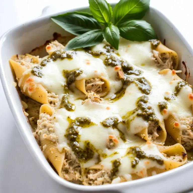 To make pesto chicken stuffed shells, you will need: - 12 jumbo pasta shells - 1 cup cooked chicken, shredded - 1 cup basil pesto - 1 cup ricotta cheese - 1 cup mozzarella cheese, shredded (plus extra for topping) - 1/2 cup grated Parmesan cheese - 1 garlic clove, minced - 1 tablespoon olive oil - Salt and pepper to taste - Fresh basil leaves for garnish - Jumbo Pasta Shells: These are perfect for holding the filling. If you can't find them, use manicotti shells. - Cooked Chicken: You can use rotisserie chicken for a quick option. Shredding it helps mix well with other ingredients. - Basil Pesto: You can buy it or make your own. If you want a twist, try sun-dried tomato pesto. - Ricotta Cheese: This adds creaminess. Cottage cheese can work as a lighter option. - Mozzarella Cheese: For that stretchy, gooey texture. You can use any melting cheese you prefer. - Parmesan Cheese: This gives a nice salty kick. Grana Padano or Pecorino Romano are good substitutes. - Garlic: Fresh garlic gives a punch. You can use garlic powder if fresh isn't available. - Olive Oil: This adds flavor and helps with cooking. Any neutral oil works too. - Salt and Pepper: Always adjust to your taste. Each serving of pesto chicken stuffed shells has: - Calories: Approximately 450-500 - Protein: About 30g - Total Fat: Around 25g - Carbohydrates: Roughly 35g - Fiber: About 2g - Sugars: Less than 5g This dish is filling and packed with flavor. Enjoy the creamy texture and rich taste while knowing it offers good protein and satisfying carbs. {{ingredient_image_1}} 1. Preheat Oven: First, set your oven to 375°F (190°C). This gets it ready for baking. 2. Cook Pasta: In a big pot, boil salted water. Add the jumbo pasta shells. Cook them until they are al dente. Drain the shells and place them on a baking sheet to cool. This prevents sticking. 3. Prepare Filling: In a bowl, mix together the shredded chicken, basil pesto, ricotta cheese, and minced garlic. Add half of the mozzarella and the Parmesan cheese. Season this mix with salt and pepper. Stir until well combined. 4. Stuff Shells: Take each jumbo shell and fill it with the chicken and cheese mix. You can use a spoon or a piping bag to do this. 5. Arrange in Baking Dish: Spread a thin layer of pesto on the bottom of a baking dish. Place the stuffed shells open side up in the dish. 6. Top with Pesto and Cheese: Drizzle the remaining pesto over the stuffed shells. Sprinkle the rest of the mozzarella cheese on top. 7. Bake: Cover the dish with foil and bake for 20 minutes. After that, remove the foil and bake for another 10 minutes. The cheese should be bubbly and golden. 8. Garnish and Serve: Once done, take it out of the oven. Let it cool for a few minutes. Add fresh basil leaves on top before serving. - Use a piping bag for easy stuffing. It helps fill each shell fast and neat. - Make sure the pasta is al dente. This keeps your shells firm and tasty. - Don't overstuff the shells. Leave a little space at the top for the cheese to melt. - Try mixing different cheeses for more flavor. A blend of mozzarella and cheddar works well! - Always taste your filling before stuffing. Adjust salt and pepper to your liking. When making pesto chicken stuffed shells, pay attention to the pasta. Overcooking the shells makes them too soft. Aim for al dente; they will cook more in the oven. Be careful not to overstuff the shells. If you pack them too tight, they may burst while baking. Lastly, don’t skip the seasoning. Salt and pepper enhance the flavors in your filling. You can easily prepare these stuffed shells ahead of time. After filling the shells, arrange them in your baking dish. Cover the dish tightly with plastic wrap and store it in the fridge for up to a day. When ready to bake, remove the wrap and add a bit more pesto on top. This method saves time on busy nights. Serve your pesto chicken stuffed shells with a fresh salad. A simple green salad with vinaigrette pairs well. You can also add garlic bread for a tasty side. If you're feeling fancy, a sprinkle of extra Parmesan cheese on top makes it look great. For drinks, a light white wine or sparkling water complements the meal nicely. Pro Tips Use Fresh Ingredients: Always opt for fresh basil and high-quality chicken for the best flavor in your stuffed shells. Customize the Filling: Feel free to add vegetables like spinach or sun-dried tomatoes to the filling for extra nutrition and flavor. Make Ahead: You can prepare the stuffed shells a day in advance. Just cover and refrigerate before baking. Experiment with Cheeses: Try mixing different cheeses like fontina or gouda for a unique twist on the classic mozzarella. {{image_2}} You can make this dish meat-free easily. Swap the chicken for cooked spinach or mushrooms. These options add great flavor and texture. You can also use chickpeas for protein. This makes the meal filling and tasty. If you need a gluten-free dish, use gluten-free pasta shells. Many brands offer good options. Just check the package for cooking times. You can also use zucchini or eggplant slices instead of pasta. These alternatives give a fresh twist. Try different types of pesto for unique flavors. You can use sun-dried tomato pesto or arugula pesto. Each one brings its own taste to the dish. Cheese choices also matter! You can mix in goat cheese or feta for more tang. Just remember, balance is key in making every bite delicious. To store leftovers, let the shells cool down. Place them in an airtight container. Keep the container in the fridge. They stay fresh for three to four days. If you want to keep them longer, freezing is a great choice. When you’re ready to eat, take the shells out of the fridge. Preheat your oven to 350°F (175°C). Place the shells in a baking dish. Add a splash of water to keep them moist. Cover with foil to avoid drying out. Heat for about 20 minutes. Check that they are hot all the way through before serving. You can also use a microwave. Heat in 30-second bursts until warm. To freeze, wrap each stuffed shell in plastic wrap. Place them in a freezer-safe bag. They can stay frozen for up to three months. When ready to eat, take them out of the freezer. Thaw in the fridge overnight. You can bake them straight from frozen too. Just add 10 to 15 minutes to the baking time. Yes, you can use store-bought pesto. It saves time and still tastes great. Look for fresh pesto in the fridge section. You can also find jarred pesto on grocery shelves. Both options work well in this recipe. If you have time, try making your own for a fresh twist. Stuffed shells can be stored for up to three days in the fridge. Place them in an airtight container to keep them fresh. If you want to keep them longer, you can freeze them. They will last for about three months in the freezer. Several sides pair nicely with these stuffed shells. Here are some great options: - Garlic bread - A fresh green salad - Steamed vegetables like broccoli or green beans - Roasted potatoes These sides balance the rich flavors of the shells and add more texture to your meal. You learned about the key ingredients and their substitutes for stuffed shells. We covered how to cook them perfectly and avoid common mistakes. You discovered ways to prep ahead and store leftovers. I shared vegetarian and gluten-free options to cater to different diets. Use these tips to make your meals fun and tasty. With this knowledge, feel confident to create your own delicious stuffed shells. Enjoy cooking and share your tasty results!