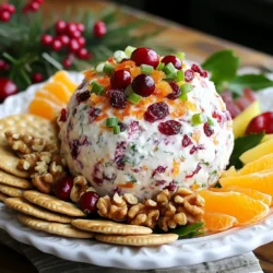 - 8 oz cream cheese, softened - 1 cup shredded sharp cheddar cheese - 1/2 cup dried cranberries, chopped - 1/4 cup orange zest (freshly grated) - 1/4 cup green onions, finely chopped - 1 tablespoon honey - 1/4 cup walnuts or pecans, chopped - 1/2 teaspoon garlic powder - 1/2 teaspoon salt To create this delightful cheese ball, you start with the main ingredients. Cream cheese gives it a smooth base. Sharp cheddar adds a rich flavor. Chopped dried cranberries bring sweetness and texture. Next, for flavor enhancers, freshly grated orange zest adds a burst of citrus. Green onions give a nice crunch and a bit of bite. Honey sweetens it all, balancing the flavors perfectly. Feel free to add optional ingredients. Chopped walnuts or pecans bring a nutty crunch. Garlic powder adds depth, while salt boosts the overall taste. These extras can make your cheese ball even more special. Gather all these ingredients for a festive treat. You can mix and match based on your taste. This cheese ball is great for any holiday gathering or party. {{ingredient_image_1}} - In a large bowl, combine 8 oz of softened cream cheese and 1 cup of shredded sharp cheddar cheese until smooth. This mix forms the base of your cheese ball. - Next, add 1/2 cup of chopped dried cranberries, 1/4 cup of freshly grated orange zest, 1/4 cup of finely chopped green onions, and 1 tablespoon of honey. If you want extra crunch, add 1/4 cup of chopped walnuts or pecans. Then, sprinkle in 1/2 teaspoon of garlic powder and 1/2 teaspoon of salt. Stir all these ingredients until they are well mixed. - Now, use your hands to form the mixture into a large ball. If the mixture feels sticky, dampen your hands slightly with water. This makes shaping much easier. Keep rolling until you have a smooth, round cheese ball. - Wrap the cheese ball tightly in plastic wrap. Place it in the fridge for at least 2 hours. This time helps the flavors blend and the cheese firm up. - After chilling, unwrap the cheese ball. For extra flair, roll it in chopped cranberries, nuts, or a sprinkle of orange zest. This gives it a festive look! - Serve the cheese ball on a platter with assorted crackers and fresh fruit. This combination brings a bright, joyful touch to your holiday spread. You can make the cranberry orange cheese ball a day ahead. This helps the flavors blend well. After mixing, shape the cheese ball and wrap it tightly in plastic wrap. Chill it in the fridge for at least 2 hours. Letting it rest enhances the taste. The ingredients mingle and create a richer flavor. Serve your cheese ball with assorted crackers and fresh fruit. Choose crunchy crackers like water crackers or buttery ones like Ritz. Fruits like apple slices or grapes add a sweet touch. For a festive look, place the cheese ball on a colorful platter. You can add sprigs of rosemary or slices of orange for decoration. To prevent the cheese ball from leaking, ensure your cream cheese is well-softened but not too warm. If the mixture is sticky, dampen your hands when shaping. If you want to adjust flavors, taste the mixture before chilling. Add more honey for sweetness or salt for a savory kick. Pro Tips Chill for Optimal Flavor: Allow the cheese ball to chill for at least 2 hours to let the flavors meld together for a more delicious taste. Experiment with Cheese: Feel free to mix different types of cheese for a unique flavor profile. Creamy goat cheese or tangy blue cheese can add a delightful twist! Make Ahead: This cheese ball can be made up to 2 days in advance. Just keep it wrapped tightly in the fridge until you're ready to serve. Presentation Matters: For an eye-catching display, roll the cheese ball in extra chopped cranberries or nuts before serving. It adds color and texture! {{image_2}} You can change the taste of your cheese ball easily. Try adding herbs like dill or thyme. These herbs add freshness and depth. For a spicy kick, use cayenne or paprika. You can also mix in spices like cumin for a unique, warm flavor. Switching up cheese types makes a big difference too. Use cream cheese with goat cheese for a tangy bite. Or try a sharp blue cheese for a bold taste. Each cheese will bring its own charm to your spread. If you need a gluten-free option, use gluten-free crackers. This way, everyone can enjoy the cheese ball. You can also make it dairy-free. Use a cream cheese substitute made from nuts. There are many great brands available now. They have similar textures and flavors, making it easy to adapt. Incorporate seasonal fruits for an exciting twist. Fresh berries in summer or diced apples in fall add fun flavors. They also make your plate look colorful and inviting. When it comes to festive themes, think about the holidays. Add chopped pecans and cranberries for a Thanksgiving vibe. Around Christmas, sprinkle some pomegranate seeds for a festive look. These small changes make your cheese ball a true holiday delight! To keep your cheese ball fresh, wrap it tightly in plastic wrap. Store it in the fridge. The cheese ball will stay good for about 5 days. You can freeze the cheese ball for longer storage. First, wrap it in plastic wrap, then place it in an airtight container. This helps keep the flavor. When you want to eat it, take it out and let it thaw in the fridge overnight. When ready to serve, do not heat the cheese ball. It tastes best served cold. Remove it from the fridge and unwrap it. Serve it with your favorite crackers and fresh fruit for a yummy treat. Enjoy! Yes, you can use low-fat cream cheese. It still gives good taste and texture. The cheese ball may be a bit lighter, but the flavors will remain delicious. Low-fat options work well for those watching calories. Just remember, the creaminess may change slightly. It is best to keep the cheese ball out for no more than two hours. After that, it can spoil. If the room is warm, you should limit that time to one hour. Always ensure food safety to prevent any health issues. You can serve many things with your cheese ball. Here are some great options: - Assorted crackers - Fresh fruit like apples or grapes - Veggie sticks, such as carrots or celery - Sliced baguette - A sweet drink like apple cider or a light wine These sides make a fun and tasty spread for your guests. Making a Cranberry Orange Cheese Ball is simple and fun. You combine cream cheese, cheddar, and cranberries for a tasty mix. Add some honey and green onions for extra flavor. You can even try different cheeses or herbs to make it unique. Remember to chill it well and store leftovers correctly. With a few tips, you&rsquo;ll impress your friends at gatherings. Enjoy sharing this treat with loved ones and creating lasting memories!