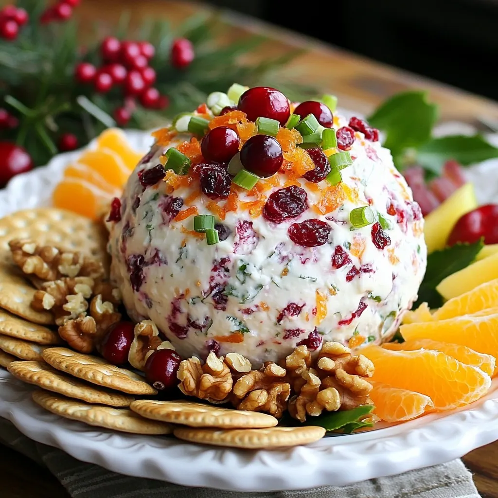 - 8 oz cream cheese, softened - 1 cup shredded sharp cheddar cheese - 1/2 cup dried cranberries, chopped - 1/4 cup orange zest (freshly grated) - 1/4 cup green onions, finely chopped - 1 tablespoon honey - 1/4 cup walnuts or pecans, chopped - 1/2 teaspoon garlic powder - 1/2 teaspoon salt To create this delightful cheese ball, you start with the main ingredients. Cream cheese gives it a smooth base. Sharp cheddar adds a rich flavor. Chopped dried cranberries bring sweetness and texture. Next, for flavor enhancers, freshly grated orange zest adds a burst of citrus. Green onions give a nice crunch and a bit of bite. Honey sweetens it all, balancing the flavors perfectly. Feel free to add optional ingredients. Chopped walnuts or pecans bring a nutty crunch. Garlic powder adds depth, while salt boosts the overall taste. These extras can make your cheese ball even more special. Gather all these ingredients for a festive treat. You can mix and match based on your taste. This cheese ball is great for any holiday gathering or party. {{ingredient_image_1}} - In a large bowl, combine 8 oz of softened cream cheese and 1 cup of shredded sharp cheddar cheese until smooth. This mix forms the base of your cheese ball. - Next, add 1/2 cup of chopped dried cranberries, 1/4 cup of freshly grated orange zest, 1/4 cup of finely chopped green onions, and 1 tablespoon of honey. If you want extra crunch, add 1/4 cup of chopped walnuts or pecans. Then, sprinkle in 1/2 teaspoon of garlic powder and 1/2 teaspoon of salt. Stir all these ingredients until they are well mixed. - Now, use your hands to form the mixture into a large ball. If the mixture feels sticky, dampen your hands slightly with water. This makes shaping much easier. Keep rolling until you have a smooth, round cheese ball. - Wrap the cheese ball tightly in plastic wrap. Place it in the fridge for at least 2 hours. This time helps the flavors blend and the cheese firm up. - After chilling, unwrap the cheese ball. For extra flair, roll it in chopped cranberries, nuts, or a sprinkle of orange zest. This gives it a festive look! - Serve the cheese ball on a platter with assorted crackers and fresh fruit. This combination brings a bright, joyful touch to your holiday spread. You can make the cranberry orange cheese ball a day ahead. This helps the flavors blend well. After mixing, shape the cheese ball and wrap it tightly in plastic wrap. Chill it in the fridge for at least 2 hours. Letting it rest enhances the taste. The ingredients mingle and create a richer flavor. Serve your cheese ball with assorted crackers and fresh fruit. Choose crunchy crackers like water crackers or buttery ones like Ritz. Fruits like apple slices or grapes add a sweet touch. For a festive look, place the cheese ball on a colorful platter. You can add sprigs of rosemary or slices of orange for decoration. To prevent the cheese ball from leaking, ensure your cream cheese is well-softened but not too warm. If the mixture is sticky, dampen your hands when shaping. If you want to adjust flavors, taste the mixture before chilling. Add more honey for sweetness or salt for a savory kick. Pro Tips Chill for Optimal Flavor: Allow the cheese ball to chill for at least 2 hours to let the flavors meld together for a more delicious taste. Experiment with Cheese: Feel free to mix different types of cheese for a unique flavor profile. Creamy goat cheese or tangy blue cheese can add a delightful twist! Make Ahead: This cheese ball can be made up to 2 days in advance. Just keep it wrapped tightly in the fridge until you're ready to serve. Presentation Matters: For an eye-catching display, roll the cheese ball in extra chopped cranberries or nuts before serving. It adds color and texture! {{image_2}} You can change the taste of your cheese ball easily. Try adding herbs like dill or thyme. These herbs add freshness and depth. For a spicy kick, use cayenne or paprika. You can also mix in spices like cumin for a unique, warm flavor. Switching up cheese types makes a big difference too. Use cream cheese with goat cheese for a tangy bite. Or try a sharp blue cheese for a bold taste. Each cheese will bring its own charm to your spread. If you need a gluten-free option, use gluten-free crackers. This way, everyone can enjoy the cheese ball. You can also make it dairy-free. Use a cream cheese substitute made from nuts. There are many great brands available now. They have similar textures and flavors, making it easy to adapt. Incorporate seasonal fruits for an exciting twist. Fresh berries in summer or diced apples in fall add fun flavors. They also make your plate look colorful and inviting. When it comes to festive themes, think about the holidays. Add chopped pecans and cranberries for a Thanksgiving vibe. Around Christmas, sprinkle some pomegranate seeds for a festive look. These small changes make your cheese ball a true holiday delight! To keep your cheese ball fresh, wrap it tightly in plastic wrap. Store it in the fridge. The cheese ball will stay good for about 5 days. You can freeze the cheese ball for longer storage. First, wrap it in plastic wrap, then place it in an airtight container. This helps keep the flavor. When you want to eat it, take it out and let it thaw in the fridge overnight. When ready to serve, do not heat the cheese ball. It tastes best served cold. Remove it from the fridge and unwrap it. Serve it with your favorite crackers and fresh fruit for a yummy treat. Enjoy! Yes, you can use low-fat cream cheese. It still gives good taste and texture. The cheese ball may be a bit lighter, but the flavors will remain delicious. Low-fat options work well for those watching calories. Just remember, the creaminess may change slightly. It is best to keep the cheese ball out for no more than two hours. After that, it can spoil. If the room is warm, you should limit that time to one hour. Always ensure food safety to prevent any health issues. You can serve many things with your cheese ball. Here are some great options: - Assorted crackers - Fresh fruit like apples or grapes - Veggie sticks, such as carrots or celery - Sliced baguette - A sweet drink like apple cider or a light wine These sides make a fun and tasty spread for your guests. Making a Cranberry Orange Cheese Ball is simple and fun. You combine cream cheese, cheddar, and cranberries for a tasty mix. Add some honey and green onions for extra flavor. You can even try different cheeses or herbs to make it unique. Remember to chill it well and store leftovers correctly. With a few tips, you’ll impress your friends at gatherings. Enjoy sharing this treat with loved ones and creating lasting memories!