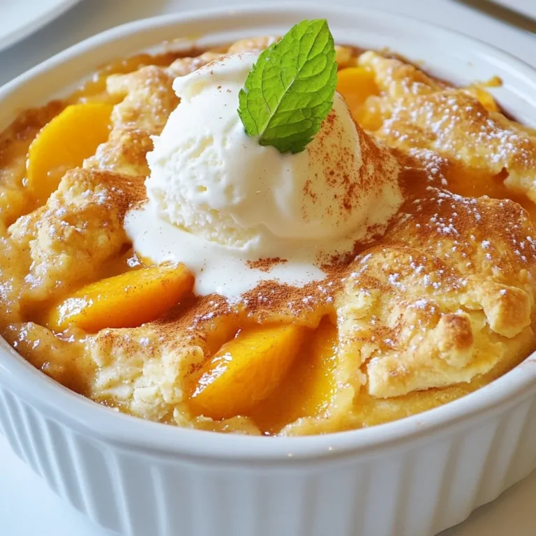 To make the best fresh peach cobbler, gather these simple ingredients: - 4 large ripe peaches, peeled and sliced - 1 cup granulated sugar (divided) - 1 tablespoon lemon juice - 1 teaspoon ground cinnamon - 1 teaspoon vanilla extract - 1 cup all-purpose flour - 1 teaspoon baking powder - 1/2 teaspoon salt - 1 cup milk - 1/2 cup unsalted butter, melted - 1/2 teaspoon nutmeg (optional) Each ingredient plays a key role in building flavor and texture. The ripe peaches provide natural sweetness and juiciness, while the sugar balances the tartness. Lemon juice brightens the fruit's taste, and cinnamon adds warmth. Vanilla extract gives a lovely aroma, while flour and baking powder form the base of the batter. The milk makes it creamy, and butter adds richness. Nutmeg is optional, but it offers a nice depth of flavor. Using fresh, ripe peaches ensures your cobbler is bursting with flavor. This dish shines in the summer when peaches are at their peak. Enjoy the sweet, warm aroma as it bakes. You will love how simple and delicious this dessert can be! {{ingredient_image_1}} First, you need to peel and slice the peaches. Grab four large ripe peaches. Use a sharp knife to cut the skin. Then, slice the peaches into thin pieces. Next, place the sliced peaches in a large bowl. Add half a cup of sugar, lemon juice, ground cinnamon, and vanilla extract. Toss the mixture gently until the peaches are fully coated. Let them sit for about ten minutes. This step helps the flavors blend nicely. Now, let's make the batter. In a separate bowl, mix the dry ingredients. Combine one cup of flour, the remaining half cup of sugar, baking powder, and salt. If you like, add a half teaspoon of nutmeg for extra flavor. Whisk these ingredients together until well mixed. Next, slowly add one cup of milk to the dry mix while stirring. Be careful not to overmix; a few lumps are okay! It's time to assemble your cobbler. First, preheat your oven to 375°F (190°C) and grease a 9x13 inch baking dish. Pour half a cup of melted butter into the dish. This will coat the bottom nicely. Then, pour the batter over the melted butter. Do not stir! Gently spoon the peach mixture on top of the batter. As it bakes, the peaches will sink and create a lovely layer. Bake for 35 to 40 minutes. The cobbler is done when it's golden brown and a toothpick comes out clean. Let it cool a bit before serving. To choose the best peaches, look for ones that feel firm but not hard. A ripe peach should yield slightly to gentle pressure. Check for a rich color, as this shows ripeness. The best peaches have a sweet aroma. Freshness is key here. Use ripe peaches for the best flavor in your cobbler. When mixing your batter, avoid overmixing. Mixing too much can make the cobbler tough. Stir until the dry and wet ingredients just blend. A few lumps are fine and will help keep it light. To ensure even cooking, make sure to pour the batter into the baking dish first. The melted butter should coat the bottom, then spoon the peaches on top. This method helps the peaches sink while baking. For the best experience, serve warm with a scoop of vanilla ice cream. The cold ice cream pairs well with the warm cobbler. Add a sprinkle of cinnamon for extra flavor. A sprig of mint on top adds a nice touch and makes it look great. You can also serve this dessert with whipped cream for a real treat! Pro Tips Choose the Right Peaches: For the best flavor, select ripe peaches that are slightly soft to the touch and fragrant. Don’t Overmix the Batter: A few lumps in the batter are okay. Overmixing can lead to a dense cobbler instead of a light and fluffy one. Layering Technique: When you pour the batter into the baking dish, make sure to do it without stirring. This helps create a delightful layer of batter beneath the peaches. Serve Warm: For the best experience, serve the cobbler warm with a scoop of vanilla ice cream, allowing the ice cream to melt slightly into the cobbler. {{image_2}} You can make your peach cobbler even better by adding spices. Try a pinch of nutmeg for warmth. It adds a nice touch. You can also use other fruits. Mixing in berries like blueberries or raspberries creates a fun twist. The tartness of berries pairs well with sweet peaches. If you need a gluten-free treat, swap out regular flour. Use almond flour or a gluten-free blend. These options work well and keep the cobbler tasty. You can follow the same steps as the original recipe. Just remember to check for any lumps in the batter. To make this cobbler dairy-free, replace milk and butter. Use almond milk or oat milk instead of regular milk. For butter, try coconut oil or a dairy-free margarine. These substitutions keep the flavor rich while meeting your dietary needs. Enjoy your cobbler without any dairy! To keep your peach cobbler fresh, store it in an airtight container. This helps to lock in moisture and flavor. If you don’t have a container, cover it tightly with plastic wrap. You can keep it in the fridge for up to three days. If you want to save it longer, freeze the cobbler. It lasts well for up to three months in the freezer. To reheat peach cobbler, you can use the oven or microwave. If you use the oven, preheat it to 350°F (175°C). Place the cobbler in a baking dish and cover it with foil. Heat for about 15 to 20 minutes. This method helps keep the topping crisp. If using the microwave, warm individual servings for about 30 seconds. Check if it’s warm enough, then enjoy. Yes, you can use frozen peaches in this recipe. Just follow a few easy tips. First, thaw the peaches before using them. Drain any extra juice to prevent a soggy cobbler. You may want to add a bit more sugar if they taste less sweet. Frozen peaches can work well when fresh ones are hard to find. You can tell your cobbler is done by checking a few signs. Look for a golden brown top. Insert a toothpick in the center. If it comes out clean, your cobbler is ready. The edges should bubble, and the fruit should be soft. These signs will help you serve a perfect dessert. You can prep parts of this recipe ahead of time. Slice the peaches and mix them with sugar and spices a day before. Store them in the fridge. You can also make the batter in advance. Just keep it in a sealed container. When you are ready, combine the two and bake. This will save you time and let you enjoy more moments with family. This blog post covered how to make a delicious peach cobbler. We discussed ingredients like ripe peaches, sugar, and spices. I shared step-by-step instructions, preparation tips, and serving ideas. You learned about variations and storage tips, too. Peach cobbler is simple and fun to make. Fresh ingredients can elevate any dish. Enjoy experimenting with flavors and sharing it with loved ones. Happy baking!