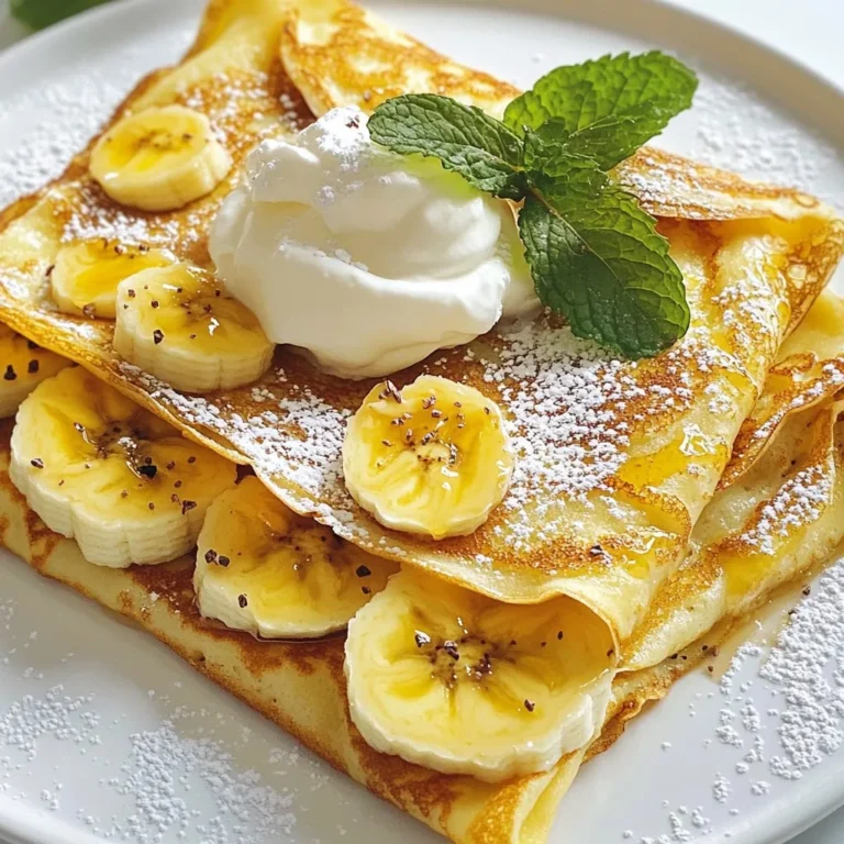When making Banana Nutella Crepes, it's key to use fresh, quality ingredients. Here’s what you will need: - 1 cup all-purpose flour - 2 large eggs - 1 1/2 cups milk - 2 tablespoons melted butter - 1 tablespoon sugar - 1/4 teaspoon salt - 2 ripe bananas, sliced - 1/2 cup Nutella - Whipped cream (for topping) - Fresh mint leaves (for garnish) Each ingredient plays a role in creating a delicious crepe. The flour gives structure, while the eggs add richness. Milk makes the batter smooth, and melted butter adds flavor. Sugar and salt balance the taste. Bananas bring natural sweetness, and Nutella adds that beloved chocolate-hazelnut flavor. Top with whipped cream for creaminess and mint leaves for a pop of color and freshness. Gather these ingredients before you start cooking. It makes the process easier and more fun! {{ingredient_image_1}} Start by gathering your ingredients. In a large mixing bowl, whisk together: - 1 cup all-purpose flour - 2 large eggs - 1 1/2 cups milk - 2 tablespoons melted butter - 1 tablespoon sugar - 1/4 teaspoon salt Mix until the batter is smooth and free of lumps. This step is key for great crepes. Let the batter rest for 15 to 20 minutes. Resting allows the flour to absorb the liquid. This makes the crepes tender. Now, heat a non-stick skillet over medium heat. Lightly grease it with butter or oil. This helps prevent sticking. Pour about 1/4 cup of batter into the center of the skillet. Quickly swirl the pan to spread the batter evenly. Cook for about 1 to 2 minutes. Watch for the edges to lift and the bottom to turn golden. Flip the crepe using a spatula and cook the other side for another 1 to 2 minutes. Remove the crepe from the skillet and stack them on a plate. Repeat this with the rest of the batter. To assemble the crepes, start by spreading a generous tablespoon of Nutella on half of each crepe. Use the back of a spoon for an even layer. Next, add a few banana slices on top of the Nutella. The bananas add sweetness and texture. Now, fold the crepe over the filling in half. Then, fold it in half again to create a triangle shape. This keeps the filling inside. Serve the crepes warm, topped with a dollop of whipped cream and fresh mint leaves for a pop of color. Enjoy this simple yet delicious treat! To make smooth batter, whisk all the dry and wet ingredients well. Combine flour, eggs, milk, melted butter, sugar, and salt in a bowl. I let it rest for 15-20 minutes. This helps the flour absorb moisture. The rested batter yields thinner, more tender crepes. To avoid sticking, use a non-stick pan. Heat it over medium heat and add a bit of butter or oil. Make sure the pan is hot before adding the batter. Swirl the batter quickly to cover the pan. This creates an even layer. If your crepes stick, try reducing the heat or adding more fat to the pan. For garnish, you can use whipped cream and fresh mint leaves. A sprinkle of powdered sugar adds sweetness. You can drizzle more Nutella on top for a richer flavor. Pair these crepes with fruits like strawberries or blueberries. They add a fresh touch. A scoop of vanilla ice cream also makes a great side. To store leftover crepes, place them in an airtight container. You can keep them in the fridge for up to three days. To reheat, warm them in a skillet over low heat. You can also use a microwave for quick reheating. Make sure to cover them with a damp paper towel. This keeps them soft and prevents drying out. Pro Tips Perfecting the Batter: Ensure that your batter is smooth and well-mixed to avoid lumps, which can affect the texture of your crepes. Temperature Control: Keep the skillet at medium heat to prevent the crepes from burning; adjust as necessary for even cooking. Filling Variations: Experiment with different fillings such as berries, peanut butter, or even mascarpone for a unique twist on your crepes. Serving Suggestions: For an extra indulgent treat, drizzle warm chocolate sauce over the crepes just before serving. {{image_2}} You can change up your banana Nutella crepes with different flavors. Adding nuts can give a nice crunch. Try using: - Walnuts - Pecans You can also mix in some fresh fruit. Strawberries and blueberries work great. They add a burst of sweetness. If you need to make your crepes gluten-free, swap the all-purpose flour for a gluten-free blend. Many brands offer good options that work well in crepes. For a dairy-free version, use almond milk or coconut milk instead of regular milk. You can also use dairy-free butter. These swaps keep the flavor tasty without dairy. Nutella is delicious, but you can try other spreads too. Other nut butters, like almond or peanut butter, add unique flavors. Fruit jams or preserves can also be a fun choice. Strawberry or raspberry jam can brighten up your crepes. How do I make crepes without sticking? To stop your crepes from sticking, use a non-stick skillet. Lightly grease the skillet with butter or oil before adding the batter. This helps create a nice, smooth surface. If you find your crepes sticking, try letting the pan heat up a bit more. A well-heated pan helps the crepes cook evenly. Can I make the batter ahead of time? Yes, you can make the batter ahead of time. Just mix the ingredients and let it sit for up to a day in the fridge. When you are ready to cook, give it a good whisk again. This will help keep the batter smooth and ready for your crepes. What can I substitute for Nutella? If you want a change from Nutella, try almond butter or peanut butter. Both add a nutty taste that pairs well with bananas. You can also use chocolate sauce or fruit jam for different flavors. Just keep in mind that it will change the taste of your crepes. How long do crepes last in the fridge? Crepes can last about three days in the fridge. Store them in an airtight container or wrap them in plastic wrap. This keeps them fresh and ready for your next meal. Just reheat them in a skillet or microwave before serving. Can I freeze crepes? Yes, you can freeze crepes. Place wax paper between each crepe to stop them from sticking. Then, put them in a freezer bag or container. They can stay frozen for up to two months. When you want to eat them, just thaw in the fridge and reheat. Enjoy your crepes any time! Crepes have French roots. They emerged in Brittany, a region in France, during the 13th century. Originally, people made crepes with buckwheat flour. Today, we use all-purpose flour for sweet crepes. This shift makes them soft and light. Crepes became a street food in France. Vendors served them with various fillings. They are now a staple in French cuisine, enjoyed worldwide. Banana Nutella crepes combine two favorites: bananas and Nutella. This duo creates a rich and sweet flavor. They appeal to many ages, making them a hit for breakfast or dessert. Cafes and restaurants showcase these crepes on their menus. The trend of gourmet crepes in casual spots has grown. People love sharing photos of their delicious plates online. This cultural impact keeps them popular. Serve banana Nutella crepes at any gathering. They shine at brunch parties, birthdays, or family meals. Arrange them on a large plate. Sprinkle powdered sugar on top for a sweet touch. Drizzle more Nutella over the crepes for flair. You can add whipped cream and mint leaves for extra color. These fun ideas make crepes a festive treat. They suit any occasion and delight everyone! In this post, we explored how to make delicious banana Nutella crepes. You learned about the key ingredients, followed step-by-step instructions, and picked up helpful tips. We even discussed variations, serving ideas, and answered common questions. Now you're ready to impress your friends and family with your new skills. Enjoy experimenting with flavors and presentations to make these crepes truly your own! Happy cooking!
