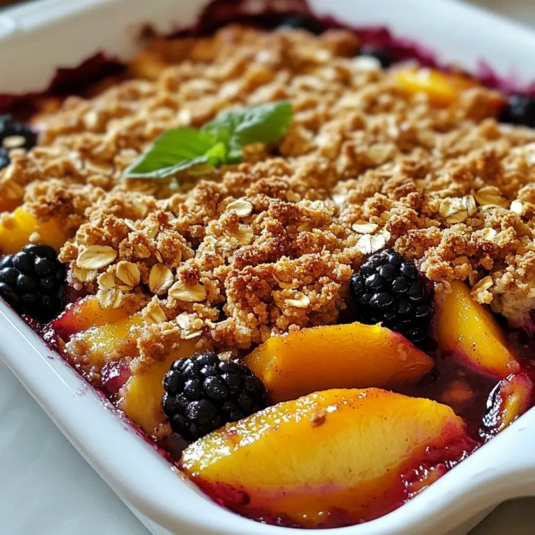 - 2 cups ripe blackberries - 2 cups fresh peaches, peeled and sliced - 1 cup rolled oats - 1/2 cup all-purpose flour - 1/2 cup brown sugar, packed - 1 teaspoon ground cinnamon - 1/2 cup butter, softened and cubed - 1 tablespoon lemon juice - 1/3 cup granulated sugar - Pinch of salt To make a tasty blackberry peach crisp, you need fresh fruit and a crunchy topping. Start with ripe blackberries and sweet peaches. The fruit shines in this dessert. The lemon juice adds a nice zing. Next, gather your topping ingredients. Rolled oats give it that classic crisp texture. All-purpose flour helps bind the topping. Brown sugar adds sweetness, while ground cinnamon brings warmth. Butter makes everything rich and delicious. Don’t forget the pinch of salt; it enhances all the flavors. This is a simple list, but these ingredients are key. They transform into a dessert that is both fruity and comforting. When you mix them, you create a yummy treat that everyone loves! {{ingredient_image_1}} - Preheat the oven to 350°F (175°C). - In a large bowl, combine 2 cups of blackberries and 2 cups of sliced peaches. Add 1 tablespoon of lemon juice and 1/3 cup of granulated sugar. Toss gently to coat the fruit well. - Transfer the fruit mix to a greased 9x13 inch baking dish. Spread it evenly across the bottom. - In another bowl, mix together 1 cup of rolled oats, 1/2 cup of all-purpose flour, 1/2 cup of brown sugar, 1 teaspoon of ground cinnamon, and a pinch of salt. - Add 1/2 cup of softened and cubed butter to the dry mix. Use your fingers or a pastry cutter to mix until it looks like coarse crumbs. - Sprinkle this topping evenly over the fruit layer in the baking dish. - Bake in the oven for 30-35 minutes. Look for a golden brown topping and bubbling fruit. To make a crunchy topping, use rolled oats and brown sugar. Mix them with flour and butter until it looks like coarse crumbs. This will give you that nice crunch. Use ripe fruit for the best flavor. Ripe blackberries and peaches add natural sweetness and juicy goodness. You can serve Blackberry Peach Crisp warm from the oven. It tastes great topped with vanilla ice cream or whipped cream. The cold creaminess complements the warm fruit nicely. For a fun twist, drizzle some caramel sauce on top for extra flavor. If you want less sweetness, cut back on the sugar. Use less granulated sugar in the fruit mix. If you like it sweeter, add a little more brown sugar to the topping. Try using coconut sugar or honey for a different taste. Pro Tips Use Fresh Ingredients: For the best flavor, choose ripe and fresh blackberries and peaches. Seasonal fruits will enhance the taste of your crisp. Customize the Topping: Feel free to add nuts such as chopped pecans or almonds to the oat mixture for added texture and flavor. Serve with Ice Cream: For a delightful dessert experience, serve the crisp warm with a scoop of vanilla ice cream or a dollop of whipped cream. Store Properly: If you have leftovers, store them in an airtight container in the refrigerator for up to 3 days. Reheat in the oven for best texture. {{image_2}} You can change the fruits in this crisp. Try using apples, blueberries, or strawberries. Each fruit gives a new taste. Apples add crunch, while strawberries bring sweetness. Mix in some nuts or coconut for fun texture. Nuts add crunch, and coconut adds a tropical twist. Experimenting with fruits keeps this dessert fresh and exciting. If you need a gluten-free version, there are easy swaps. Use almond flour or gluten-free all-purpose flour instead of regular flour. For the topping, try gluten-free rolled oats. These simple changes make the recipe safe for everyone. You won’t lose taste or texture while enjoying your crisp. To make your crisp even tastier, add spices. Nutmeg or ginger can warm the flavor. A pinch of nutmeg gives a cozy feel, while ginger adds a zing. You can also infuse flavors with vanilla or almond extract. A splash of vanilla makes the dessert smell amazing. These small tweaks enhance the overall taste and make it special. To store your Blackberry Peach Crisp, let it cool first. Cover it tightly with plastic wrap or foil. You can also use an airtight container. This way, it stays fresh and tasty. In the fridge, it lasts about 3 to 5 days. Just remember, the sooner you eat it, the better it tastes. If you want to save it for later, freezing is a great option. Cut the crisp into portions. Wrap each piece in plastic wrap, then place them in a freezer bag. This helps protect it from freezer burn. It can last up to 3 months in the freezer. When you're ready to enjoy, thaw it overnight in the fridge. Then reheat it in the oven at 350°F for about 15-20 minutes. This brings back its warm, cozy goodness. Fresh Blackberry Peach Crisp has a vibrant taste, with juicy fruits and a crunchy topping. Leftovers are still good but may lose some crunch. To revive stored crisp, sprinkle a little water on top and cover it with foil. Bake it at 350°F for 10 minutes. This helps the topping regain some of its original crispness. Enjoy your delicious dessert! Yes, you can use frozen fruit for this crisp. Frozen blackberries and peaches work well. They save time and can be just as tasty. Just remember to thaw them first. Drain any excess liquid to avoid a soggy crisp. Fresh fruit is great, but frozen is a good option when fresh isn’t available. Look for a golden brown topping on your crisp. The fruit should be bubbling around the edges. If the topping seems dry or hard, it may be overcooked. A quick way to check is to insert a fork. The topping should feel crumbly but firm. Trust your eyes and your senses! This crisp shines with a scoop of vanilla ice cream. Whipped cream also adds a nice touch. You can drizzle warm caramel sauce on top for a sweet twist. A splash of cold milk or a cup of tea pairs well too. Experiment with your favorites to find the best match! In this post, we explored making a delicious Blackberry Peach Crisp. We discussed fresh ingredients, sweet toppings, and how to bake it perfectly. You learned tips for a crunchy topping and serving ideas, plus variations for different fruits. Remember, ripe fruit makes a big difference in taste. Try freezing leftovers for later enjoyment. Enjoy the process and share this treat with others. This crisp recipe promises to delight every palate!