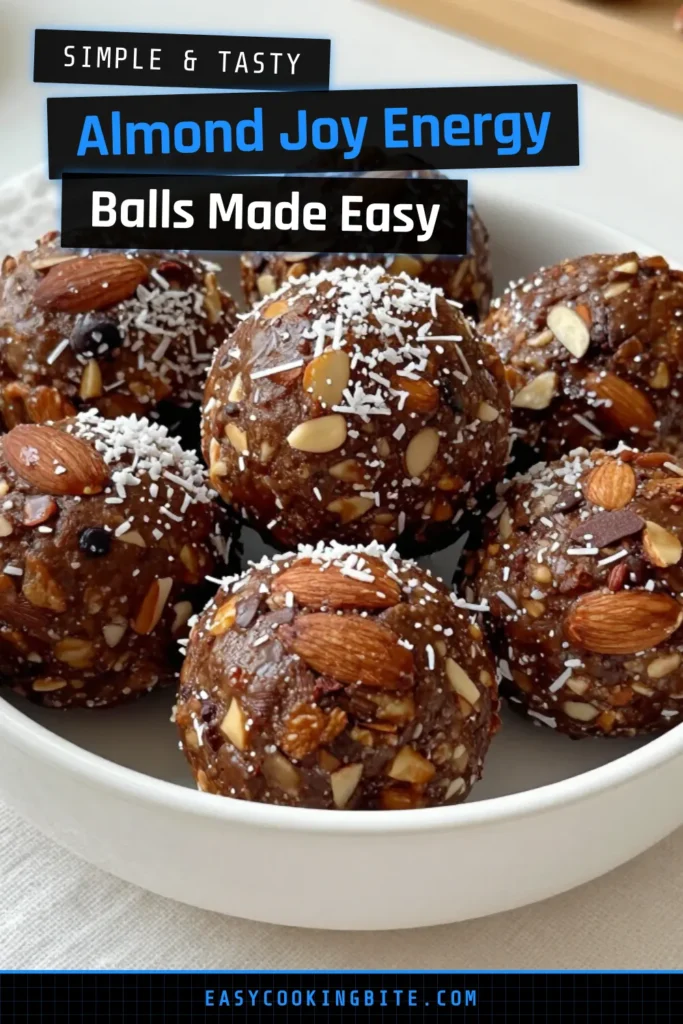 Looking for a delicious and nutritious snack? Try these Almond Joy energy balls! This healthy energy ball recipe features no-bake almond energy balls made with pitted dates, almond butter, shredded coconut, and crunchy almonds. Perfect for a quick energy boost, these coconut almond snacks are easy to make and irresistibly tasty. Don&rsquo;t miss out on this quick energy bites recipe! Save it for later! #AlmondJoyEnergyBalls #HealthySnacks #NoBakeRecipes #EnergyBites