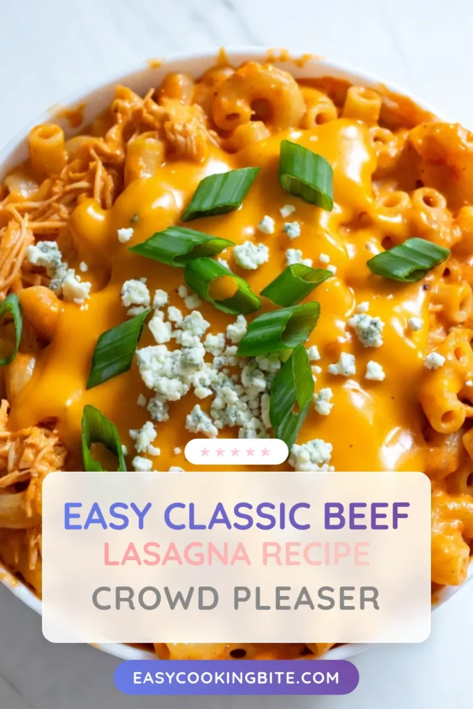 Indulge in the ultimate comfort food with this Buffalo chicken mac and cheese recipe! Perfect for any occasion, this easy buffalo chicken recipe combines creamy mac and cheese with buffalo sauce for a delicious twist. Baked to perfection, this dish serves 4-6 and is sure to be a hit. Try it today and savor the flavor! Save this creamy delight for your next family meal. #BuffaloChickenMacAndCheese #ComfortFood #EasyRecipes #MacAndCheese