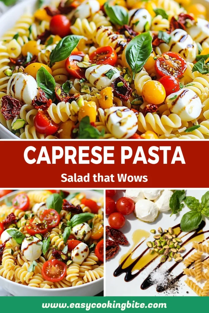 Discover the ultimate Caprese pasta salad that&rsquo;s perfect for summer! This easy pasta salad recipe features delicious fusilli pasta tossed with fresh mozzarella, cherry tomatoes, basil, and crunchy pistachios. Ideal for picnics or family gatherings, this fresh mozzarella salad is sure to impress. Try this summer pasta salad today and elevate your culinary game! Save this recipe for later! #CapresePastaSalad #EasyPastaSaladRecipe #SummerPastaSalad #FusilliPastaSalad