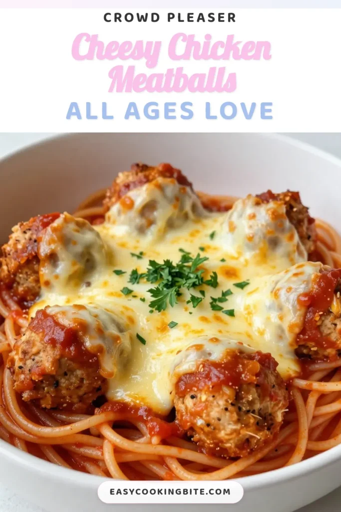 Looking for a delicious twist on dinner? Try these Cheesy Chicken Meatballs! This easy Chicken Parmesan Recipe features tender ground chicken meatballs baked in marinara sauce and topped with gooey mozzarella cheese. Perfect for a comforting Baked Meatball Dinner, this Italian Meatball Recipe will satisfy your cravings and impress your family. Don't miss out&mdash;save this recipe now! #CheesyChickenMeatballs #ChickenParmesanRecipe #ItalianMeatballRecipe #BakedMeatballDinner