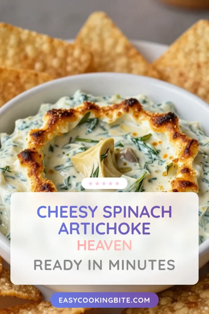 Get ready to impress your guests with this delicious cheesy spinach artichoke dip! This creamy spinach dip recipe combines fresh spinach, artichoke hearts, and gooey cheese, making it the perfect baked artichoke dip for any gathering. Ideal as an appetizer for parties, this dip is a crowd-pleaser. Don't miss out on the fun&mdash;save this recipe for your next event! #CheesySpinachArtichokeDip #SpinachArtichokeDipRecipe #AppetizersForParties #CreamySpinachDip