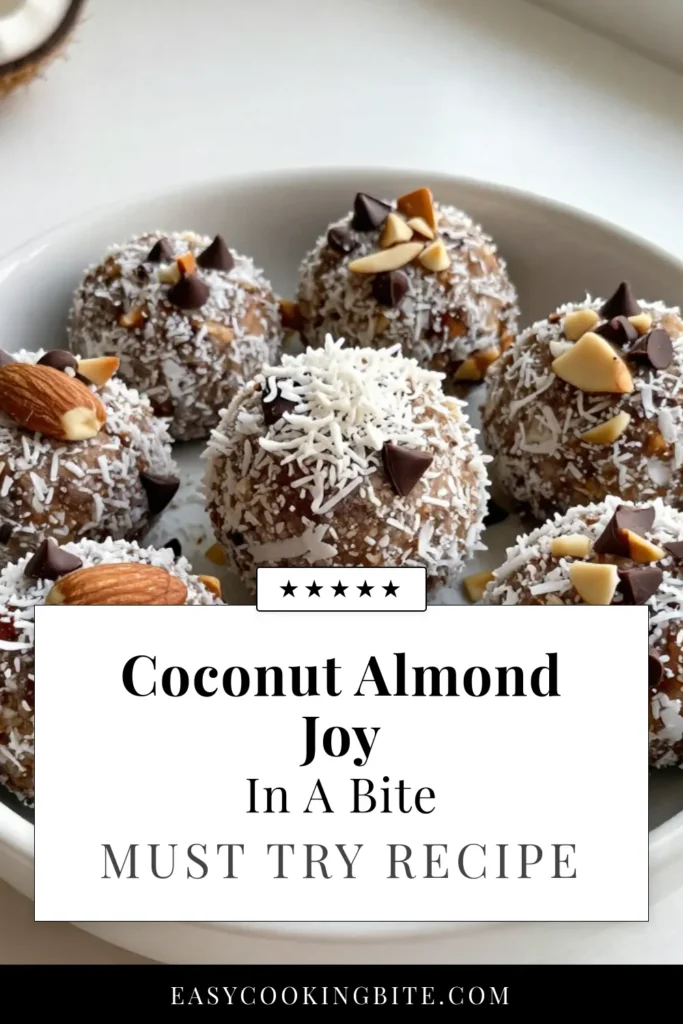 Discover the ultimate Coconut Almond Joy Energy Bites, a deliciously easy Almond Joy recipe that&rsquo;s the perfect healthy snack idea! These no-bake energy balls are packed with coconut and almond goodness, making them irresistible vegan energy bites. With just a few simple ingredients, whip up a nutritious treat that fuels your day! Save this recipe for a quick energy boost anytime. #CoconutEnergyBites #HealthySnackIdeas #NoBakeEnergyBalls #VeganEnergyBites