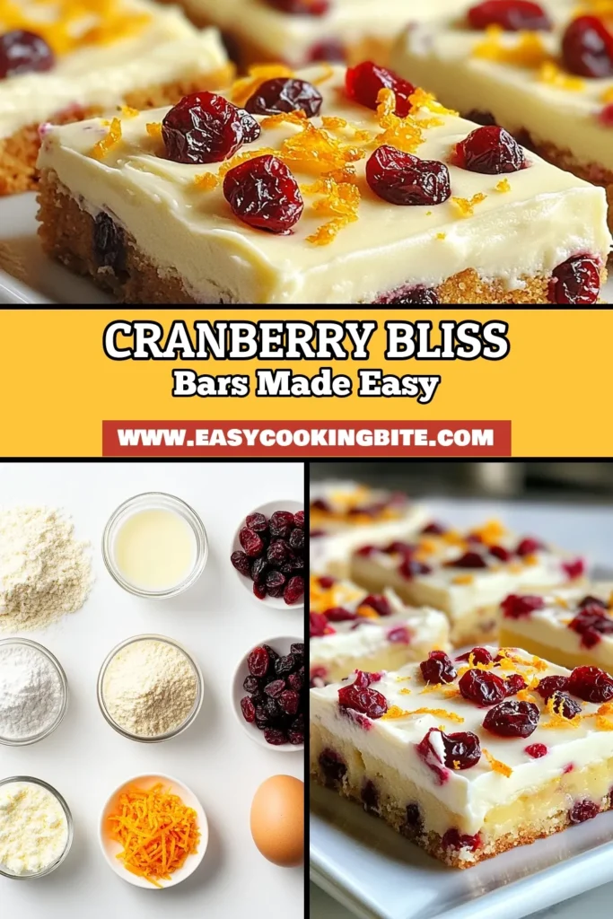 Indulge in the joy of the season with this delicious Cranberry Bliss Bars recipe! Perfectly sweet and tangy, these festive dessert bars feature a creamy cream cheese frosting that takes your holiday baking recipes to the next level. The combination of white chocolate and cranberries creates a delightful treat you'll love sharing. Try these white chocolate cranberry bars for your next gathering! Click to save this yummy recipe! #CranberryBlissBars #HolidayBaking #DessertBars #FestiveTreats