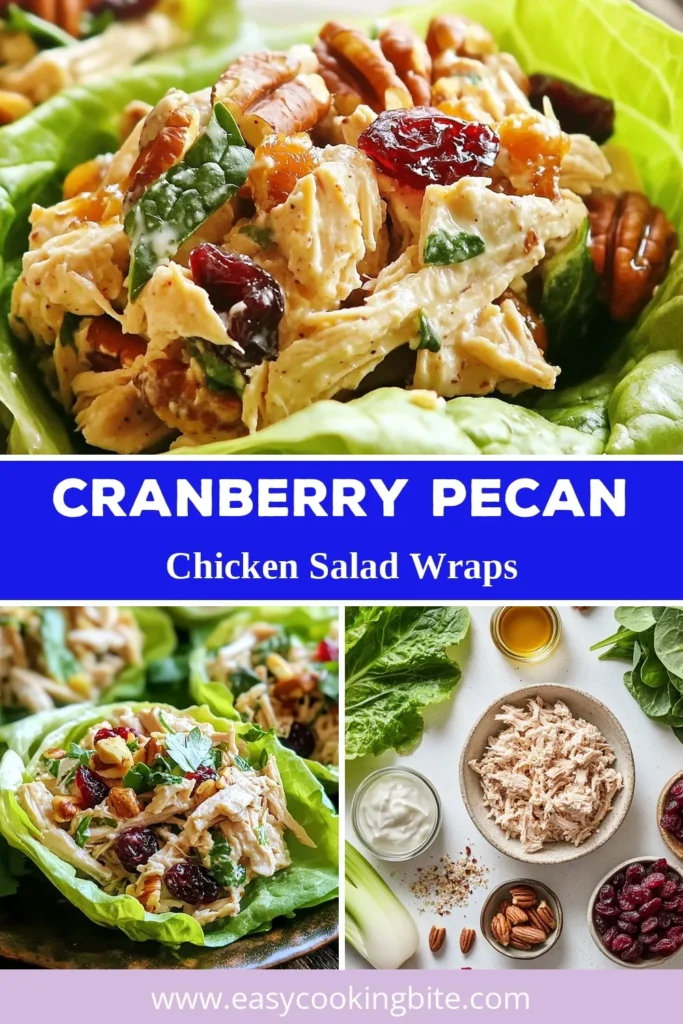 Looking for a quick and healthy lunch idea? Try this delicious Cranberry Pecan Chicken Salad Wraps recipe! Packed with shredded chicken, crunchy pecans, and sweet cranberries, this dish is tossed in a creamy Greek yogurt dressing for a nutritious twist. Perfect in lettuce leaves or whole wheat tortillas, these healthy chicken wraps are a fantastic meal prep option. Save this recipe for your next lunch! #ChickenSaladWraps #HealthyRecipes #QuickLunchIdeas #MealPrep