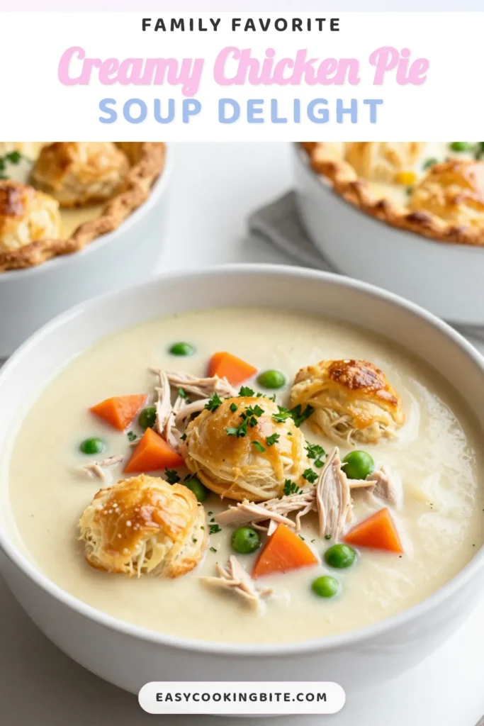 Indulge in this creamy chicken pot pie soup, the ultimate comfort food soup recipe! This easy chicken pot pie soup combines tender chicken, fresh veggies, and a rich, creamy broth, topped with golden puff pastry. Perfect for cozy nights, our homemade pot pie soup brings warmth and satisfaction with every spoonful. Try this delicious chicken pot pie soup recipe today and savor the flavors! Save this recipe for your next meal! #ChickenPotPieSoup #ComfortFood #SoupRecipe #HomemadeCooking