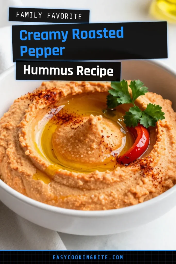 Discover the ultimate Roasted Red Pepper Hummus recipe that is deliciously easy to prepare. This homemade hummus recipe is a quick and healthy appetizer, perfect for any occasion. Enjoy this flavorful vegan chickpea hummus with pita, veggies, or on its own as an easy roasted red pepper dip. Try it today and elevate your snacking game! Save this recipe for future gatherings and impress your guests. #HummusRecipe #HealthyAppetizers #VeganDip #RoastedRedPepper