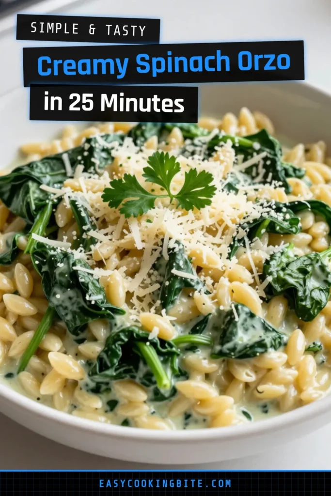 Indulge in this delicious Creamy Spinach Parmesan Orzo, a perfect dish for any weeknight dinner. This easy orzo recipe combines fresh spinach and cheese for a satisfying vegetarian pasta dish that the whole family will love. In just one pot, you can create a creamy spinach and cheese pasta that will impress anyone at your table. Save this one-pot orzo meal for a quick, flavorful dinner tonight! #EasyOrzoRecipes #VegetarianPastaDishes #SpinachAndCheesePasta #OnePotOrzoMeal