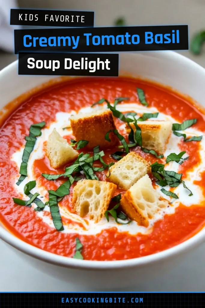 Indulge in this creamy tomato basil soup that&rsquo;s perfect for any occasion! This easy tomato basil recipe combines fresh ingredients for a delightful homemade tomato soup that will warm your soul. With fresh basil and cream, this vegetarian soup recipe is both comforting and delicious. Ready in just 35 minutes, it's an ideal choice for busy weeknights. Try it today and elevate your soup game! Save this recipe for later! #CreamyTomatoBasilSoup #EasyTomatoBasilRecipe #HomemadeTomatoSoup #VegetarianSoupRecipes