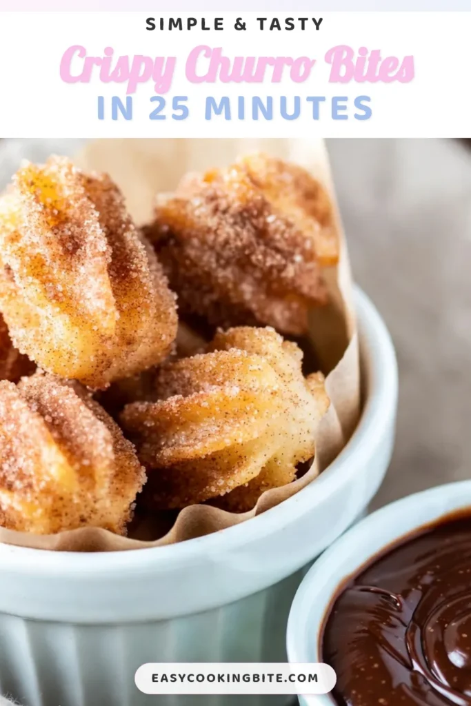 Indulge in these irresistible cinnamon sugar churro bites, the perfect snack recipe with cinnamon that everyone will love! This easy churro recipe is a game-changer for dessert lovers, featuring crispy fried churro bites coated in sweet cinnamon sugar. Ready in just 25 minutes, homemade churros have never been easier. Make a batch today and enjoy a delightful treat! Save this recipe for later! #ChurroBites #SnackRecipe #DessertIdeas #EasyRecipes