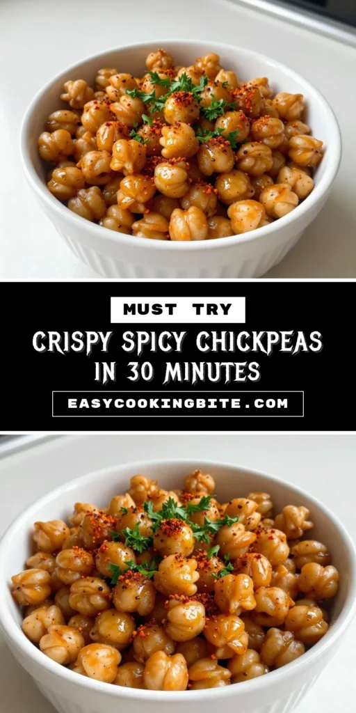 Looking for a delicious and healthy chickpea recipe? Try these spicy roasted chickpeas! Perfect as a crunchy chickpea snack, they are seasoned with smoked paprika and cayenne for an irresistible flavor. Simple to make, just toss chickpeas in olive oil and spices, then oven roast until crispy. These vegan snack ideas are perfect for any occasion. Save this recipe for your next healthy snack craving! #SpicyRoastedChickpeas #VeganSnack #CrunchyChickpeaSnack #HealthyRecipes