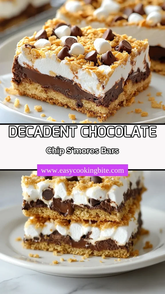 Indulge in the deliciousness of Chocolate Chip S'mores Bars! This easy S'mores dessert recipe combines creamy chocolate, gooey marshmallows, and crunchy graham cracker crust&mdash;all in a no-bake version that's perfect as S'mores snack bars. Ideal for gatherings or as a fun treat, these graham cracker dessert bars are quick to make and sure to impress. Click to discover the full recipe and start baking today! #SmoreBars #ChocolateDessert #NoBakeRecipe #GrahamCrackerDessert