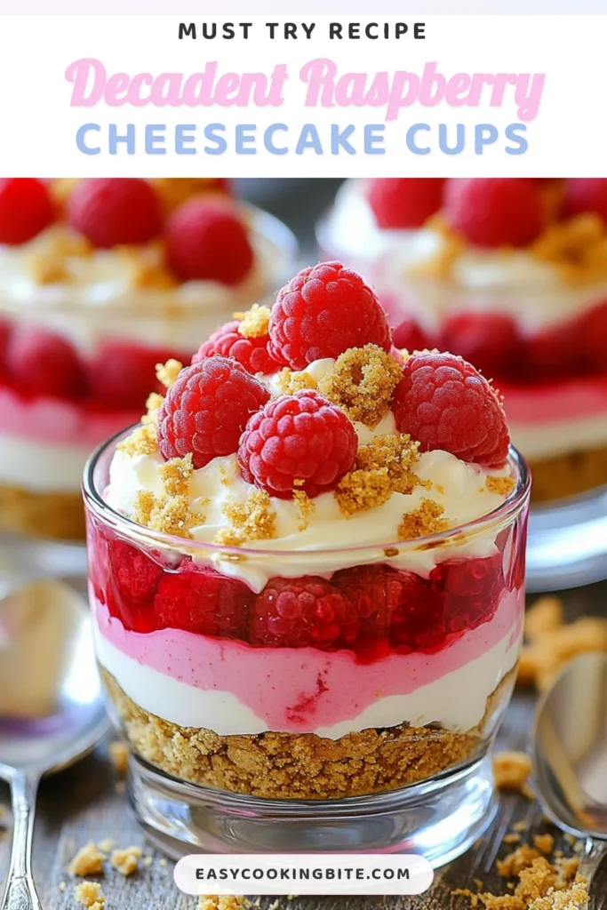 Indulge in these delightful Raspberry Cheesecake Mousse Cups, the perfect easy raspberry dessert recipe that promises to impress. This no-bake cheesecake mousse is both creamy and refreshing, making individual dessert cups a hit at any gathering. With fresh raspberries and graham cracker crust, this recipe is simple yet elegant. Treat yourself today and save this recipe for your next event! #RaspberryDesserts #CheesecakeMousse #EasyDesserts #NoBakeRecipes