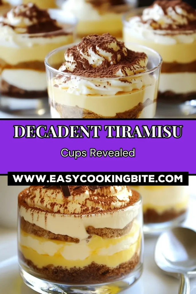 Indulge in this classic tiramisu recipe with easy tiramisu cups that are perfect for any occasion! This no-bake tiramisu cups dessert features a creamy mascarpone filling, layers of coffee-soaked ladyfingers, and a dusting of cocoa powder. Perfect for coffee dessert lovers, this mascarpone dessert recipe will impress your guests. Try it today and elevate your dessert game! Save this recipe for later! #Tiramisu #MascarponeDessert #NoBake #CoffeeDessertRecipes