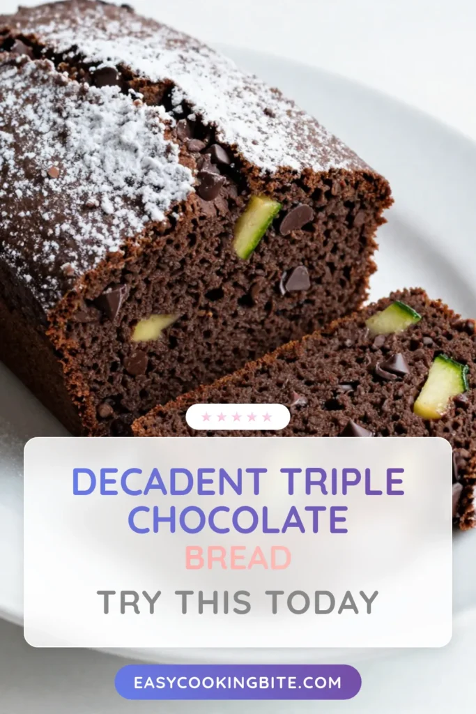 Indulge in this deliciously moist triple chocolate zucchini bread! This easy zucchini bread recipe combines grated zucchini with rich chocolate flavors, making it a perfect treat for chocolate lovers. Bake this chocolate zucchini bread from scratch for a healthier dessert. Enjoy a slice warm or with ice cream! Pin this healthy chocolate bread recipe for later and impress your friends and family. #ZucchiniBread #ChocolateLovers #BakingRecipes #HealthyTreats